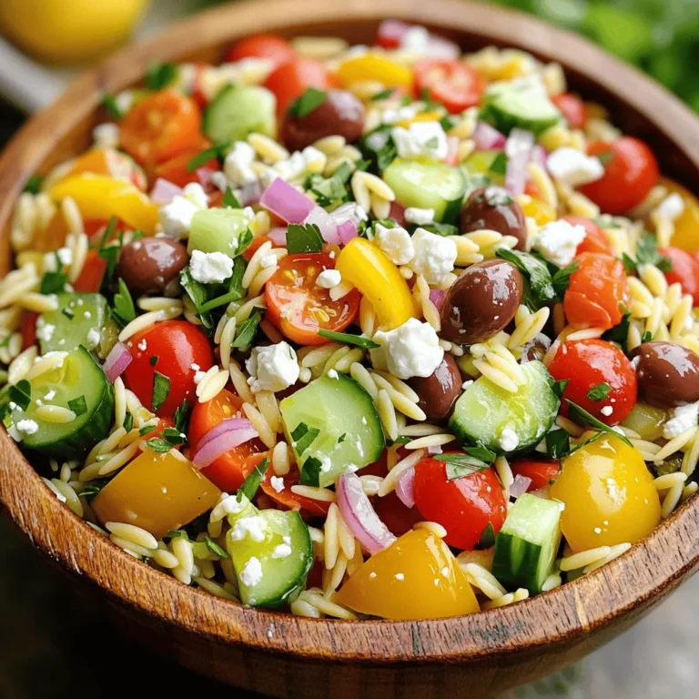 To make your Easy Greek Orzo Salad, you'll need some key ingredients. Here is a list of the main items: - 1 cup orzo pasta - 1 large cucumber, diced - 1 cup cherry tomatoes, halved - 1/2 red onion, finely chopped - 1 bell pepper (red or yellow), diced - 1/2 cup Kalamata olives, pitted and sliced - 1/2 cup feta cheese, crumbled - 1/4 cup fresh parsley, chopped These ingredients come together to create a bright and tasty dish. Orzo pasta adds a fun texture. The fresh veggies bring color and crunch. Kalamata olives add a salty bite. Feta cheese gives a creamy touch. The dressing is just as important as the salad itself. Here are the additional flavor-enhancing ingredients: - 3 tablespoons olive oil - 2 tablespoons lemon juice - 1 teaspoon dried oregano - Salt and pepper to taste This simple dressing brings all the flavors together. Olive oil creates a smooth base. Lemon juice adds brightness. Dried oregano gives that classic Greek taste. Adjust salt and pepper to your liking for the perfect finish. Understanding the health benefits of your ingredients makes cooking more rewarding. Here are some highlights: - Orzo pasta: A great source of carbs for energy. - Cucumber: Low in calories and high in water. Perfect for hydration. - Cherry tomatoes: Packed with vitamins A and C, they boost your immune system. - Red onion: Offers antioxidants and may help lower blood pressure. - Kalamata olives: Rich in healthy fats, they support heart health. - Feta cheese: A good source of calcium and protein. - Parsley: Full of vitamins K and C, it adds freshness. This salad not only tastes good but also provides essential nutrients. Enjoy the fresh flavors while nourishing your body. For the full recipe, check out the detailed instructions. Cook the orzo in a large pot of boiling salted water. Follow the package instructions for timing. Aim for al dente, which means it should still be firm. Once done, drain the orzo. Rinse it under cold water to stop the cooking. This helps keep the orzo from getting mushy. Set it aside to cool while you prepare the veggies. As the orzo cooks, grab your fresh vegetables. Start by dicing the cucumber into small pieces. Next, finely chop the red onion and chop the bell pepper. Halve the cherry tomatoes. Make sure all the pieces are about the same size. This way, every bite will have a mix of flavors. Fresh veggies make this salad bright and tasty. In a large mixing bowl, combine the cooked orzo and prepared veggies. Add the sliced Kalamata olives and crumbled feta cheese. Toss in the chopped parsley too. For the dressing, whisk together olive oil, lemon juice, dried oregano, salt, and pepper in a small bowl. Pour this dressing over the salad mixture. Gently toss everything together until each piece is well coated. This step is key to balancing the flavors. For the best flavor, let the salad chill in the fridge for at least 30 minutes. This allows the dressing to soak in, enhancing the taste. Serve the salad cold or at room temperature. It works great as a side dish or a light meal. Enjoy your Easy Greek Orzo Salad! For full details on making this dish, check the Full Recipe. Start with great orzo. Choose a high-quality brand for best texture. Cook it in salted water to add flavor. Drain the pasta well and rinse with cold water. This stops cooking and keeps it firm. Always prepare your veggies while the orzo cooks. This saves time and keeps things moving. For a burst of flavor, add fresh herbs like dill or mint. You can also toss in some capers for a briny kick. If you love spice, consider adding red pepper flakes. The dressing is key; whisk it well to combine the olive oil and lemon juice. For a creamier finish, mix in more feta cheese. Don't skip rinsing the orzo. This step prevents it from becoming sticky. Also, be careful with salt. The feta and olives are salty, so taste as you go. Avoid overcooking the veggies; they should stay crisp. Finally, let the salad chill for at least 30 minutes before serving. This helps the flavors mix well. For the full recipe, check out the Easy Greek Orzo Salad section above. {{image_2}} You can add protein to your Greek orzo salad to make it heartier. Grilled chicken, shrimp, or chickpeas work well. For chicken, use grilled strips for a nice touch. Shrimp adds a sweet flavor. If you want a vegetarian option, try chickpeas for a boost of protein and fiber. Feel free to swap in your favorite veggies. Zucchini, artichokes, or spinach can add variety. Zucchini adds a fresh crunch. Artichokes bring a tangy taste. Spinach can make the dish more colorful and healthy. The key is to keep the flavors bright and fresh. You can change the dressing to suit your taste. A balsamic glaze gives a sweet tang. A yogurt-based dressing can add creaminess. If you want a kick, try a spicy vinaigrette. Each dressing can change the salad's flavor profile while keeping it fresh. Explore these variations to find your favorite combination. You can check the Full Recipe for more delicious ideas! To keep your Easy Greek Orzo Salad fresh, store it in an airtight container. Glass containers work well, as they do not retain odors. Make sure the salad is completely cool before sealing. This helps prevent condensation, which can make the salad soggy. Your salad can last up to three days in the fridge. After that, the veggies may lose their crunch. If you see any signs of spoilage, it’s best to toss it out. Always check for freshness before enjoying leftovers. You can eat this salad cold for a refreshing taste. If you prefer it warm, gently heat it in the microwave. Use a low power setting to avoid overcooking the pasta. Stir it well to ensure even heating. Enjoy it as a light meal or side dish! For the full recipe, check out the details above. Orzo is a type of pasta that looks like grains of rice. It’s made from semolina flour. You can cook it like other pasta, and it blends well in salads. In our Easy Greek Orzo Salad, orzo adds a nice bite and texture. Yes, you can make the salad ahead of time. It tastes even better after chilling in the fridge. I suggest mixing the salad and dressing it at least 30 minutes before serving. This allows the flavors to blend nicely. You can store it for up to three days. Absolutely! To make a vegan version, simply leave out the feta cheese. You can add more veggies or use nuts for extra crunch. A sprinkle of nutritional yeast can also give a cheesy flavor without dairy. You can easily customize this salad. Add your favorite veggies like artichokes or spinach. For a spicy kick, toss in some diced jalapeños. You can also switch the dressing. Try balsamic vinegar for a sweeter touch. The key is to have fun and mix flavors you love! For the full recipe, check out the Easy Greek Orzo Salad section above. The Easy Greek Orzo Salad combines fresh ingredients and simple steps. You can cook orzo, prepare veggies, and mix everything for a tasty dish. Remember, you can add proteins or different dressings to switch it up. Avoid common mistakes to boost flavor. Store your salad well for lasting freshness. This dish is both healthy and fun to make. Enjoy creating your own version and share it with friends!