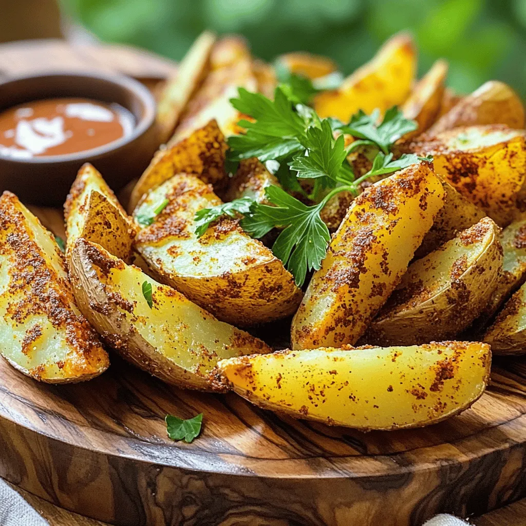 - 4 large russet potatoes, scrubbed clean - 1/4 cup olive oil - 1 tablespoon garlic powder - 1 tablespoon smoked paprika - 1 teaspoon dried oregano - 1 teaspoon onion powder - 1 teaspoon salt - 1/2 teaspoon black pepper - 1 tablespoon of fresh parsley, chopped (for garnish) If you want to change things up, you can swap oils. Use avocado oil or canola oil instead of olive oil for a lighter taste. You can also try different potatoes. Yukon Gold gives a creamier inside, while sweet potatoes add a sweet twist. Each option offers unique flavors that can elevate your dish. Russet potatoes are my go-to for crispiness. They have a high starch content, which helps achieve that perfect crunch. Look for potatoes that are firm with smooth skin. Avoid any that have spots or wrinkles. Fresh potatoes will give you the best results, making your wedges golden and crispy. First, scrub the russet potatoes well under running water. This gets rid of dirt and impurities. Use a brush to clean the skin if needed. After washing, dry them with a towel. Next, cut the potatoes. Slice each potato in half lengthwise. Then, cut each half into wedges. Aim for about eight wedges per potato. This helps them cook evenly. Now it’s time to mix the seasoning. In a large bowl, combine the olive oil, garlic powder, smoked paprika, oregano, onion powder, salt, and black pepper. Stir these well until they blend. You can use a whisk or a spoon. Once mixed, add the potato wedges to the bowl. Toss them gently in the oil mixture until each wedge is coated. This step is key for great flavor. Preheat your oven to 425°F (220°C). This step is very important. A hot oven ensures crispy edges. While it heats, line a baking sheet with parchment paper. This makes cleanup easy. Arrange the coated wedges on the baking sheet in a single layer. Make sure they have space between them. This helps air flow and crispiness. Bake the wedges for about 30 to 35 minutes. Flip them halfway through for even browning. When they look golden brown and crispy, they are done! Enjoy them fresh from the oven. For the full recipe, check the earlier section! To get those potato wedges super crispy, spacing is key. Place the wedges apart on your baking sheet. This way, hot air can flow around them. Avoid stacking or crowding. I recommend using parchment paper for the best result. It prevents sticking and helps the wedges crisp up nicely. Oven types can vary, so adjust cooking times as needed. If you have a convection oven, lower the temperature by about 25°F. This helps cook the wedges evenly. For standard ovens, stick to the 425°F setting. The right temperature ensures the outside gets crispy while the inside stays soft. Pair your crispy baked potato wedges with tasty dips. Ketchup and ranch are classic choices, but try spicy aioli for a twist. You can also add toppings for extra flavor. Cheese, sour cream, or even fresh herbs can make them pop. Enjoy your wedges with these fun additions! {{image_2}} You can easily change the taste of your potato wedges. For a spicy kick, add cayenne pepper or chili powder to the seasoning mix. This will bring heat and excitement. If you prefer herbs, try using fresh rosemary or thyme. These herbs will add a fragrant flavor that enhances the potatoes. Want to cook faster? Use an air fryer! It cooks the wedges in about 20 minutes. Set it to 400°F (200°C) and shake the basket halfway through. For a smoky taste, grill the wedges. Brush them with oil and grill for 5-7 minutes on each side. This method gives a nice char. If you are vegan, swap olive oil for a plant-based option like avocado oil. You can also mix in different spices that fit your taste. For gluten-free diets, check your seasoning blends. Many spices are gluten-free, ensuring everyone can enjoy these wedges. For the full recipe, you can refer to the earlier section. To keep your leftover potato wedges fresh, use an airtight container. Glass or plastic containers work well. Place a paper towel in the container to absorb moisture. This helps keep the wedges crispy. Store them in the fridge for up to three days. Avoid stacking the wedges on top of each other to prevent mushiness. The oven is the best way to reheat potato wedges. Preheat it to 400°F (200°C). Spread the wedges on a baking sheet. Bake for about 10-15 minutes until they get hot and crispy again. You can also use a stovetop. Heat some oil in a pan and add the wedges. Cook until they are warm and crispy. Avoid using the microwave. It makes the wedges soft and chewy. If you want to freeze your potato wedges, let them cool first. Place them on a baking sheet in a single layer. Freeze them for about one hour. Then, transfer the frozen wedges to a freezer bag. Remove as much air as possible before sealing. They will last for up to three months. When ready to use, thaw them in the fridge overnight. Reheat in the oven for the best results. You can make crispy wedges without oil by using a few tricks. First, try using an air fryer. It uses hot air to cook and crisp the potatoes. Second, coat the wedges with a mixture of spices. Use cornstarch or breadcrumbs to help them crisp up. You can also bake them on a hot pan, which helps create a nice crust. Yes, you can prep potato wedges ahead. Cut and season them, then store in an airtight container. Keep them in the fridge for up to 24 hours. When you're ready to cook, just spread them out on a baking sheet and bake. This saves time and keeps your meal simple. Some popular sauces include ketchup, ranch dressing, and spicy aioli. For a twist, try making a honey mustard sauce. Just mix honey, mustard, and a dash of vinegar. You can also make a simple garlic dip with yogurt, minced garlic, and lemon juice. Absolutely! To ensure safety, use clean utensils and a dedicated cutting board. Check all seasonings to confirm they are gluten-free. Avoid using shared pans or surfaces that may have gluten residue. This way, everyone can enjoy your tasty wedges safely. For a spicy kick, add cayenne pepper or chili powder to your seasoning mix. You can also toss the wedges with hot sauce before baking. If you like fresh heat, add diced jalapeños for extra flavor. Adjust the spice level based on your taste buds. Look for golden brown color and a crispy texture. The wedges should be tender inside when pierced with a fork. Bake for about 30-35 minutes, flipping halfway for even cooking. If they are crispy and golden, you know they're ready to enjoy. In this article, we covered how to make crispy baked potato wedges with easy steps. You learned about the key ingredients, seasoning tips, and different cooking methods. We also explored variations, storage advice, and FAQs to help you perfect this dish. Remember, using fresh russet potatoes and the right cooking techniques will give you the best results. Enjoy sharing these tasty wedges with friends or family. They will love every bite!