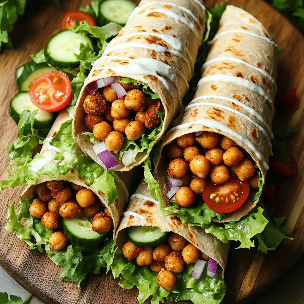 For these wraps, you need simple and fresh items. Here is what you will use: - 1 can (15 oz) chickpeas, drained and rinsed - 2 tablespoons olive oil - 4 large whole grain or pita wraps - 1 cup lettuce, chopped - 1 tomato, diced - 1/2 cucumber, sliced - 1/4 red onion, thinly sliced - 1/4 cup tahini sauce (store-bought or homemade) - Fresh parsley or cilantro for garnish Chickpeas are the star of this dish. They provide protein and texture. The wraps hold everything together and make it easy to eat. Spices add a lot of flavor to your wraps. Here’s what you’ll need: - 2 teaspoons ground cumin - 2 teaspoons ground coriander - 1 teaspoon smoked paprika - 1/2 teaspoon ground turmeric - 1/2 teaspoon cayenne pepper (adjust to taste) - Salt and pepper to taste These spices bring warmth and depth. Cumin and coriander give a nice earthiness. Smoked paprika adds a hint of smokiness that lifts the chickpeas. Toppings make your wraps fun and colorful. Try these: - Extra chopped lettuce - Sliced radishes - Pickled vegetables - Avocado slices - Extra tahini sauce Feel free to mix and match toppings. Each adds its own flair to the wrap. You can also add more herbs for freshness. The right toppings can make your meal even more exciting! For the full recipe, check out the complete guide to Vegan Chickpea Shawarma Wraps. Start by gathering your ingredients. You need a can of chickpeas, some spices, and your wraps. Preheat your oven to 400°F (200°C). This helps the chickpeas roast nicely. Next, drain and rinse the chickpeas. This step is key to remove any canning liquid. Spread them out on a baking sheet lined with parchment paper. This keeps them from sticking. In a small bowl, mix the olive oil with the spices. You’ll use cumin, coriander, smoked paprika, turmeric, and cayenne pepper. Add salt and pepper to taste. This mixture brings out all the flavors. Drizzle it over the chickpeas. Toss them well so they get coated evenly. Roast the chickpeas in the oven for 20 to 25 minutes. Shake the pan halfway through. This ensures they cook well and get crispy. Once golden brown and crunchy, take them out and let them cool a bit. Now it’s time to assemble your wraps. Lay out your whole grain or pita wraps on a clean surface. Start with a layer of chopped lettuce. Then, add diced tomatoes, cucumber slices, and thinly sliced red onion. These veggies add color and crunch. Next, pile on the roasted chickpeas. Drizzle some tahini sauce over everything. This adds a creamy texture. For a final touch, sprinkle fresh parsley or cilantro on top. Fold the sides of the wrap inward and roll tightly from the bottom. If you want a crispy finish, toast the wraps in a hot skillet for 1 to 2 minutes on each side. Enjoy your Vegan Chickpea Shawarma Wraps! For the full recipe, see above. To get crispy roasted chickpeas, start with dry chickpeas. Drain and rinse your chickpeas well. Next, pat them dry with a towel. Moisture leads to sogginess. Once dry, toss them with olive oil and spices. Make sure they are well-coated. Spread them out on a baking sheet. Avoid crowding the pan. This allows hot air to circulate. Roast them at 400°F (200°C) for about 20-25 minutes. Shake the pan halfway through to brown them evenly. You want them golden and crunchy. When assembling your wraps, layer your ingredients smartly. Start with a base of lettuce. This helps catch any juices from the veggies. Add the chickpeas next, followed by tomatoes, cucumbers, and onions. Drizzle tahini sauce over everything. This adds creaminess and flavor. Be careful not to overfill. Leave some space at the edges to fold the wrap. Fold the sides over the filling first, then roll from the bottom. This keeps everything inside. If you want a crispy finish, toast the wraps in a hot skillet for a minute on each side. These wraps are great on their own, but you can elevate them. Serve with extra tahini sauce for dipping. A side of fresh veggies or a salad makes a nice touch. You could also add some pickled veggies for a tangy kick. For drinks, try a refreshing mint lemonade. It pairs well with the spices. If you want to impress guests, arrange the wraps on a platter with fresh herbs. It looks colorful and appetizing. For the full recipe, check out the main section. {{image_2}} You can switch up the wraps to suit your taste. Here are some fun ideas: - Lettuce Wraps: Use large lettuce leaves like romaine or butter lettuce for a low-carb option. - Gluten-Free Wraps: Look for gluten-free tortillas or wraps made from rice or corn. - Whole Wheat or Spinach Wraps: These add extra fiber and nutrients. They also bring a nice color. These options keep your meal fresh and exciting! Want to boost the protein in your chickpea shawarma wraps? Try these add-ins: - Quinoa: This super grain is a great source of protein. Cook it and mix it with the chickpeas for added texture. - Tofu: Crumbled or cubed tofu can add a nice bite. Marinate it in the same spices for great flavor. - Tempeh: This fermented soy product is rich in protein. Slice it thin and sauté it for a chewy texture. These choices not only enhance flavor but also make your meal more filling. The sauce can change everything! Here are some tasty sauce ideas: - Garlic Sauce: Blend garlic, lemon juice, and olive oil for a zesty kick. - Spicy Sriracha Sauce: Mix sriracha with vegan mayo for a creamy and spicy dip. - Cilantro Lime Dressing: Blend fresh cilantro, lime juice, and olive oil for a refreshing twist. These sauces can make each wrap unique. Experiment and find your favorite! You can find the full recipe to get started on your delicious journey. To store leftover wraps, wrap each one in foil or plastic wrap. This keeps them fresh. Place the wraps in an airtight container. Store them in the fridge for up to three days. If you want a quick snack, make sure they are easy to grab. When you're ready to eat, reheat the wraps. You can use a skillet or an oven. For the skillet, heat it over medium heat. Place the wrap in the skillet and heat for about 2-3 minutes on each side. If using the oven, preheat it to 350°F (175°C). Wrap the shawarma in foil and heat for about 10 minutes. This makes the wrap warm and crispy. You can freeze these wraps for later use. Wrap each one tightly in plastic wrap, then place them in a freezer bag. Make sure to remove as much air as possible. These wraps can last in the freezer for up to three months. When you want to eat, thaw them in the fridge overnight. Reheat as mentioned earlier. Enjoy the flavors any time! Yes, you can use canned chickpeas! They save time and are easy to use. Just drain and rinse them before cooking. Canned chickpeas are soft, so they blend well with spices. This makes them perfect for roasting. If you don’t have tahini, you can try other options. Sunflower seed butter works well. You can also use almond butter or peanut butter. For a lighter choice, mix Greek yogurt with lemon juice. Each option adds a unique flavor. Experiment to find your favorite! To spice up your shawarma wraps, add more cayenne pepper. You can also use hot sauce or chili flakes for heat. Another option is to add sliced jalapeños for a fresh kick. Adjust the spice to fit your taste. Enjoy the heat! In this post, we explored vegan chickpea shawarma wraps, covering ingredients, preparation, and tips. We shared how to roast chickpeas for a crispy texture and suggested tasty toppings and sauces. With options for wraps and protein, these meals are fun and flexible. Store leftovers easily or prep them for later. Enjoying a healthy dish has never been simpler. Make these wraps your own, and savor every bite. You’ll soon find this recipe a favorite in your kitchen.