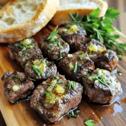 - 1 lb sirloin steak, cut into bite-sized pieces - 4 tablespoons unsalted butter - 4 cloves garlic, minced - Fresh herbs: rosemary and thyme - Seasonings: salt and pepper - 1 tablespoon olive oil The main ingredients are simple yet packed with flavor. I love using sirloin steak for its tenderness and rich taste. The unsalted butter adds creaminess, while minced garlic gives it a bold kick. Fresh rosemary and thyme bring a lovely aroma, making the dish feel special. Don't forget to season your steak with salt and pepper for the best taste. A splash of olive oil helps the steak sear nicely. - Chopped parsley for garnish - Crusty bread for serving While not necessary, chopped parsley adds a fresh touch to your dish. Plus, serving with crusty bread lets you soak up that amazing garlic butter sauce. If you want to make this dish even more delightful, these optional ingredients are a great choice. For the full recipe, you can check out the detailed instructions. Happy cooking! First, season the steak bites with salt and pepper. Use enough seasoning to cover each piece well. This step brings out the steak's natural flavor. Next, cut the steak into uniform pieces. Aim for about one-inch cubes. This helps the steak cook evenly. Heat one tablespoon of olive oil in a large skillet. Use medium-high heat until the oil shimmers. This shows that the oil is hot enough. Add the steak bites in a single layer. If your skillet is small, cook in batches. Sear the steak bites for about 2-3 minutes on one side. Then, flip them and cook for another 2 minutes. This will give you a nice brown crust. Remove the steak from the skillet and set it aside. In the same skillet, reduce the heat to medium. Add 4 tablespoons of unsalted butter and 4 minced garlic cloves. Stir these together gently. Add one teaspoon each of fresh rosemary and thyme. Keep stirring for about a minute until the garlic is fragrant and golden. Be careful not to burn the garlic. Now, return the steak bites to the skillet. Toss them in the garlic butter sauce until they are well coated. Make sure they heat through. Serve immediately for the best taste. If you want, sprinkle some chopped parsley on top for a fresh look. Enjoy your delicious garlic butter steak bites! For the complete recipe, check [Full Recipe]. To get the best steak bites, pay attention to cooking times. For rare steak, cook for about 2 minutes per side. For medium, go for 3 minutes per side. If you like it well done, aim for 4 minutes on each side. Choosing the right cut of steak is key. Sirloin is a great choice for this dish. It’s tender and flavorful. You can also use ribeye or tenderloin for a richer taste. Just remember, the better the cut, the better the bites. Making garlic butter variations can bring new life to your steak bites. Try adding a squeeze of lemon juice for a bright twist. You can also mix in some red pepper flakes for heat. Marinating steak bites before cooking adds extra flavor. A simple mix of olive oil, garlic, and herbs works wonders. Let the steak sit in the marinade for at least 30 minutes. This step brings out the best in the meat. Serving styles can make your dish stand out. Use a wooden board or a rustic plate. Drizzle the garlic butter on top for a nice touch. Don’t forget to garnish with chopped parsley for color. The best plates for serving garlic butter steak bites should be simple and elegant. Choose something that shows off the dish. A clean white plate works well. It makes the colors pop and looks appealing. {{image_2}} You can use different cuts for your steak bites. Ribeye is rich and juicy. It has good marbling, making it tender. Tenderloin is lean and very soft. It cooks fast and tastes great. Flank steak is more affordable. It has a strong flavor, but it can be tough. Make sure to slice it thin against the grain. Each cut gives a unique taste and texture. You can boost the flavor with simple extras. Adding red pepper flakes gives a nice kick. If you like bright flavors, try lemon zest. It adds freshness. You can also swap in different herbs. Basil, parsley, or oregano all work well. Each herb brings its own twist to the dish. Experiment and find your favorite mix! Garlic butter steak bites are great with many sides. Pair them with roasted vegetables for a balanced meal. They also go well with pasta. Toss it with olive oil and garlic for harmony. Salads are another good choice. A fresh salad with greens can lighten the meal. These bites are versatile and can fit into many meals. For the full recipe, check out the cooking steps above. To keep your cooked garlic butter steak bites fresh, store them in an airtight container. Let the steak bites cool down to room temperature first. This step helps prevent moisture build-up, which can make the steak soggy. You can use glass or plastic containers with tight-fitting lids. If you want to keep them for longer, you can freeze them. Just make sure to use freezer-safe containers or bags. To reheat steak bites, the best method is to use a skillet. Heat a bit of olive oil over medium heat. Add the steak bites, and cook for a few minutes until they are warm. This keeps the flavor and texture intact. For the garlic butter sauce, gently warm it in a small saucepan. Stir it often to avoid burning. You can add a splash of water or broth if it seems too thick. Enjoy your delicious steak bites just like the first time! To make garlic butter, you need a few simple items. Here’s what you need: - 4 tablespoons unsalted butter, softened - 4 cloves garlic, minced - 1 teaspoon fresh rosemary, chopped (optional) - 1 teaspoon fresh thyme, chopped (optional) - Salt to taste Start by mixing the softened butter and minced garlic in a bowl. If you want more flavor, add the chopped herbs. Stir well until it’s smooth. You can use this garlic butter right away or wrap it in plastic wrap and chill it for later. It’s great on bread or for cooking. Yes, you can use frozen steak, but it’s best to thaw it first. Frozen steak can cook unevenly. It may end up tough if you cook it straight from frozen. To thaw, place it in the fridge overnight or use the cold water method. Just seal it in a bag and submerge it in cold water, changing the water every 30 minutes. Once thawed, cut it into bite-sized pieces and season it. To check if steak bites are done, look for color and use a meat thermometer. For medium-rare, the internal temperature should be around 130°F. If it’s medium, aim for 140°F. The steak should be brown on the outside and slightly pink inside. If you don’t have a meat thermometer, cut one piece in half to check the color. Garlic butter steak bites pair well with many sides. Here are some tasty ideas: - Crusty bread to soak up the garlic butter - Roasted vegetables like asparagus or broccoli - A fresh salad with greens and a light dressing - Mashed potatoes or rice for a hearty meal Feel free to mix and match sides to your liking! You can prepare some parts of this recipe ahead of time. Season the steak bites and make the garlic butter earlier in the day. Just store them in the fridge. When you're ready to cook, heat the skillet and cook the steak bites quickly. This helps keep the meal fresh and flavorful. You can serve them right away after cooking for the best taste. For the full recipe, check the detailed instructions above. This recipe for garlic butter steak bites combines simple steps with tasty results. You learned how to select your steak, make a rich garlic butter sauce, and present your dish beautifully. Remember, experimenting with different herbs or cuts can enhance flavor. Proper storage and reheating steps ensure leftovers stay delicious. Enjoy crafting this dish and impressing friends with your new skills. Each bite delivers great taste and satisfaction, making it a winner for any meal.