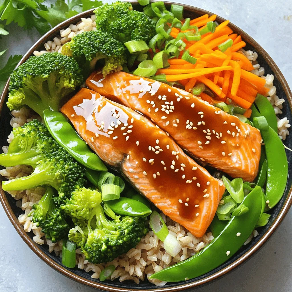 Here is what you need for Teriyaki Salmon Bowls: - 2 salmon fillets - 1 cup brown rice - 1/4 cup soy sauce (or tamari for gluten-free) - 2 tablespoons honey or maple syrup - 1 tablespoon sesame oil - 1 teaspoon grated ginger - 1 garlic clove, minced - 1 cup broccoli florets - 1 cup snap peas - 1 carrot, julienned - Sesame seeds for garnish - Green onions, chopped for garnish Each ingredient plays an important role. Salmon gives protein and flavor. Brown rice adds a chewy base. Soy sauce or tamari gives that savory taste. Honey or maple syrup brings sweetness. Sesame oil adds a nutty touch. Ginger and garlic add depth. The veggies not only add color but also nutrients and crunch. You can find the full recipe for a step-by-step guide on how to prepare this dish. Enjoy! First, rinse 1 cup of brown rice under cold water. This removes dust and extra starch. Next, cook the rice in a pot. Use 2 cups of water for every cup of rice. Bring it to a boil, then reduce heat. Cover and let it simmer for 30 to 40 minutes. The rice is ready when it's soft and fluffy. For the teriyaki sauce, gather these ingredients: - 1/4 cup soy sauce (or tamari for gluten-free) - 2 tablespoons honey or maple syrup - 1 tablespoon sesame oil - 1 teaspoon grated ginger - 1 garlic clove, minced In a small bowl, mix all these items. Whisk them together until smooth. This sauce adds a sweet and savory flavor to the dish. Now, let’s cook the salmon. Heat a non-stick skillet over medium heat. Add 2 salmon fillets skin-side down. Sear them for 4 to 5 minutes. You want the skin to be crispy. Flip the fillets over and pour half of the teriyaki sauce on top. Cook for another 3 to 4 minutes. The salmon should be just cooked through. While the salmon cooks, prepare the veggies. Bring a pot of water to a boil. Add 1 cup of broccoli florets and 1 cup of snap peas. Blanch them for 2 to 3 minutes. You want them bright green and tender-crisp. Drain the veggies and set them aside. Now it’s time to assemble the bowls. Start with a base of brown rice in each bowl. Place a salmon fillet on top of the rice. Then, arrange the blanched vegetables around the salmon. Drizzle the remaining teriyaki sauce over the top for added flavor. For the final touch, sprinkle sesame seeds and chopped green onions on each bowl. This adds flavor and a nice crunch. Serve the bowls with extra teriyaki sauce on the side. Enjoy your tasty Teriyaki Salmon Bowls! For more detailed instructions, check the Full Recipe. To check if your salmon is done, gently press the thickest part with a fork. If it flakes easily, it’s ready. For crispy skin, start cooking with the skin side down in a hot pan. This helps render the fat and makes the skin nice and crunchy. Don’t rush this step; give it 4-5 minutes before flipping. Want to spice things up? Add some red pepper flakes or sriracha to your sauce for heat. You can also toss in some pineapple juice for a sweet twist. If you like a thicker sauce, let it simmer on low heat until it reduces a bit. This will make the flavors pop even more. If you need rice fast, try quick-cook rice or instant rice options. These can save you time, cooking in just 10 minutes. You can also swap brown rice for quinoa or cauliflower rice for a low-carb choice. Just follow the package instructions for the best results. For the full recipe, check out the details above. {{image_2}} You can switch out the salmon for other proteins. Chicken works well if you want a milder taste. Just grill or sauté it until it’s cooked. Tofu is great for a vegetarian option. Press it to remove water, then sauté it until golden. Shrimp is another fantastic choice. Cook them in the same teriyaki sauce for a sweet and savory taste. Feel free to use any vegetables you like. Seasonal veggies add freshness to your bowl. Bell peppers and zucchini are colorful choices. Spinach or kale adds a nice touch of green. Even frozen mixed vegetables can save time and still taste good. Use what’s in your fridge or what you enjoy most! You can tweak the teriyaki sauce for a new flavor. Add a splash of rice vinegar for tanginess. For a spicy kick, mix in some chili paste. If you love sesame, toss in a spoonful of sesame seeds while cooking. You can also use store-bought sauces if you’re in a hurry. Just make sure they taste good to you. For the full recipe, check out the complete guide above. To keep your teriyaki salmon bowls fresh, store them in airtight containers. Place the salmon, rice, and veggies in separate sections. This helps keep the textures nice. Refrigerate within two hours of cooking. Use leftovers within three days for the best taste. When you're ready to enjoy leftovers, reheat gently. The best way is to use the microwave. Heat in short bursts, about 30 seconds at a time. Stir after each burst to ensure even heat. You can also use a skillet over low heat. This keeps the salmon from drying out. If you want to save some bowls for later, freezing is a great option. Before freezing, let everything cool completely. Pack the rice, salmon, and veggies in freezer-safe bags. Remove as much air as you can. To thaw, place them in the fridge overnight. Reheat as mentioned above for a tasty meal. For complete cooking details, check the Full Recipe. You can pair your Teriyaki Salmon Bowls with many tasty sides. Here are some great options: - Steamed edamame - Cucumber salad with rice vinegar - Miso soup for warmth - Kimchi for a spicy kick - Pickled vegetables for crunch These sides add color and flavor to your meal. Mix and match to find your favorite! Yes, you can make the teriyaki sauce ahead of time. Here’s how to do it: - Combine all sauce ingredients in a bowl. - Store it in a sealed jar in the fridge. - It lasts up to one week! Making the sauce early saves time. You can even freeze it in ice cube trays for quick use later. To cook salmon just right, check for these signs: - Look for bright pink flesh that flakes easily. - The internal temperature should reach 145°F (63°C). - Cook skin-side down for crispy texture. Using a food thermometer helps. If you don’t have one, gently press the salmon with a fork. If it flakes, it’s done! Yes, it can be gluten-free! Use tamari instead of soy sauce. Here are some tips: - Check labels for gluten in sauces. - Use gluten-free grains if you swap rice. - Fresh veggies are naturally gluten-free! With these choices, you can enjoy Teriyaki Salmon Bowls without worry. This blog post showed you how to make delicious teriyaki salmon bowls. You learned about the key ingredients, step-by-step cooking methods, and tips for perfect results. Don't forget to try different proteins and veggies to mix things up. Storing leftovers is simple, and reheating ensures great taste. Use what you learned to create healthy meals at home. Enjoy cooking, and share your tasty bowls with friends and family!