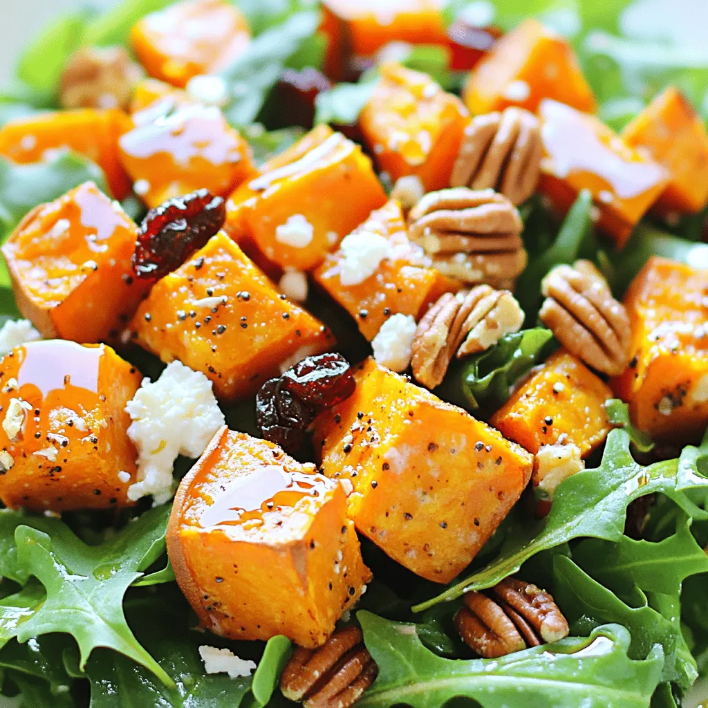 - 2 large sweet potatoes, peeled and diced - 3 cups mixed greens (arugula, spinach, and kale) - 1/2 cup pecans, roughly chopped - 2 tablespoons olive oil - 3 tablespoons maple syrup - 1 teaspoon cinnamon - 1/2 teaspoon salt - 1/4 teaspoon black pepper - 1/4 cup feta cheese, crumbled - 1/4 cup dried cranberries To make this roasted sweet potato salad, I focus on fresh, vibrant flavors. Sweet potatoes give the salad a warm, hearty base. I use mixed greens for a crisp texture. The pecans add a crunchy element that balances the softness of the sweet potatoes. When choosing sweet potatoes, look for firm ones with smooth skin. Their natural sweetness pairs perfectly with the maple syrup and cinnamon. The greens offer a mix of flavors, adding life to each bite. I often suggest using olive oil for roasting. It enhances the sweet potatoes and helps achieve a golden finish. The maple syrup adds a sweet touch, while cinnamon brings warmth. Don't forget the salt and pepper, as they elevate the overall flavor. For extra fun, consider the optional add-ins. Feta adds a creamy, salty bite. Dried cranberries give a pop of sweetness and color. You can find more details in the Full Recipe. This dish not only looks stunning but tastes amazing too! - Preheat oven to 425°F (220°C). - Toss sweet potatoes with olive oil, cinnamon, salt, and pepper. - Spread sweet potatoes on a baking sheet. Roast until tender and caramelized. Roasting sweet potatoes is the heart of this recipe. When you coat the diced sweet potatoes with olive oil and spices, you enhance their natural flavor. The cinnamon adds warmth, while the salt and pepper bring balance. Aim for a golden color on the edges. This caramelization makes each bite delightful. - Combine pecans with olive oil and maple syrup in a skillet. - Cook until toasted and caramelized. The pecans add a crunchy twist to the salad. When you mix them with olive oil and maple syrup, they become sweet and nutty. Cooking them over medium heat helps release their oils. Stir often to prevent burning. Once they turn golden brown, take them off the heat. This step is key to getting that perfect crunch. - Layer mixed greens in a serving bowl. - Add roasted sweet potatoes and top with pecans, cranberries, and feta. Now comes the fun part: assembling the salad! Start with a generous layer of mixed greens. I love using arugula, spinach, and kale for a vibrant mix. Then, add the roasted sweet potatoes. Their warmth will slightly wilt the greens, making them perfect. Finally, sprinkle the crunchy pecans, dried cranberries, and feta cheese on top. This creates a colorful and tasty dish. For the full recipe, check out the complete guide. To get sweet potatoes just right, I recommend using parchment paper. It makes cleanup a breeze. Also, flip your sweet potatoes halfway through roasting. This helps them caramelize evenly and adds a lovely flavor. Before serving, I like to drizzle extra maple syrup or olive oil over the salad. This adds a nice touch of sweetness. You can also brighten the dish by adding citrus juice or zest. Lemon or orange works well for this! Serving your salad can be fun! You might try a large platter for family meals. For individual servings, use small bowls. To make it pretty, garnish with whole pecans and cranberries. These little touches make your salad look as good as it tastes! {{image_2}} You can make this salad more filling by adding protein. Grilled chicken works great for meat lovers. It adds flavor and makes the dish hearty. If you want a plant-based option, try chickpeas. They add texture and protein without meat. For a heartier salad, consider quinoa or farro. Both grains have a nutty taste and boost nutrition. They also pair well with sweet potatoes and greens. Switching up the greens can change the whole salad. You can use kale or romaine instead of mixed greens. Both have a nice crunch and hold up well to dressings. If you want a spicy twist, try arugula. It adds a peppery kick that complements the sweetness of the potatoes. Mixing greens can create a fun, tasty salad that keeps things interesting. The dressing can really make or break this salad. While maple syrup adds sweetness, you can experiment with balsamic vinaigrette. It adds a tangy flavor that balances the sweet potatoes. Another option is a yogurt-based dressing. This adds creaminess and a rich taste. Feel free to mix and match dressings to find your favorite blend. Each choice can change the whole vibe of the dish. For detailed cooking steps, refer to the Full Recipe. Store leftover salad in an airtight container. This keeps it fresh for later. If you want to maintain crispness, keep the dressing separate. This prevents the greens from wilting and losing their vibrant look. When ready to eat, simply drizzle on the dressing. You can freeze sweet potatoes before roasting them. Just dice and place them in a freezer bag. When you are ready to use them, roast them from frozen or thaw them first. Pecans can also be stored for longer shelf life. Keep them in a cool, dry place or freeze them for fresh flavor. Reheat sweet potatoes in the oven for the best texture. This will keep them crispy outside and soft inside. If you like it cool, serve the salad chilled. This makes for a light and refreshing summertime dish. Yes, you can prepare components separately and assemble before serving. This makes it easy for a busy weeknight or a gathering. Yes, all ingredients are naturally gluten-free. This means everyone can enjoy it without worry. Omit feta cheese and use a plant-based dressing. This keeps the flavors fresh and vibrant while meeting vegan needs. This salad brings together the sweet taste of roasted sweet potatoes, crunchy pecans, and healthy greens. Following the tips and tricks, you can make it perfect. Remember, you can add protein or different greens for a personal touch. You can even store leftovers for later meals. This dish is flexible, tasty, and good for you! Enjoy each bite knowing it's not just filling but also nutritious.