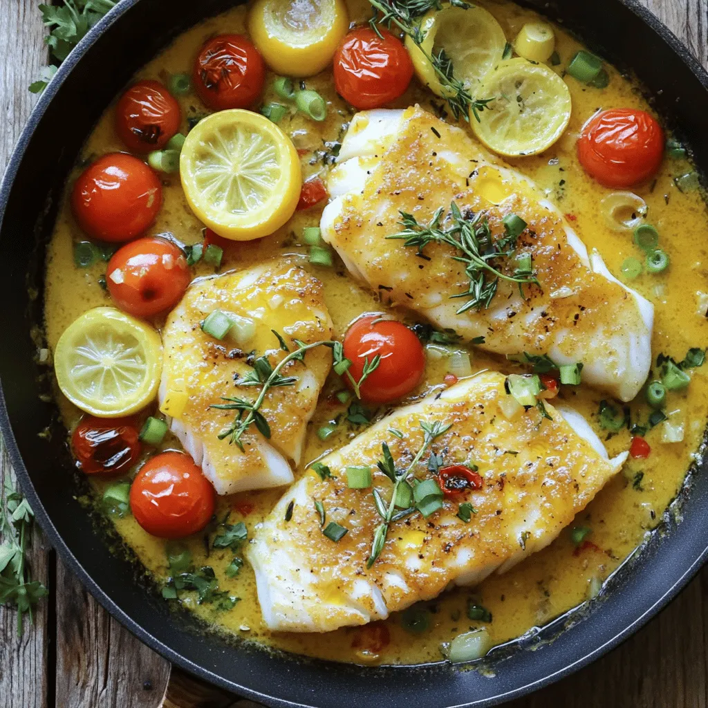 When making Lemon Butter Cod Skillet, the right ingredients make a big difference. Here’s what you need for this simple and tasty dish: - 4 cod fillets (about 6 ounces each) - 3 tablespoons unsalted butter - 2 tablespoons olive oil - 3 cloves garlic, minced - 1 lemon (zest and juice) - Salt and pepper to taste - 1 teaspoon fresh thyme leaves (or ½ teaspoon dried thyme) - 1 cup cherry tomatoes, halved - ½ cup green onions, chopped - Fresh parsley, chopped (for garnish) Each ingredient adds flavor and texture to the dish. Fresh cod is key; it should be firm and not fishy. Unsalted butter adds richness, while olive oil helps to cook the fish evenly. Garlic brings a nice aroma, and lemon adds brightness. Thyme gives a hint of earthiness, while cherry tomatoes bring sweetness and color. Green onions offer a mild bite, and parsley adds freshness. For more details on how to prepare this dish, check out the Full Recipe. Start by patting the cod fillets dry with paper towels. This step helps the fish crisp up nicely. Then, season both sides of the fillets with salt and pepper. This simple seasoning brings out the cod's natural flavor. Next, heat a large skillet over medium-high heat. Add two tablespoons of olive oil and one tablespoon of unsalted butter. Let the butter melt completely. The oil and butter mix adds great flavor and prevents sticking. Once the skillet is hot, gently add the seasoned cod fillets. Cook each side for three to four minutes. Look for a golden brown color and make sure the fish flakes easily with a fork. This will show that it is perfectly cooked. After the cod is done, take it out and set it aside on a plate. In the same skillet, lower the heat to medium. Add three cloves of minced garlic and sauté for about 30 seconds. You want it fragrant but not burnt. Then, toss in one cup of halved cherry tomatoes and one teaspoon of fresh thyme. Cook for another two minutes until the tomatoes soften. Now it’s time to make the sauce. Lower the heat and add the juice of one lemon and the remaining two tablespoons of butter. Stir until the butter melts and mixes well with the lemon juice. This creates a rich and zesty sauce. Carefully return the cooked cod to the skillet. Spoon some of the lemon-butter sauce over the top. Let it heat for about one minute. Finally, garnish with half a cup of chopped green onions and some fresh parsley. This adds a pop of color and flavor to your dish. For the complete experience, refer to the Full Recipe. Enjoy your meal! To keep your cod moist, start by patting the fillets dry. This helps them sear better. Use medium-high heat to cook them quickly. Avoid flipping the fish too soon; let it brown first. When you see a golden crust, flip it gently. Cook for about 3-4 minutes per side. This timing ensures your cod stays flaky and tender. To boost flavor, try adding herbs like dill or basil. Fresh parsley adds a nice touch as a garnish. If you want heat, a pinch of red pepper flakes works well. Lemon zest enhances the lemon flavor, making it brighter. Feel free to experiment with spices like paprika or cumin for a unique twist. This cod pairs well with light side dishes. A fresh green salad adds crunch and balance. Roasted asparagus or green beans make a great match. You can also serve it with rice or quinoa for a filling meal. These sides complement the lemon butter sauce beautifully. Enjoy the mix of flavors and colors on your plate! {{image_2}} You can swap cod for other fish. Try salmon, tilapia, or halibut. Each fish gives a unique taste and texture. Salmon is rich and buttery, while tilapia is mild and flaky. Adjust the cooking time as needed. Salmon needs a few more minutes, but tilapia may cook faster. Want a plant-based version? Use tofu or chickpeas instead of fish. For tofu, press it to remove extra water, then cube it. Sauté the tofu until golden. For chickpeas, add them to the skillet with tomatoes. Use vegetable broth instead of butter to make a rich sauce. You can change the veggies in this dish. Instead of cherry tomatoes, try bell peppers or zucchini. Add spinach for a fresh twist. You can also use fresh herbs like basil or dill. Just remember that each swap will change the dish's overall flavor. To store your Lemon Butter Cod Skillet leftovers, let them cool first. Place the cod and sauce in an airtight container. This helps keep the fish fresh. You can store it in the fridge for up to three days. Make sure to seal the container well. You don’t want any odors from your fridge getting in. If you want to keep the dish longer, freezing works well. However, I recommend freezing only the cod and sauce. The tomatoes and herbs may not thaw well. To freeze, let the cod and sauce cool completely. Transfer them to a freezer-safe bag or container. Remove as much air as you can before sealing it. You can keep it frozen for up to two months. When you are ready to eat, just thaw it in the fridge overnight. To reheat your cod without drying it out, use low heat. You can use a skillet or microwave. If using a skillet, add a splash of water or broth. This helps keep the fish moist. Heat it over low heat for about five minutes. If using a microwave, cover the dish with a damp paper towel. This creates steam and keeps it juicy. Heat in short bursts, checking often to avoid overcooking. Yes, you can use frozen cod. Just make sure to thaw it before cooking. Place the frozen fillets in the fridge overnight or run them under cold water. This helps keep the fish moist and tasty. I love pairing this dish with simple sides. Here are some great options: - Steamed broccoli - Garlic mashed potatoes - Rice pilaf - A fresh green salad These sides complement the cod's flavors well. Check the cod for its color and texture. The fish should turn opaque and flake easily with a fork. This usually takes about 3-4 minutes per side. If it's still translucent, give it more time. You can prep some parts ahead. Cook the cod and store it in the fridge. To reheat, place it in a skillet on low heat. Add a splash of water to keep it moist. You can also make the lemon-butter sauce ahead of time. If you don't have fresh thyme, use dried thyme. You can also try other herbs like oregano or parsley. They both add a nice touch to the dish. Just remember, dried herbs are stronger, so use less. For the complete cooking process, check the Full Recipe. In this blog post, we explored a simple recipe for lemon butter cod. We went through each ingredient and step, ensuring a flavorful and moist dish. You learned cooking tips and variations like using other proteins or making it vegan. Storing leftovers and reheating methods are essential for enjoying your meal later. Remember, cooking is about fun and creativity. Enjoy making this dish, and feel free to customize it! Happy cooking!
