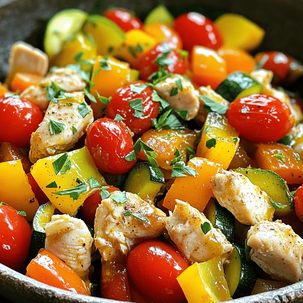 - 1 lb boneless, skinless chicken breasts, cut into bite-sized pieces - 1 bell pepper, diced - 1 zucchini, sliced into half-moons - 1 cup cherry tomatoes, halved Chicken is the star here. It cooks fast and stays juicy. Use fresh veggies for great color and taste. Bell peppers add crunch, while zucchini brings a soft texture. Cherry tomatoes add sweetness and a burst of flavor. - 2 tablespoons olive oil - 2 cloves garlic, minced - 1 teaspoon dried Italian herbs Olive oil gives a nice flavor and helps cook the chicken. Garlic adds a fragrant note that lifts the dish. Italian herbs blend well with the chicken and veggies, bringing a homey taste. - Additional veggies like carrots or broccoli - Spices like paprika or red pepper flakes Feel free to add more veggies for extra nutrients. Carrots and broccoli are great choices. If you like heat, sprinkle in some paprika or red pepper flakes for a kick. This recipe is flexible, so have fun with it! You can find the full recipe above for all the details. First, cut your chicken into bite-sized pieces. This helps it cook evenly. Next, chop your vegetables. Dice the bell pepper and slice the zucchini into half-moons. This adds color and crunch to your dish. Now, preheat your skillet over medium heat. I like to use a large skillet for this recipe. It gives me enough space to brown the chicken and cook the veggies without crowding. Once the skillet is hot, add the olive oil. Let it heat for a moment. Add the chicken pieces to the skillet. Season with salt, pepper, and half of the Italian herbs. Cook for about 5-7 minutes. Stir occasionally until the chicken is brown and cooked through. Next, add the minced garlic to the skillet. Sauté for about 30 seconds. You want the garlic to become fragrant but not burned. Then, stir in your diced bell pepper and zucchini. Cook for another 5 minutes. The veggies should be tender but still crisp. Now, it’s time to add the halved cherry tomatoes. Stir them into the skillet along with the remaining Italian herbs. Cook for an additional 3-4 minutes. This allows the tomatoes to soften slightly and release their juices. Taste your dish and adjust the seasoning if needed. You can add more salt, pepper, or herbs based on your preference. Finally, remove from heat. Garnish with fresh chopped parsley before serving. For the full recipe, check the previous section. Enjoy your easy chicken and veggie skillet! To get the perfect chicken texture, cook the chicken in a hot skillet. This helps seal in juices. Cut the chicken into small pieces for even cooking. Aim for a nice golden-brown color. For timing, cook the vegetables until they are tender but still crisp. Bell peppers and zucchini should take about 5 minutes. Add them after the chicken is mostly done. Garnishing with parsley brightens the dish. It adds color and fresh flavor. Just chop some parsley and sprinkle it on top before serving. For side dishes, consider serving the skillet with crusty bread. Rice or quinoa also pair well. These sides soak up the tasty juices from the skillet. One common mistake is overcooking the chicken. This can make it dry. Always keep an eye on the cooking time to ensure it stays juicy. Another mistake is under-seasoning. Season the chicken and veggies well. Salt, pepper, and herbs are key to a tasty dish. Tasting as you go helps adjust flavors. For the full recipe, check out the Easy Chicken and Veggie Skillet! {{image_2}} You can switch the chicken for turkey or tofu. Turkey works great and cooks fast. Use the same amount as chicken. Tofu adds a nice twist, too. Make sure to press it to remove extra water. Then, cut it into cubes. You can also use leftover rotisserie chicken. Just shred it and add it when the veggies cook. This saves time and adds flavor. Feel free to use seasonal vegetables. Think about what’s fresh in your area. This keeps the dish vibrant and tasty. You can add carrots, broccoli, or spinach. Frozen veggies are also a good choice. They are quick and convenient. Just toss them in during cooking. They blend well and save prep time. To add heat, try adding spices like red pepper flakes. This gives your dish a nice kick. You can also play with different herbs. Basil, cilantro, or dill can change the flavor profile. Choose what you love to make it yours. Experimenting is half the fun in cooking! For the full recipe, check out the Easy Chicken and Veggie Skillet. After cooking your Easy Chicken and Veggie Skillet, let it cool. Place the skillet on a cooling rack for about 10 to 15 minutes. This step helps prevent steam buildup, which can make your dish soggy. Use airtight containers to store the leftovers. Glass containers work great for this. They keep the food fresh and allow you to see what's inside. If you prefer, you can use plastic containers that seal well. Store the dish in the fridge for up to three days. To reheat, I recommend using the stovetop. Heat a pan over medium heat and add a splash of water or broth. This method helps keep the chicken moist. Stir occasionally for even heating. You can also use a microwave. Place the chicken and veggies in a microwave-safe dish. Cover it with a lid or a damp paper towel. Heat in short bursts, about one minute at a time, stirring in between. This way, you avoid hot spots. If you want to save some for later, freeze your leftovers. Let the dish cool completely first. Portion the chicken and veggies into freezer-safe bags or containers. Squeeze out as much air as you can before sealing. For best quality, eat frozen leftovers within three months. When you're ready to eat, thaw in the fridge overnight. If you're in a hurry, you can use a microwave on a defrost setting. Just make sure it thaws evenly. You can make this dish healthier in two main ways: lowering fat content and adding more vegetables. - Lowering fat content: Use less olive oil or substitute it with a low-calorie cooking spray. You can also opt for skinless chicken breast, which has less fat than other cuts. - Adding more vegetables: Toss in extra veggies like spinach, broccoli, or cauliflower. The more colors you add, the more nutrients you get! Yes, you can definitely make this recipe in advance. Meal prepping options can save you time. - Meal prepping options: Cook the skillet dish and let it cool. Store it in airtight containers in the fridge. You can enjoy it for lunches or quick dinners! - Storage timelines: In the fridge, the dish lasts about 3-4 days. If you freeze it, it can last for up to 3 months. Just make sure to label the container with the date. You can pair this dish with various sides and drinks. It makes your meal even better! - Side dish ideas: Serve it with rice, quinoa, or a fresh salad. Crusty bread or garlic bread also works great! - Drink pairings: A light white wine or sparkling water can enhance the meal. For a non-alcoholic option, try iced tea or lemonade for a refreshing touch. For the detailed cooking steps, check the Full Recipe. You now know how to make a tasty chicken and veggie skillet. We talked about the key ingredients, cooking steps, and helpful tips. Remember to avoid common mistakes like overcooking chicken and under-seasoning your dish. You can swap proteins and veggies to fit your taste. With the right storage tips, you can enjoy leftovers too. Cooking can be fun and rewarding. Go ahead and try this simple recipe to impress your family and friends!