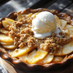 To make a delightful Cinnamon Apple Crumble, gather these ingredients: - 4 large apples (like Granny Smith or Honeycrisp), peeled, cored, and sliced - 1 tablespoon lemon juice - 1 teaspoon ground cinnamon - 1/4 cup granulated sugar - 1 cup old-fashioned oats - 1/2 cup all-purpose flour - 1/2 cup brown sugar, packed - 1/4 teaspoon salt - 1/2 teaspoon ground nutmeg - 1/3 cup unsalted butter, melted When picking apples, choose firm ones for the best taste. Granny Smith offers a tart flavor, while Honeycrisp brings sweetness. Mixing both types gives you the perfect balance. If you need alternatives, here are some great options: - For a gluten-free version, swap all-purpose flour with almond or oat flour. - To make it vegan, replace the butter with coconut oil or vegan butter. - For sweeteners, try maple syrup or coconut sugar instead of granulated sugar. First, gather your ingredients. You need four large apples, lemon juice, ground cinnamon, granulated sugar, old-fashioned oats, all-purpose flour, brown sugar, salt, nutmeg, and unsalted butter. 1. Preheat the oven to 350°F (175°C). This step is key for even baking. 2. Grease your baking dish with butter or cooking spray. This helps the crumble come out easily. 3. Prepare the apples by peeling, coring, and slicing them. I love using Granny Smith or Honeycrisp. They add a nice tartness. 4. Toss the sliced apples in a large bowl with lemon juice, ground cinnamon, and sugar. Mix until the apples are well-coated. 5. Spread the apple mixture evenly in the greased dish. This ensures even cooking. Next, let’s make the crumble topping. 6. In another bowl, mix oats, flour, brown sugar, salt, and nutmeg. This creates a flavorful base. 7. Pour the melted butter into the oat mixture. Stir until it looks crumbly. This texture is what makes the topping so good. 8. Sprinkle the topping evenly over the apples. Make sure to cover them well. Now it’s time to bake! 1. Bake in the preheated oven for 30-35 minutes. The apples should be tender. 2. Check the topping; it should be golden brown and crisp. This is a sign that your crumble is ready. After baking, let it cool slightly. This helps the flavors settle. You can serve it warm with a scoop of ice cream. Enjoy your delicious Cinnamon Apple Crumble! If you want the full details, check the Full Recipe. To get the best texture for your topping, use cold butter. This helps it stay crumbly. Mix it with your dry ingredients until you see small clumps. For a crispy finish, bake until golden brown, about 30-35 minutes. If you want extra crunch, add chopped nuts to your crumble mix. A food processor can help blend the topping fast and easy. Serve your cinnamon apple crumble warm for the best taste. I love adding a scoop of vanilla ice cream on top. The cold ice cream melts into the warm crumble, making it even better. You can also drizzle caramel sauce over it for a sweet twist. Use shallow dishes for serving to show off those beautiful layers. Enjoy every bite with a sprinkle of cinnamon for a fancy touch. Don't forget, you can find the Full Recipe for more details! {{image_2}} You can make your cinnamon apple crumble even better with simple additions. Try adding nuts like walnuts or pecans for a delightful crunch. Dried fruits, such as raisins or cranberries, can add a sweet and chewy twist. You can also sprinkle in spices like ginger or allspice for more warmth and depth. Another fun idea is to layer berries beneath the apples. Blueberries or raspberries work great. This twist adds color and a tangy flavor that pairs well with the sweet apples. Seasonal fruits can change the vibe of your crumble. In summer, swap apples for juicy peaches or nectarines. In fall, pears can bring a unique taste. You can also adjust your spices based on the season. Try cardamom for a warm feel in winter, or pumpkin spice for a cozy autumn flavor. These small changes keep your dessert fresh and exciting throughout the year. Check out the Full Recipe for more ideas on how to create your perfect cinnamon apple crumble. To store your cinnamon apple crumble, first allow it to cool. This step is key to keeping it fresh. Once cool, cover it tightly with plastic wrap or foil. You can also use an airtight container. This helps keep the flavors locked in. Store it in the fridge for up to four days. If you want to enjoy it later, freezing is an option too. Just make sure to wrap it well to avoid freezer burn. When you're ready to enjoy your leftovers, reheating is simple. For the best results, use the oven. Preheat it to 350°F (175°C). Place the crumble in an oven-safe dish. Cover it with foil to keep it from drying out. Heat for about 15 to 20 minutes. If you prefer the microwave, use a microwave-safe plate. Heat it in short bursts of 30 seconds. Check it often to keep the topping crunchy. Enjoy your warm cinnamon apple crumble! What type of apples are best for cinnamon apple crumble? I recommend using tart apples like Granny Smith or sweet options like Honeycrisp. These apples provide a great balance of flavor and texture. Tart apples hold their shape and add a nice tang, while Honeycrisp apples bring sweetness and crunch. Mixing both types can create a complex flavor profile. Can I freeze cinnamon apple crumble? Yes, you can freeze cinnamon apple crumble. First, let it cool completely. Then, wrap it tightly in plastic wrap or foil. Place it in a freezer-safe container or bag. It should keep well for up to three months. When ready to eat, thaw it overnight in the fridge, then reheat in the oven. What to do if the crumble topping is too soft? If your crumble topping is too soft, it may need more flour or oats. Mix in a little more until it reaches a crumbly texture. You can also bake it a bit longer to help it crisp up. Just keep an eye on it to avoid burning. How to fix overly sweet apples in the dish? If the apples taste too sweet, add a splash of lemon juice. This will cut the sweetness and add brightness. You can also mix in a pinch of salt, which can help balance the flavors. Taste as you go to find your perfect balance. Can I make this recipe dairy-free? Yes, you can make this recipe dairy-free. Simply replace the unsalted butter with coconut oil or a dairy-free butter substitute. This will still give you that rich flavor without dairy. How can I adjust this recipe for a smaller serving size? To adjust for smaller servings, simply halve the ingredients. Use two apples instead of four and cut the other ingredients in half. You can also bake it in a smaller dish. Just keep an eye on the baking time, as it may reduce slightly. For the full recipe, check the details above. This blog post covered everything you need for a delicious Cinnamon Apple Crumble. You learned about the best ingredients and substitutions for your needs. The step-by-step instructions help you prepare and bake it perfectly. We also shared tips for a great crumble and fun variations to try. Remember, storage and reheating can keep your leftovers tasty. Now, you’re ready to make an amazing dessert. Enjoy every bite, and don’t be afraid to experiment!