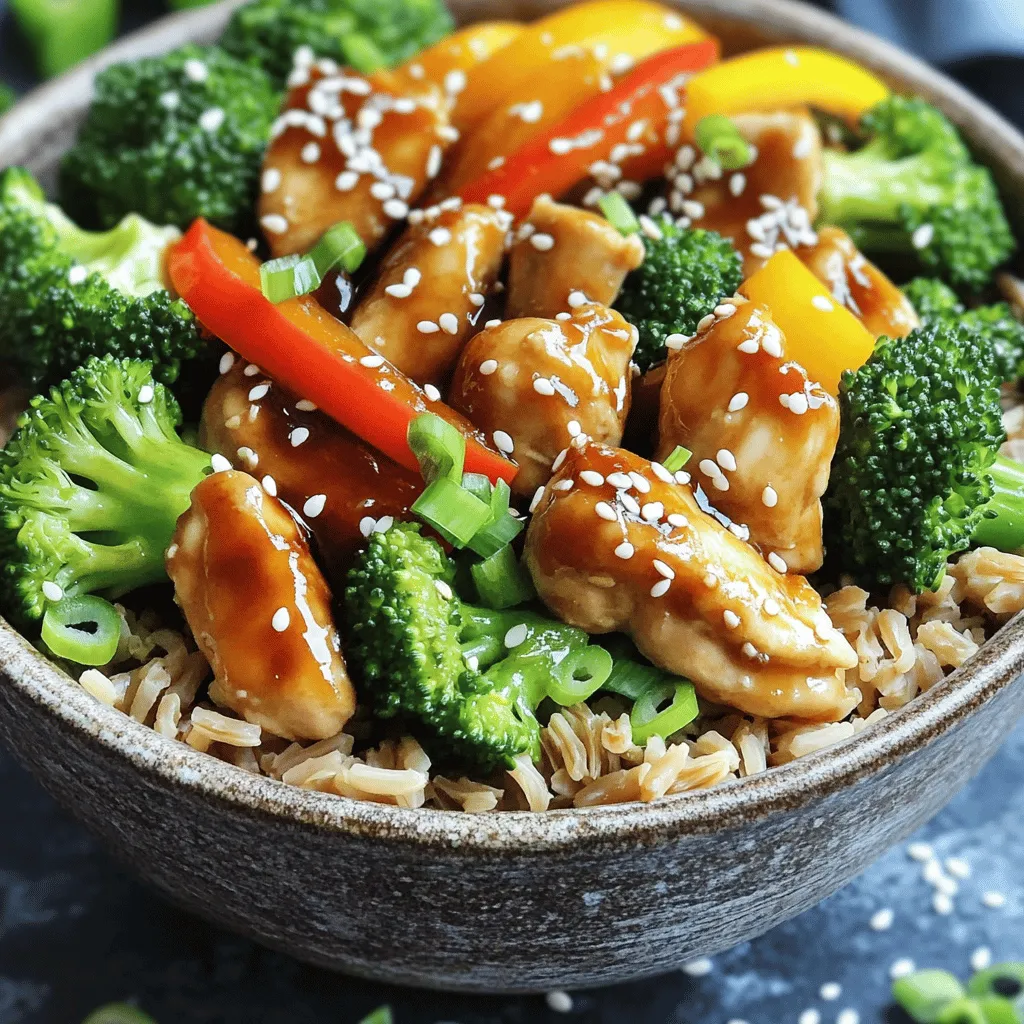 - 2 boneless, skinless chicken breasts, cut into bite-sized pieces - 1 cup broccoli florets - 1 cup bell peppers (red, yellow, or green), sliced - 1 cup cooked brown rice or quinoa - 3 tablespoons soy sauce (low sodium) - 2 tablespoons honey or maple syrup - 1 tablespoon rice vinegar - 1 tablespoon sesame oil - 2 cloves garlic, minced - 1/2 teaspoon ground ginger For the Easy Teriyaki Chicken Bowls, you need fresh chicken and colorful vegetables. The chicken breasts bring protein and flavor. I love using broccoli and bell peppers for crunch and color. The rice or quinoa serves as a hearty base. The sauces and seasonings are key. Soy sauce gives that umami taste. Honey or maple syrup adds sweetness. Rice vinegar and sesame oil bring balance. Garlic and ginger add depth to the dish. - 1 tablespoon sesame seeds (for garnish) - 2 green onions, chopped (for garnish) Garnishing the bowls makes them pop! I like to sprinkle sesame seeds on top for crunch. Green onions add a fresh touch and a pop of color. - Alternative proteins: You can use tofu or shrimp instead of chicken. - Allergy-friendly options: For soy-free, try coconut aminos as a soy sauce replacement. If you need a change, swap the chicken for another protein. Tofu works great for a vegetarian option. If you have soy allergies, coconut aminos is a good choice. It gives a similar flavor without the soy. For the full recipe, check the details above! To start, you need to make the marinade. This is where the magic happens. In a bowl, combine: - 3 tablespoons soy sauce - 2 tablespoons honey or maple syrup - 1 tablespoon rice vinegar - 1 tablespoon sesame oil - 2 cloves garlic, minced - 1/2 teaspoon ground ginger Mix these ingredients well. This blend gives the chicken a delicious flavor. Next, it’s time to marinate the chicken. Add your bite-sized chicken pieces to the marinade. Make sure each piece gets coated well. I recommend marinating for at least 15 minutes. For the best flavor, you can marinate for up to an hour. Just remember not to go too long, or the chicken might become too salty. Now, let’s cook! Heat a large skillet over medium heat. Add the marinated chicken along with half of the marinade. Cook for about 5-7 minutes. You want the chicken to be cooked through and slightly caramelized. Stir it occasionally for even cooking. Once the chicken is done, it’s time to add the veggies. Toss in: - 1 cup broccoli florets - 1 cup sliced bell peppers Sauté these for another 3-5 minutes. You want them to be tender but still crunchy. After the chicken and veggies are ready, stir in the remaining marinade. Cook for one more minute to heat everything through. Finally, add: - 1 cup cooked brown rice or quinoa Toss everything together until well mixed. Now, it’s time to serve your easy teriyaki chicken bowls. Dish them into bowls and top with: - 1 tablespoon sesame seeds - 2 chopped green onions Now you have a colorful, tasty meal that is quick to make. Check out the Full Recipe for more details! To get great flavor in your teriyaki chicken, start with marinating. Mix soy sauce, honey, rice vinegar, sesame oil, garlic, and ginger. This blend adds depth to your dish. Marinate the chicken for at least 15 minutes. If you have more time, let it sit longer for extra flavor. You can even marinate overnight. Cooking chicken just right is key. Use medium heat when cooking the chicken. This helps it cook evenly. Stir the chicken often to avoid burning. Cook it for about 5-7 minutes until it’s no longer pink. You want it golden and slightly caramelized. Overcooking can dry it out, so watch it closely. Serving your dish nicely makes it more appealing. Use shallow bowls for a beautiful display. First, add a scoop of rice or quinoa. Then, top it with the chicken and veggies. Finish off with sesame seeds and chopped green onions for color. This adds crunch and a fresh taste. For more flair, you can drizzle extra sauce on top. For the full recipe, check out the Easy Teriyaki Chicken Bowls. {{image_2}} You can change the vegetables in your teriyaki chicken bowls. Try using snap peas, carrots, or zucchini. Each adds a fresh taste and texture to your meal. For grains, swap brown rice with quinoa or even cauliflower rice for a low-carb option. These changes keep the dish exciting and fun. Want to give your bowls a twist? Add some red pepper flakes for heat or a splash of sriracha for a kick. You can also mix in a bit of hoisin sauce for sweetness. A sprinkle of sesame oil at the end boosts the flavor too. Experiment with what you have on hand to find your perfect blend. You can easily make this dish fit different diets. For a vegetarian option, replace chicken with tofu or tempeh. These options soak up the marinade well. If you need it vegan, swap honey for maple syrup. For gluten-free needs, use tamari instead of soy sauce. Everyone can enjoy these tasty teriyaki bowls! To keep your Easy Teriyaki Chicken Bowls fresh, store leftovers in an airtight container. This helps prevent moisture loss and keeps the flavors intact. Place the bowls in the refrigerator within two hours of cooking. They will stay good for up to four days. When you reheat the dish, aim to keep the chicken and veggies moist. You can use a microwave or a skillet. If using a microwave, cover the bowl with a damp paper towel. This traps steam and helps retain texture. If you prefer a skillet, add a splash of water and heat over medium-low. Stir occasionally until warmed through. This method keeps everything tender and flavorful. If you want to freeze the teriyaki chicken, let it cool completely first. Portion the meal into freezer-safe bags or containers. Remove as much air as possible to avoid freezer burn. You can freeze it for up to three months. To thaw, place it in the fridge overnight. Reheat as mentioned above for the best results. Enjoy your delicious teriyaki chicken whenever you like! Yes, you can use frozen chicken. Just thaw it first. Place the chicken in the fridge overnight. If you need it fast, use the microwave. Once thawed, cut it into bite-sized pieces. Then, follow the marinating steps in the Full Recipe. Make sure to cook it a bit longer until it’s fully done. To add heat, try adding red pepper flakes. Start with a pinch and taste. You can also use sriracha or chili garlic sauce. Mix these into the marinade for a spicy kick. If you want more, add sliced jalapeños when cooking the veggies. Adjust the amount to suit your taste. For a soy-free option, use coconut aminos. It has a similar taste but is less salty. You can also use a mix of balsamic vinegar and water. This gives a nice flavor without soy. If you're okay with other sauces, try tamari for a gluten-free choice. This dish lasts about 3-4 days in the fridge. Store it in an airtight container. Make sure the chicken is cooled before sealing. When you're ready to eat, reheat it in the microwave or on the stove. Enjoy it warm for the best flavor! This blog post covered how to make Easy Teriyaki Chicken Bowls. We discussed the main ingredients like chicken, vegetables, and sauces. You learned to marinate chicken for great taste and prepare it perfectly. We also explored cooking tips, different variations, and how to store leftovers. In the end, these bowls are easy to customize. You can make them fit your taste and dietary needs. Enjoy creating and sharing this dish. It’s a simple, tasty meal for everyone.