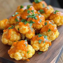 When making Buffalo Cauliflower Bites, you need a few simple ingredients. Here’s what you will need: - Cauliflower Florets - 1 medium head of cauliflower, cut into bite-sized florets - Batter Ingredients - 1 cup all-purpose flour (or gluten-free flour) - 1 cup water - 1 teaspoon garlic powder - 1 teaspoon onion powder - 1 teaspoon smoked paprika - ½ teaspoon salt - ½ teaspoon black pepper - Buffalo Sauce Ingredients - 1 cup buffalo sauce (store-bought or homemade) - 2 tablespoons olive oil - Optional: Fresh parsley, for garnish Gathering these ingredients sets you up for success. The cauliflower gives a nice crunch, while the flour and spices create a tasty batter. The buffalo sauce adds that famous kick. You can even use gluten-free flour if needed. This recipe is flexible and fun to make. Check out the [Full Recipe] for more details! Preheating the Oven Start by preheating your oven to 450°F (232°C). This high heat helps make the cauliflower crispy. Line a baking sheet with parchment paper for easy cleanup. Making the Batter In a large mixing bowl, whisk together 1 cup of flour, 1 cup of water, 1 teaspoon of garlic powder, 1 teaspoon of onion powder, 1 teaspoon of smoked paprika, ½ teaspoon of salt, and ½ teaspoon of black pepper. Mix until you have a smooth batter. This will coat the cauliflower and give it flavor. Baking the Cauliflower Florets Cut the cauliflower into bite-sized florets. Dip each floret into the batter. Make sure it is fully coated. Let any extra batter drip off. Place the coated florets on the prepared baking sheet. Bake them for about 20 minutes. They should be golden brown and crispy when done. Coating with Buffalo Sauce While the cauliflower is baking, mix 1 cup of buffalo sauce with 2 tablespoons of olive oil in a bowl. After 20 minutes, take the cauliflower out of the oven. Toss them in the buffalo sauce mixture until well coated. Return the sauced cauliflower to the baking sheet and bake for an additional 10-15 minutes. This final bake makes the sauce stick and caramelize. For the full recipe, check the details above. To get that perfect crunch, focus on your baking techniques. Start by preheating your oven to 450°F (232°C). A hot oven helps the batter crisp up nicely. Line your baking sheet with parchment paper. This makes cleanup easy and keeps the bites from sticking. Next, use the right flour. I prefer all-purpose flour, but gluten-free flour also works well. The flour creates a nice coating that helps the cauliflower get crispy. Mix your batter until smooth for the best results. Timing is key for perfect texture. Bake the cauliflower for 20 minutes first. This gives them a chance to turn golden brown. After that, coat them in buffalo sauce and return them to the oven. Bake for an additional 10-15 minutes. This step helps the sauce caramelize and adds great flavor. These tips will help you make Buffalo Cauliflower Bites that are crunchy on the outside and tender on the inside. For the full recipe, check out the [Full Recipe]. {{image_2}} When it comes to Buffalo cauliflower bites, the fun doesn’t stop at the classic sauce. You can change it up to fit your taste. Here are some tasty sauce alternatives. Homemade Buffalo Sauce Recipe Making your own buffalo sauce is easy. Just mix melted butter with hot sauce. You can add garlic powder for extra flavor. Adjust the heat by adding more or less hot sauce. Different Flavor Profiles Want to try something new? Go for spicy garlic or BBQ sauce. For spicy garlic, mix hot sauce with minced garlic. It adds a nice kick. For BBQ, toss the cauliflower in your favorite BBQ sauce. It gives a sweet and smoky taste. Vegan or Dairy-Free Options If you are vegan, use melted vegan butter or olive oil. You can also skip the butter and mix hot sauce with coconut oil. This keeps the bites tasty and plant-based. Feel free to explore these variations. You will find a flavor that makes your taste buds dance. For the full recipe, check out the earlier section. To keep your Buffalo Cauliflower Bites fresh, store them in the fridge. Place them in an airtight container. They will last for about three days. Make sure they cool down before sealing them. This helps prevent sogginess. When you want to enjoy leftovers, reheating is key. Preheat your oven to 350°F (175°C). Spread the bites on a baking sheet. Heat them for about 10-15 minutes. This keeps them crispy. You can also use an air fryer. Just set it to 350°F for about 5-8 minutes. If you want to save some for later, freezing is a great choice. First, let the bites cool completely. Then, place them on a baking sheet in a single layer. Freeze them for about an hour. Once frozen, transfer them to a freezer bag. They will keep well for up to three months. When ready to eat, bake them straight from the freezer for a quick snack. Try these storage tips to enjoy your Buffalo Cauliflower Bites later! For the full recipe, check out the recipe section. How do I make Buffalo Cauliflower Bites spicier? To make Buffalo Cauliflower Bites spicier, add more hot sauce to your batter. You can mix in cayenne pepper or chili powder for extra heat. Try using a hotter brand of buffalo sauce, too. Adjust the spice level to your taste. Can I use frozen cauliflower florets? Yes, you can use frozen cauliflower florets. Just thaw them first and drain any excess water. Frozen florets may need a few extra minutes in the oven to get crispy. They can still taste great! What can I serve with Buffalo Cauliflower Bites? Buffalo Cauliflower Bites taste amazing with ranch or blue cheese dressing. You can also pair them with celery sticks and carrot sticks for a crunchy side. Serve them as an appetizer or a snack during game day. How long do leftovers last in the fridge? Leftovers can last up to four days in the fridge when stored in an airtight container. Just reheat them in the oven for about 10 minutes to restore their crispiness. Enjoy your tasty snack again! For the full recipe, check out the earlier sections. This blog post covered how to make Buffalo Cauliflower Bites. We explored the ingredients, preparation steps, and tips for achieving that perfect crispy texture. You now know different sauce options and how to store your bites. My final thought is that these bites are a tasty, healthier snack. Experiment with flavors and enjoy them with friends. You’ll love serving this dish at your next gathering!