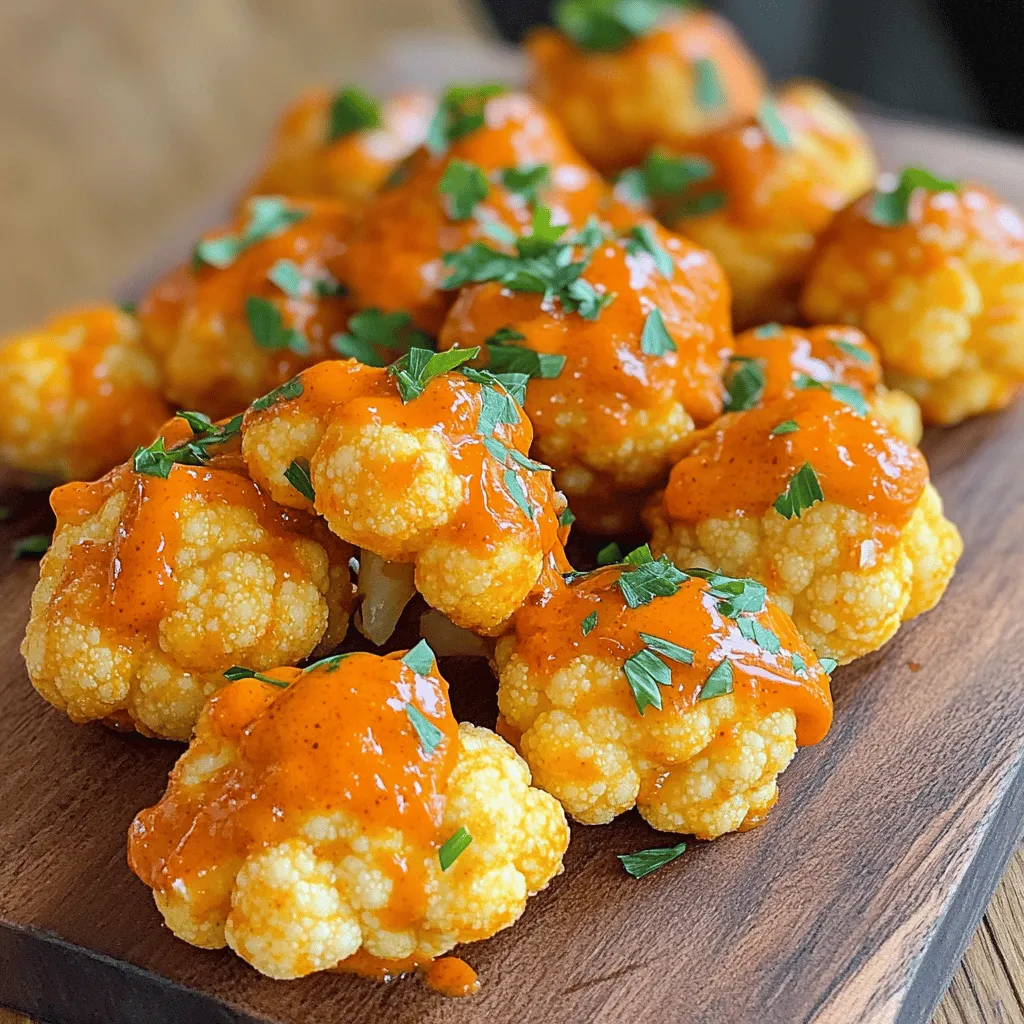 When making Buffalo Cauliflower Bites, you need a few simple ingredients. Here’s what you will need: - Cauliflower Florets - 1 medium head of cauliflower, cut into bite-sized florets - Batter Ingredients - 1 cup all-purpose flour (or gluten-free flour) - 1 cup water - 1 teaspoon garlic powder - 1 teaspoon onion powder - 1 teaspoon smoked paprika - ½ teaspoon salt - ½ teaspoon black pepper - Buffalo Sauce Ingredients - 1 cup buffalo sauce (store-bought or homemade) - 2 tablespoons olive oil - Optional: Fresh parsley, for garnish Gathering these ingredients sets you up for success. The cauliflower gives a nice crunch, while the flour and spices create a tasty batter. The buffalo sauce adds that famous kick. You can even use gluten-free flour if needed. This recipe is flexible and fun to make. Check out the [Full Recipe] for more details! Preheating the Oven Start by preheating your oven to 450°F (232°C). This high heat helps make the cauliflower crispy. Line a baking sheet with parchment paper for easy cleanup. Making the Batter In a large mixing bowl, whisk together 1 cup of flour, 1 cup of water, 1 teaspoon of garlic powder, 1 teaspoon of onion powder, 1 teaspoon of smoked paprika, ½ teaspoon of salt, and ½ teaspoon of black pepper. Mix until you have a smooth batter. This will coat the cauliflower and give it flavor. Baking the Cauliflower Florets Cut the cauliflower into bite-sized florets. Dip each floret into the batter. Make sure it is fully coated. Let any extra batter drip off. Place the coated florets on the prepared baking sheet. Bake them for about 20 minutes. They should be golden brown and crispy when done. Coating with Buffalo Sauce While the cauliflower is baking, mix 1 cup of buffalo sauce with 2 tablespoons of olive oil in a bowl. After 20 minutes, take the cauliflower out of the oven. Toss them in the buffalo sauce mixture until well coated. Return the sauced cauliflower to the baking sheet and bake for an additional 10-15 minutes. This final bake makes the sauce stick and caramelize. For the full recipe, check the details above. To get that perfect crunch, focus on your baking techniques. Start by preheating your oven to 450°F (232°C). A hot oven helps the batter crisp up nicely. Line your baking sheet with parchment paper. This makes cleanup easy and keeps the bites from sticking. Next, use the right flour. I prefer all-purpose flour, but gluten-free flour also works well. The flour creates a nice coating that helps the cauliflower get crispy. Mix your batter until smooth for the best results. Timing is key for perfect texture. Bake the cauliflower for 20 minutes first. This gives them a chance to turn golden brown. After that, coat them in buffalo sauce and return them to the oven. Bake for an additional 10-15 minutes. This step helps the sauce caramelize and adds great flavor. These tips will help you make Buffalo Cauliflower Bites that are crunchy on the outside and tender on the inside. For the full recipe, check out the [Full Recipe]. {{image_2}} When it comes to Buffalo cauliflower bites, the fun doesn’t stop at the classic sauce. You can change it up to fit your taste. Here are some tasty sauce alternatives. Homemade Buffalo Sauce Recipe Making your own buffalo sauce is easy. Just mix melted butter with hot sauce. You can add garlic powder for extra flavor. Adjust the heat by adding more or less hot sauce. Different Flavor Profiles Want to try something new? Go for spicy garlic or BBQ sauce. For spicy garlic, mix hot sauce with minced garlic. It adds a nice kick. For BBQ, toss the cauliflower in your favorite BBQ sauce. It gives a sweet and smoky taste. Vegan or Dairy-Free Options If you are vegan, use melted vegan butter or olive oil. You can also skip the butter and mix hot sauce with coconut oil. This keeps the bites tasty and plant-based. Feel free to explore these variations. You will find a flavor that makes your taste buds dance. For the full recipe, check out the earlier section. To keep your Buffalo Cauliflower Bites fresh, store them in the fridge. Place them in an airtight container. They will last for about three days. Make sure they cool down before sealing them. This helps prevent sogginess. When you want to enjoy leftovers, reheating is key. Preheat your oven to 350°F (175°C). Spread the bites on a baking sheet. Heat them for about 10-15 minutes. This keeps them crispy. You can also use an air fryer. Just set it to 350°F for about 5-8 minutes. If you want to save some for later, freezing is a great choice. First, let the bites cool completely. Then, place them on a baking sheet in a single layer. Freeze them for about an hour. Once frozen, transfer them to a freezer bag. They will keep well for up to three months. When ready to eat, bake them straight from the freezer for a quick snack. Try these storage tips to enjoy your Buffalo Cauliflower Bites later! For the full recipe, check out the recipe section. How do I make Buffalo Cauliflower Bites spicier? To make Buffalo Cauliflower Bites spicier, add more hot sauce to your batter. You can mix in cayenne pepper or chili powder for extra heat. Try using a hotter brand of buffalo sauce, too. Adjust the spice level to your taste. Can I use frozen cauliflower florets? Yes, you can use frozen cauliflower florets. Just thaw them first and drain any excess water. Frozen florets may need a few extra minutes in the oven to get crispy. They can still taste great! What can I serve with Buffalo Cauliflower Bites? Buffalo Cauliflower Bites taste amazing with ranch or blue cheese dressing. You can also pair them with celery sticks and carrot sticks for a crunchy side. Serve them as an appetizer or a snack during game day. How long do leftovers last in the fridge? Leftovers can last up to four days in the fridge when stored in an airtight container. Just reheat them in the oven for about 10 minutes to restore their crispiness. Enjoy your tasty snack again! For the full recipe, check out the earlier sections. This blog post covered how to make Buffalo Cauliflower Bites. We explored the ingredients, preparation steps, and tips for achieving that perfect crispy texture. You now know different sauce options and how to store your bites. My final thought is that these bites are a tasty, healthier snack. Experiment with flavors and enjoy them with friends. You’ll love serving this dish at your next gathering!
