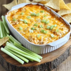 - 2 cups shredded cooked chicken - 1 cup cream cheese, softened - 1/2 cup Greek yogurt - 1/2 cup buffalo sauce (adjust to taste) - 1 cup shredded sharp cheddar cheese Buffalo chicken dip shines with its simple yet bold flavors. The main star, shredded cooked chicken, gives it a hearty base. I prefer to use rotisserie chicken for quick prep. Cream cheese adds creaminess, while Greek yogurt lightens it up a bit. Buffalo sauce packs the heat; you can add more for spice lovers. Finally, shredded sharp cheddar cheese brings a nice, cheesy finish. - 1/2 cup crumbled blue cheese (optional) - 1 tablespoon ranch seasoning - 1 green onion, chopped (for garnish) - Celery sticks and tortilla chips (for serving) For a special twist, consider adding crumbled blue cheese. It adds a tangy punch that pairs well with buffalo flavor. Ranch seasoning is another great addition. It enhances the dip’s creaminess and flavor. For garnishing, I love using chopped green onions. They add a fresh touch. Serve this dip with crunchy celery sticks or tortilla chips. Both make perfect dippers for this tasty treat. You can find the full recipe to guide you through making this dish. - Preheat your oven to 350°F (175°C). - Get a baking dish ready by lightly greasing it. - In a large bowl, mix the softened cream cheese, Greek yogurt, and buffalo sauce. - Stir until the mixture is smooth and well combined. - Take your shredded chicken and fold it into the creamy mix. - Make sure the chicken gets fully coated. - Now, add the shredded cheddar cheese, crumbled blue cheese if you like, and ranch seasoning. - Mix gently until all ingredients are evenly distributed. - Transfer the mixture to your prepared baking dish. - Spread it out evenly with a spatula. - Bake for 20-25 minutes. - Check it when the dip is hot and bubbly, and the top is golden. To make your Buffalo chicken dip just right, you can adjust the spice level. If you love heat, add more buffalo sauce. If you prefer a milder taste, use less sauce. You can also mix in a dash of hot sauce for extra kick. Adding extra ingredients can give your dip a fun twist. Try mixing in some diced bell peppers or jalapeños. You can also add black beans for a tasty texture. Experiment with different cheeses, like pepper jack or mozzarella. They can change the flavor and creaminess. To serve your dip, keep it warm in a baking dish. Place it on a table with plenty of tortilla chips and celery sticks. Arrange them neatly around the dip for easy access. For a creative touch, use small individual bowls for serving. This way, guests can enjoy their own portion. You can also sprinkle some extra green onions on top for color. A drizzle of ranch dressing can add a nice touch too. For baking, a glass or ceramic dish works well. These materials heat evenly and look great on the table. A 9x9-inch dish is perfect for this dip. In the kitchen, having a sturdy mixing bowl is key. A spatula helps fold in ingredients without breaking them. A sharp knife makes chopping easy, and a whisk can mix the cream cheese smoothly. These tools will help you create a great dip with ease. For the full recipe, check out the Buffalo Chicken Bliss Dip. {{image_2}} To make a spicy Buffalo chicken dip, you can try different hot sauces. You can use a mix of your favorite sauces to find your perfect heat. For more flavor, add some sriracha or habanero sauce. These will kick up the spice level and make your dip more exciting. You can also add jalapeños for extra heat and texture. Don't forget to taste as you go. Adjust the heat to suit your guests’ preferences. If you want a lighter version of this dip, consider using low-fat cream cheese. You can also swap Greek yogurt for sour cream. This keeps your dip creamy while cutting some calories. Using shredded chicken breast instead of dark meat can further lower the fat content. Adding more veggies, like chopped bell peppers, can boost nutrition without adding many calories. For a tasty vegetarian Buffalo chicken dip, try using plant-based proteins. You can use shredded jackfruit or chickpeas in place of chicken. These options absorb the buffalo sauce well and add unique flavors. Also, keep the cream cheese and Greek yogurt or use vegan substitutes. This way, you can enjoy the same creamy texture without meat. Serve with veggies or chips for a fun game day treat! To keep your buffalo chicken dip fresh, store it in an airtight container. Place it in the fridge right after serving. This helps prevent any bacteria growth. Make sure to let the dip cool completely before sealing. It tastes best when eaten within 3-4 days. You can freeze buffalo chicken dip for later use. First, let it cool completely. Then, transfer it to a freezer-safe container. Seal it tightly to avoid freezer burn. When ready to enjoy, thaw it in the fridge overnight. Reheat it in the oven at 350°F (175°C) until warm. Stir it well before serving to ensure even heating. Buffalo chicken dip has a short shelf life. In the fridge, it stays good for about 3-4 days. If frozen, it remains fresh for up to 2 months. After this time, the taste and texture may change. For best quality, eat it sooner rather than later. Enjoy your leftovers while they’re still delicious! You can make Buffalo Chicken Dip in advance. Just prepare it and store it in the fridge. Mix all the ingredients as noted in the Full Recipe. Place the dip in an airtight container. This way, you keep it fresh. When ready to serve, bake it as usual. This saves time on game day. Yes, rotisserie chicken is a great choice! It saves time and effort. You get juicy, tender chicken without cooking it yourself. Just shred the rotisserie chicken and mix it in. This adds flavor and makes your dip even better. You have many tasty options for dippers! Here are my top picks: - Tortilla chips - Celery sticks - Carrot sticks - Crackers - Pita bread These options add crunch and balance the dip's creaminess. You can also serve it with sliced veggies for a fresh twist. Yes, Buffalo Chicken Dip is perfect for meal prep. You can make it ahead and store it for later. After cooking, let it cool. Then, place it in an airtight container. It lasts up to three days in the fridge. When you need it, just reheat and enjoy! This article covered how to make a delicious Buffalo Chicken Dip. We talked about the main and optional ingredients you can use. I shared key steps for prep and baking. Tips on customization and serving ideas help you impress guests. You learned about variations and the best storage methods. Remember, this dip is easy to make and enjoy. With a few tweaks, you can make it your own. Use these tips to create your perfect appetizer. Have fun in the kitchen!