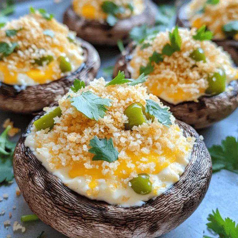 To make Jalapeño Popper Stuffed Mushrooms, you will need a few key items. Here is a list of the main ingredients: - 12 large portobello mushrooms, stems removed - 4 oz cream cheese, softened - 1 cup shredded sharp cheddar cheese - 1/2 cup diced jalapeños (fresh or pickled) - 1/4 cup green onions, chopped - 1/2 cup panko breadcrumbs - 2 tablespoons olive oil - 1 teaspoon garlic powder - Salt and pepper to taste - 1 tablespoon fresh cilantro, chopped (for garnish) These ingredients make the dish rich and flavorful. The cream cheese and cheddar blend smoothly, while jalapeños add a spicy kick. Portobello mushrooms give a nice base, holding all the tasty filling. You can adjust this recipe to fit your needs. Here are some optional ingredients and substitutions: - Use different cheese like mozzarella or pepper jack for a unique flavor. - Swap green onions with chives for a milder taste. - If you want more heat, add diced serrano peppers. - For a different crunch, substitute panko with crushed tortilla chips. Feel free to mix and match these options. This dish is flexible and fun to customize based on your taste. Understanding the nutritional aspects helps you enjoy your food healthily. Here is a basic overview: - Calories: About 150 per serving - Protein: 6g - Fat: 10g - Carbohydrates: 8g - Fiber: 1g This dish is a great appetizer. It offers protein and healthy fats while keeping carbs moderate. You can enjoy these stuffed mushrooms without much guilt. For the full recipe, check the details above. Start by preheating your oven to 375°F (190°C). This step ensures your jalapeño popper stuffed mushrooms cook evenly. While the oven heats, line a baking sheet with parchment paper. This keeps the mushrooms from sticking and makes cleanup easy. In a mixing bowl, add the softened cream cheese, shredded cheddar cheese, diced jalapeños, and chopped green onions. Use a fork or spatula to mix these ingredients well. You want a smooth, creamy texture. Next, add garlic powder, salt, and pepper. Stir until everything is fully combined. This cheesy filling is key to the dish's flavor. Take your portobello mushrooms and remove the stems. Now, fill each mushroom cap with the jalapeño cheese mixture. Press down slightly to pack it in well. In another bowl, mix panko breadcrumbs with olive oil until coated. Sprinkle this breadcrumb mix over each stuffed mushroom. Place the mushrooms on the prepared baking sheet and bake for 20-25 minutes. Look for tender mushrooms and golden breadcrumbs. After baking, let them cool for a bit. Garnish with fresh cilantro for a pop of color. You can find the full recipe [here](#). To get the best texture and flavor in your Jalapeño Popper Stuffed Mushrooms, focus on your mushrooms. Choose large portobello mushrooms. They hold the filling well and cook evenly. Make sure to remove the stems, but keep the caps intact. A creamy filling is key. Mix cream cheese and cheddar well. This blend keeps the stuffing rich. For added flavor, use fresh jalapeños. They give a nice crunch and heat. Lastly, don’t skip the panko breadcrumbs. They provide a crispy topping that contrasts nicely with the soft mushroom. One common mistake is overcooking the mushrooms. Keep an eye on them while baking. You want them tender but not mushy. Another error is not packing the filling tightly. Press down the cheese mixture into the caps. This helps it stay in place while cooking. Also, avoid using too much salt. The cheese and jalapeños already have salt. Finally, don’t forget to let them cool a bit before serving. This allows the flavors to meld and makes them easier to handle. Making these stuffed mushrooms ahead of time is simple. You can prepare them up to a day in advance. After stuffing the mushrooms, cover them and place them in the fridge. When you’re ready to bake, just pop them in the oven. You may need to add a few extra minutes to the baking time. This method is great for parties or busy nights. Everyone loves a warm and tasty bite! For the full recipe on how to create these delightful treats, check out the complete recipe instructions. {{image_2}} You can make Jalapeño Popper Stuffed Mushrooms vegetarian by swapping out the cheese. Try using vegan cream cheese or cashew cheese. You can also add more veggies for flavor. Consider mixing in chopped bell peppers, spinach, or corn. These options keep the dish fresh and tasty while making it meat-free. If you love heat, you can amp up the spice. Use different peppers like serrano or habanero instead of jalapeños. You can also add red pepper flakes or hot sauce to the cheese mixture. This gives your stuffed mushrooms a real kick. Just remember to taste as you go, so it’s not too hot for your guests! For a low-carb twist, think about using cauliflower or zucchini. You can rice cauliflower and mix it into your cheese filling. Alternatively, hollow out zucchini halves and stuff them instead of using mushrooms. Both options reduce carbs while still delivering great flavor. This makes your dish lighter but just as delicious. For the full recipe, check the details above! To keep your Jalapeño Popper Stuffed Mushrooms fresh, store them in an airtight container. Place a layer of paper towel at the bottom to absorb moisture. This helps keep the mushrooms from getting soggy. You can store them in the fridge for up to three days. When you're ready to enjoy your leftovers, reheat the mushrooms in the oven. Preheat the oven to 350°F (175°C). Place the mushrooms on a baking sheet and cover them with foil. Heat for about 10-15 minutes. This method keeps the mushrooms tender and the topping crispy. If you want to save your stuffed mushrooms for later, freezing is a great option. First, let the mushrooms cool completely. Then, place them in a single layer on a baking sheet and freeze for about two hours. After they are frozen, transfer them to a freezer-safe bag. Label the bag with the date and use them within three months. To reheat, bake them straight from the freezer at 375°F (190°C) for 30-35 minutes. Enjoy the same tasty flavor! For full details, check the Full Recipe. Yes, you can prepare Jalapeño Popper Stuffed Mushrooms ahead of time. Just follow these steps: 1. Prepare the filling: Mix the cream cheese, cheddar cheese, jalapeños, and green onions. 2. Stuff the mushrooms: Fill them with the mixture as usual. 3. Cover and chill: Place them in a dish and cover with plastic wrap. Store in the fridge for up to 24 hours. When ready to cook, bake them straight from the fridge. You may need to add a few more minutes to the cooking time. Making them ahead saves time and lets the flavors blend. The mushrooms are done when they are tender and the tops are golden brown. Here’s what to check: - Color: Look for a nice golden crust on the breadcrumbs. - Tenderness: Use a fork or knife to test the mushrooms. They should be soft but still hold their shape. Baking takes about 20-25 minutes at 375°F. Keep an eye on them to avoid overcooking. These stuffed mushrooms pair well with many dishes. Here are some tasty options: - Fresh salad: A light green salad with a simple vinaigrette adds freshness. - Dips: Serve with ranch or blue cheese dip for extra flavor. - Grilled meats: Chicken or steak complements the rich flavors well. - Bread: Crusty bread or garlic bread works great for dipping. You can explore these pairings for a delicious meal. Enjoy your cooking! For the complete recipe, check out the [Full Recipe]. Jalapeño Popper Stuffed Mushrooms are easy and fun to make. You learned about the key ingredients, how to mix the filling, and bake the mushrooms. I shared tips to avoid common mistakes and ways to store leftovers. You can even try variations for different tastes. With this guide, you can enjoy tasty mushrooms anytime. Cooking at home brings joy and flavor to your meals. Dive in and have fun making these delicious treats!