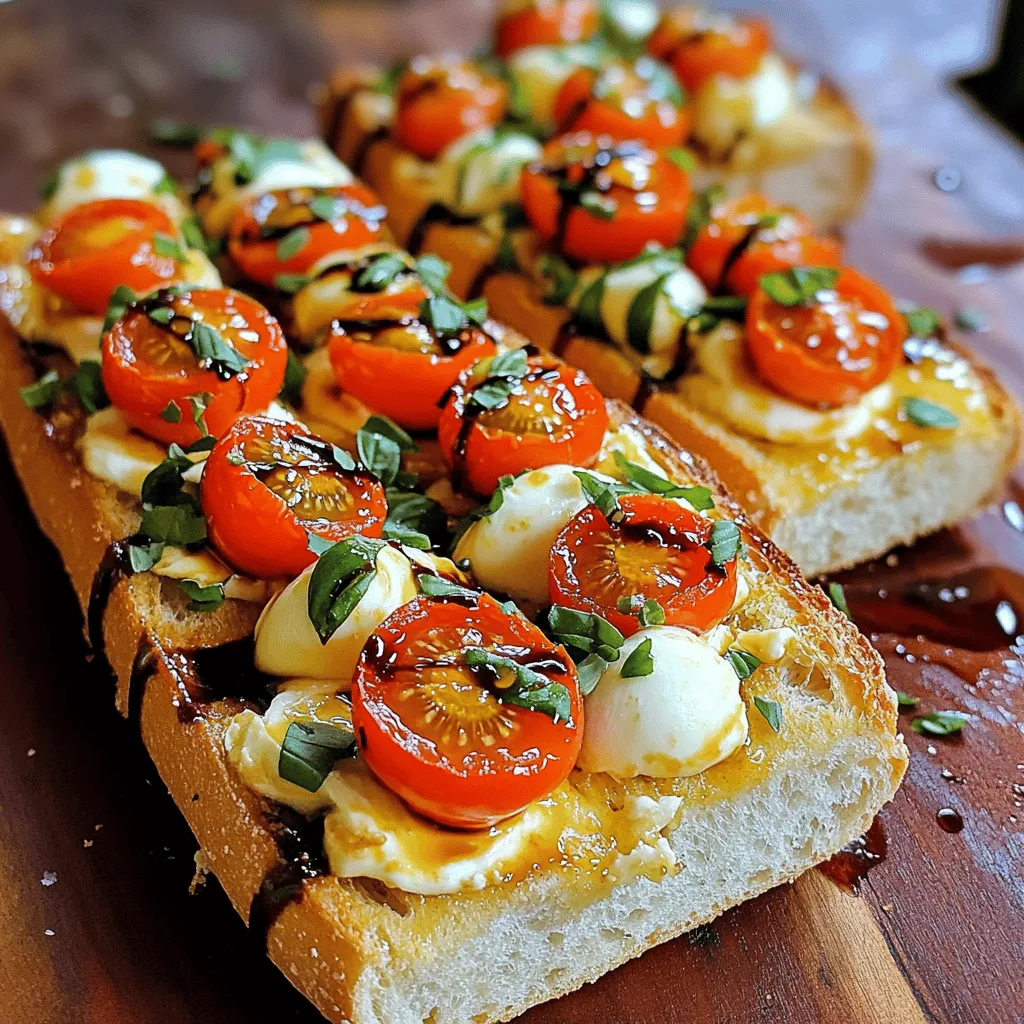 - 1 large baguette or ciabatta loaf - 1/2 cup unsalted butter, softened - 4 cloves garlic, minced - 1 cup cherry tomatoes, halved - 1 cup fresh mozzarella balls, halved - 1/2 cup fresh basil leaves, chopped - 1 tablespoon balsamic glaze - Salt and pepper, to taste - Optional: Red pepper flakes for added heat When making Caprese Garlic Bread, fresh ingredients shine. The bread acts as a base, providing a soft and crunchy canvas. I love using a large baguette or ciabatta loaf for this dish. Both options work well, but ciabatta gives a nice chew. Butter is key to flavor. I prefer unsalted butter, as it lets the other tastes come through. Garlic is the star here. I use four cloves, minced finely, to pack in that rich flavor. You can adjust this if you love garlic or want something milder. Tomatoes bring a burst of freshness. I always use ripe cherry tomatoes, halved for easy bites. The cheese is where the magic happens. I use fresh mozzarella balls, which melt beautifully. They add creaminess that balances the tangy tomatoes. Basil adds a fragrant touch. I chop it finely, so it spreads evenly across the bread. Balsamic glaze gives a sweet and tangy finish. Just a tablespoon is enough to elevate the dish. Season with salt and pepper for balance. If you like some heat, sprinkle red pepper flakes on top. These ingredients combine for a flavorful delight that’s hard to resist. - Different types of bread (sourdough, focaccia) - Additional toppings (avocado, olives) - Spice substitutes (Italian seasoning, garlic powder) You can switch things up with different bread types. Sourdough adds a tangy twist, while focaccia brings a soft, airy texture. Experiment with toppings too! Avocado or olives can add fun flavors. If you want a different spice profile, try Italian seasoning or garlic powder. These swaps can make the dish unique. You can be creative with this recipe and discover new tastes each time. - Preheat oven to 400°F (200°C). - In a bowl, mix the softened butter and minced garlic. Spread this mix on the bread halves. - Combine the halved cherry tomatoes, mozzarella balls, and chopped basil in a bowl. Season with salt and pepper. - Layer this mixture evenly on top of the garlic-buttered bread. - Place the baking sheet in the oven. Bake for about 12-15 minutes. The cheese should melt and the bread turn golden. - Once baked, drizzle your Caprese Garlic Bread with balsamic glaze. - Slice the bread and serve it warm. You can add extra garnishes for fun! Enjoy the full recipe and get ready to impress your guests with this delightful treat! - Use fresh ingredients for optimal taste. Fresh basil, ripe tomatoes, and creamy mozzarella make a big difference. They enhance the flavors and give your bread a bright, vibrant taste. - Adjust garlic amount based on preference. If you love garlic, feel free to add more. For a milder flavor, reduce the amount. Taste as you go to find your balance. - Watch the bread closely while baking. Every oven is different. Keep an eye on the bread so it doesn’t burn. You want golden edges and melted cheese. - Let cool slightly before serving. This step helps the cheese set a bit. It also makes the bread easier to slice. You’ll get a better texture when it’s not too hot. - Serve on a wooden board for a rustic look. This gives a nice touch to your dish. It feels cozy and inviting. - Add extra basil leaves for garnish. A few fresh leaves on top make the dish pop. They also add a lovely aroma. {{image_2}} You can switch up the cheese for a fun twist. Try goat cheese for a creamy taste. Vegan mozzarella works well for a dairy-free option. If you love strong flavors, use aged cheddar. It adds a bold kick to your Caprese garlic bread. Seasonal veggies can make your dish even better. Add zucchini or bell peppers for extra crunch. You can also mix in pesto instead of tomatoes. This gives a fresh flavor that changes with the seasons. Think about how you will serve your bread. A side salad or soup pairs nicely for a full meal. If you have guests, cut the bread into small pieces. It makes a great party snack or appetizer. Store leftover Caprese Garlic Bread in an airtight container. This helps keep the bread fresh. Best consumed within 1-2 days for freshness. After that, the bread may lose its taste and texture. To enjoy your Caprese Garlic Bread again, reheat it in the oven or toaster oven. This method keeps the bread crispy and warm. Avoid microwaving, as it can make the bread soggy and chewy. You can freeze uncooked garlic bread for quick meals later. Wrap it tightly in aluminum foil or plastic wrap before freezing. This keeps it safe from freezer burn. When you're ready, just bake it straight from the freezer for a tasty treat! To make Caprese Garlic Bread, you start with garlic butter. Mix 1/2 cup of softened butter with 4 minced garlic cloves in a bowl. Spread this mixture on the cut sides of your bread. I love using a large baguette or ciabatta loaf for this recipe. Next, combine 1 cup of halved cherry tomatoes, 1 cup of halved fresh mozzarella balls, and 1/2 cup of chopped fresh basil in a bowl. Add salt and pepper to taste. Layer this mix on the garlic buttered bread. Bake at 400°F for 12-15 minutes. You want the cheese to melt and the bread to turn golden. Yes, you can make this recipe vegan. Simply replace the unsalted butter with a plant-based butter. Use vegan mozzarella or skip the cheese altogether. The tomatoes and basil add nice flavor, so you won’t miss the dairy much. It’s a good way to enjoy Caprese Garlic Bread while keeping it plant-based. Caprese Garlic Bread pairs well with many dishes. A fresh green salad can balance the rich flavors. Tomato soup also makes a great side. If you want a drink, consider serving iced tea or a light white wine. These choices enhance the meal and keep it light. Making Caprese Garlic Bread is quick. It takes about 10 minutes to prep. Baking it takes another 12-15 minutes. In total, you should be done in about 25 minutes. This makes it a perfect choice for a quick snack or appetizer. Absolutely! You can add toppings to make it your own. Try sliced olives or avocado for extra flavor. You can also sprinkle some red pepper flakes for a kick. If you like cheese, consider using goat cheese or feta for a different taste. The options are endless! Caprese Garlic Bread combines fresh flavors for a delicious dish. We explored key ingredients like garlic, tomatoes, and mozzarella to create a savory treat. With simple steps, you can bake golden bread topped with vibrant fresh ingredients. Remember, using fresh items boosts the taste. Feel free to mix toppings based on your preferences. This dish not only works well as a snack but also shines at gatherings. Enjoy experimenting to make it your own!