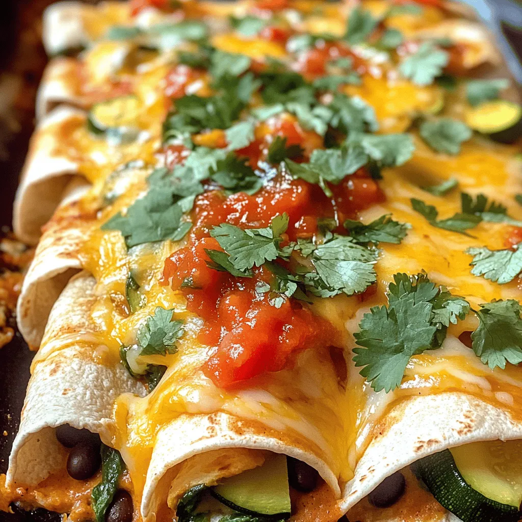 Here’s what you need for easy veggie enchiladas: - 8 small corn tortillas - 1 can (15 oz) black beans, rinsed and drained - 1 cup corn kernels (fresh or frozen) - 1 red bell pepper, diced - 1 zucchini, diced - 1 cup spinach, chopped - 1 cup salsa (your favorite type) - 1 teaspoon cumin - 1 teaspoon chili powder - 1 cup shredded cheese (cheddar or Mexican blend) - 2 tablespoons olive oil - Salt and pepper to taste - Fresh cilantro for garnish (optional) For the best taste, I recommend using high-quality ingredients. For cheese, try brands like Tillamook or Sargento. They melt well and add great flavor. When choosing salsa, look for brands like Pace or La Victoria. Fresh produce makes a big difference too. Use organic veggies when possible. They taste better and are healthier. If you don’t have something on hand, here are some easy swaps: - Tortillas: Flour tortillas work well if you’re not strict about gluten. - Black beans: You can use pinto beans or even lentils. - Corn: Canned corn is fine, but fresh or frozen is best. - Bell pepper: Any color of bell pepper will work. - Zucchini: You can replace zucchini with yellow squash. - Spinach: Kale or Swiss chard can also be used. - Cheese: Vegan cheese or nutritional yeast can replace dairy cheese. - Salsa: Use diced tomatoes mixed with spices if you run out of salsa. Feel free to mix and match based on what you like or what you have. Cooking is all about having fun! For the full recipe, check out the detailed cooking guide. First, you need to preheat your oven to 375°F (190°C). This step is key. A hot oven cooks the enchiladas evenly and helps the cheese melt perfectly. Next, grab a large skillet. Pour in 2 tablespoons of olive oil and heat it over medium heat. When the oil is hot, add 1 diced red bell pepper and 1 diced zucchini. Sauté these for about 5 minutes until they soften. Then, stir in 1 cup chopped spinach, 1 can of black beans (rinsed and drained), and 1 cup of corn. Season this mixture with 1 teaspoon cumin, 1 teaspoon chili powder, salt, and pepper to taste. Cook for another 3 to 4 minutes until everything is warm. The nice mix of flavors will make your enchiladas taste amazing. Now, it's time to fill the tortillas. Take an 8 small corn tortillas and spoon a generous scoop of your veggie filling onto each. Sprinkle a bit of cheese on top. Roll the tortilla tightly and place it seam-side down in a baking dish. Repeat this until you fill all the tortillas. Pour your favorite salsa over the top of the enchiladas. Make sure to cover them well. Then, sprinkle the remaining cheese on top. Cover the dish with aluminum foil and bake for 20 minutes. After that, take off the foil and bake for another 10 minutes until the cheese is bubbly and golden. Once cooked, let them cool for a few minutes before serving. Your Easy Veggie Enchiladas will look and taste great! For more details, check out the Full Recipe. To boost the flavor of your Easy Veggie Enchiladas, focus on sautéing. Start by heating olive oil in a skillet. Add diced red bell pepper and zucchini. Cook them until they are soft. This step brings out their natural sweetness. Adding spices like cumin and chili powder also enhances the taste. They add warmth and depth to your dish. Soggy enchiladas can ruin your meal. To prevent this, use a light hand with the salsa. Pour just enough to coat the top without drowning the enchiladas. Also, avoid overfilling the tortillas. A generous scoop is good, but too much makes them hard to roll. Finally, bake them covered for only part of the time. This keeps them moist without turning them mushy. For the perfect cheese top, choose cheese that melts well. Cheddar or a Mexican blend works best. Sprinkle the cheese on right before the last 10 minutes of baking. This gives it time to melt without burning. If you want a bubbly top, turn on the broiler for a minute or two at the end. Just keep an eye on it to avoid burning! These tips will help you serve enchiladas full of flavor, with the right texture and cheese that melts just right. For the full recipe, check out the Easy Veggie Enchiladas section above. {{image_2}} You can switch up the veggies in your enchiladas. Try using mushrooms, carrots, or even sweet potatoes. Each of these adds a unique taste. For a fresh twist, use seasonal vegetables. You can also mix leafy greens like kale or Swiss chard. This keeps your dish exciting and colorful. For a heartier meal, add protein to your enchiladas. You can use cooked chicken, turkey, or even tofu. Black beans already provide some protein, but adding more makes it filling. Shredded rotisserie chicken is an easy option. If you want a plant-based choice, try lentils or quinoa. These will complement your veggies well. The sauce can change the whole taste of your dish. While salsa is great, try using verde sauce for a different flavor. You can also make a creamy sauce with sour cream or Greek yogurt mixed with spices. This adds richness. If you like heat, consider a chipotle sauce for a smoky kick. You can find many sauces at stores or make your own. Explore these variations for your Easy Veggie Enchiladas using the full recipe to create your perfect dish! To keep your enchiladas fresh, let them cool first. Place leftovers in an airtight container. Store them in the fridge for up to three days. If you want to keep them longer, freezing is a great option. Just make sure to seal them well to avoid freezer burn. Reheating enchiladas is easy. Preheat your oven to 350°F (175°C). Place the enchiladas in a baking dish. Cover with foil to prevent drying out. Heat for about 20 minutes or until they are hot throughout. You can also use a microwave. Heat them for one to two minutes, checking to ensure they are warm. To freeze enchiladas, wrap each one in plastic wrap. Then, place them in a freezer bag. They can stay frozen for up to three months. When ready to eat, thaw them in the fridge overnight. Reheat as mentioned above. This method helps keep them tasty and ready for a quick meal. Yes, you can prepare Easy Veggie Enchiladas ahead of time. You can assemble them, cover, and store them in the fridge for up to 24 hours. This makes dinner easy. When ready, just bake them as directed. You may need to add a few extra minutes to the baking time if they are cold. You can serve enchiladas with many tasty sides. Here are some great options: - Spanish rice - Refried beans - A fresh green salad - Guacamole - Sour cream or Greek yogurt - Extra salsa for dipping These sides add flavor and texture to your meal. To make Easy Veggie Enchiladas gluten-free, use corn tortillas instead of flour tortillas. Corn tortillas are naturally gluten-free and work well in this recipe. Always check labels for any added gluten in ingredients like salsa or beans. This way, you can enjoy a safe and delicious meal. You can find the full recipe for Easy Veggie Enchiladas in the previous sections. We explored the key steps for making Easy Veggie Enchiladas. You learned about the ingredients and their quality. You discovered tips to avoid sogginess and achieve cheesy perfection. We also covered fun variations and smart storage ideas. Remember, you can customize these enchiladas to fit your taste. Enjoy sharing this dish with friends and family. Making these enchiladas can be easy and fun!
