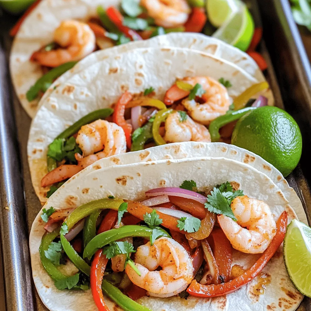 - 1 pound large shrimp, peeled and deveined - 1 red bell pepper, sliced - 1 green bell pepper, sliced - 1 medium onion, sliced - 3 tablespoons olive oil - 2 teaspoons chili powder - 1 teaspoon cumin - 1 teaspoon smoked paprika - 1/2 teaspoon garlic powder - 1/2 teaspoon salt - 1/4 teaspoon black pepper - 8 small flour or corn tortillas - Fresh cilantro, chopped (for garnish) - Lime wedges (for serving) To make these easy sheet pan shrimp fajitas, you need fresh and simple ingredients. I recommend using large shrimp for a satisfying bite. The red and green bell peppers add great color and taste. Don't forget the onion; it brings sweetness to the dish. For seasoning, a blend of spices works wonders. Olive oil helps the spices stick to the shrimp and veggies. Chili powder adds heat, while cumin gives a warm, earthy flavor. Smoked paprika adds a nice depth and a hint of smokiness. Garlic powder, salt, and pepper round it all out. When serving, warm tortillas are key. They hold all the tasty fillings perfectly. Fresh cilantro adds a bright note, and lime wedges give you that zesty finish. For the complete preparation instructions, check out the Full Recipe. 1. Preheat your oven to 400°F (200°C). Line a large baking sheet with parchment paper. 2. In a large bowl, combine the shrimp, sliced red bell pepper, sliced green bell pepper, and sliced onion. 1. Drizzle 3 tablespoons of olive oil over the shrimp and veggies. 2. Add 2 teaspoons of chili powder, 1 teaspoon of cumin, 1 teaspoon of smoked paprika, 1/2 teaspoon of garlic powder, 1/2 teaspoon of salt, and 1/4 teaspoon of black pepper. Toss well to coat everything evenly. 3. Spread this mixture on the prepared baking sheet in a single layer. 4. Bake for 12 to 15 minutes or until the shrimp turn pink and opaque. Stir halfway through to cook evenly. 1. While the shrimp cooks, warm your tortillas in a dry skillet over medium heat for about 30 seconds on each side. 2. Once the shrimp is ready, remove the baking sheet from the oven. Let it cool slightly. 3. Place the shrimp and vegetable mix onto the warm tortillas. 4. Garnish with fresh chopped cilantro and serve with lime wedges for extra flavor. For the full recipe, please refer to the section above. How to modify spice levels You can adjust the spice by adding or reducing chili powder. For less heat, use one teaspoon. If you love spice, add more chili powder or a pinch of cayenne. Adding additional flavors To change the taste, try adding lime juice or fresh herbs. A splash of lime can brighten the dish. Fresh herbs like cilantro or parsley add great flavor too. Best practices for shrimp cooking Shrimp cooks fast. Keep an eye on it. Cook until they turn pink and opaque, about 12-15 minutes. Overcooked shrimp can become tough, so check early if unsure. Ensuring even cooking on the pan Spread the shrimp and veggies in a single layer on the pan. This helps them cook evenly. Stir halfway through cooking to ensure all parts get that nice, roasted flavor. Complementary side dishes Fajitas go well with rice or beans. You can also serve them with a fresh salad. Sour cream and guacamole make great dips too. Beverage pairings for fajitas Try serving fajitas with cold drinks. A nice margarita or a light beer works well. For non-alcoholic options, fresh lemonade or iced tea are refreshing choices. {{image_2}} You can swap shrimp for other proteins. Chicken or beef works well. Tofu is a great choice for a vegan option. Each protein gives a unique taste and texture. Mix and match to find your favorite! You can also change up the veggies. Try adding zucchini, corn, or cherry tomatoes. These will add color and extra flavor. Just keep the cooking time in mind, so everything cooks evenly. To make your fajitas even tastier, try making homemade fajita seasoning. Mix chili powder, cumin, garlic powder, and smoked paprika. This way, you control the spice level and freshness. Adding fruits like pineapple or mango can add a sweet twist. They pair well with the savory shrimp and spices. Toss them in the mix during cooking for a delightful surprise. If you need gluten-free options, use corn tortillas. They hold up well and taste great with shrimp. Look for brands that ensure no cross-contamination. For vegan alternatives, use jackfruit or mushrooms instead of shrimp. They soak up flavors well and have a nice texture. You can find many recipes online to help with these swaps. Explore these variations and find what suits you best! For the full recipe, check out the Easy Sheet Pan Shrimp Fajitas section. Enjoy your cooking! To store leftover fajitas, place them in an airtight container. This keeps them fresh. You can use glass or plastic containers. Glass is great for reheating. Make sure to store them in the fridge within two hours of cooking. This prevents bacteria growth. The fajitas will stay good for about three days. When you are ready to eat, you can reheat the fajitas in several ways. The oven works well. Preheat it to 350°F (175°C) and warm the fajitas for about 10 minutes. You can also use a microwave. Heat in short bursts of 30 seconds and stir. To keep tortillas soft, wrap them in a damp paper towel. Heat them for 15-20 seconds in the microwave. This helps them stay warm and pliable. You can freeze both cooked and uncooked fajita mix. For cooked fajitas, let them cool first. Then, place them in freezer-safe bags. Squeeze out the air before sealing. For uncooked mix, combine shrimp and veggies with spices. Store in bags and freeze. When you’re ready, thaw in the fridge overnight. Reheat cooked fajitas in the oven or microwave. Enjoy your meal later! For the full recipe, check the Easy Sheet Pan Shrimp Fajitas section. How to prevent shrimp from becoming rubbery? To keep shrimp tender, cook them quickly. Shrimp only need about 12-15 minutes in the oven. Overcooking makes shrimp tough. Always watch them closely, and remove them when they turn pink and opaque. Can I use frozen shrimp for this recipe? Yes, you can use frozen shrimp. Just make sure to thaw them first. Place the shrimp in a bowl of cold water for about 15-20 minutes. Pat them dry before mixing with the veggies and seasonings. How can I make this recipe spicier? To add heat, use more chili powder or toss in jalapeño slices. You can also add cayenne pepper for extra kick. Adjust the spices to match your taste, and enjoy the zest! Can I prepare these fajitas in advance? You can prep the shrimp and veggies ahead of time. Store them in the fridge for up to a day. When ready to cook, just season and bake. This saves time on busy nights. What’s the total cooking time for this dish? The total cooking time is about 25 minutes. This includes 10 minutes of prep and 15 minutes of baking. It’s quick and easy, perfect for weeknight meals. How many servings does this recipe yield? This recipe makes four servings. It’s great for sharing with family or friends. Serve it with extra lime and cilantro for a fresh touch. You’ve learned how to make tasty shrimp fajitas. We covered the main ingredients, seasonings, and cooking steps. I shared tips for adjusting flavors and serving suggestions. You can even try different proteins and dietary options. Remember, the key is to keep things simple and fun. These fajitas are perfect for any occasion. Enjoy your cooking adventure with these delicious flavors!