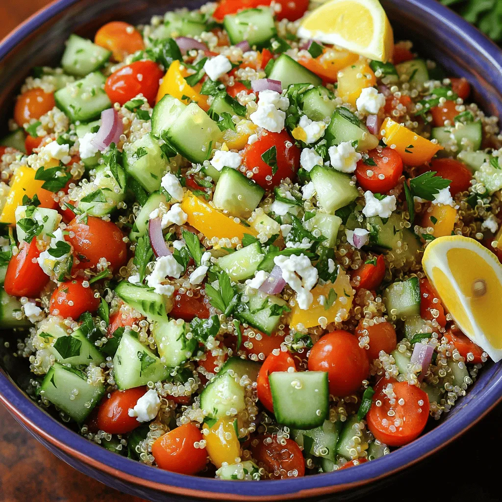 This Lemon Herb Quinoa Salad is fresh and full of flavor. It takes just 30 minutes to prepare. You can make it for a light lunch or dinner. You can also serve it as a side dish. This salad is healthy and satisfying. Here’s what you will need: - 1 cup quinoa, rinsed - 2 cups vegetable broth (or water) - 1 medium cucumber, diced - 1 cup cherry tomatoes, halved - 1 bell pepper (any color), diced - 1/4 red onion, finely chopped - 1/4 cup fresh parsley, chopped - 1/4 cup fresh mint, chopped - 1/4 cup feta cheese, crumbled (optional) - 1/4 cup olive oil - 3 tablespoons lemon juice - 1 teaspoon lemon zest - Salt and pepper to taste This salad is not only tasty but also good for you. It is rich in protein from quinoa. The fresh veggies add vitamins and minerals. If you add feta, it adds calcium too. Each serving is about 200 calories, depending on the ingredients. This salad is a great choice for a healthy diet. To start, you need to cook the quinoa. First, bring 2 cups of vegetable broth or water to a boil in a medium pot. Next, add 1 cup of rinsed quinoa. This step washes away any bitter taste. After adding the quinoa, reduce the heat to a simmer. Cover the pot and let it cook for about 15 minutes. The quinoa will look fluffy when done. Once cooked, remove it from the heat and let it cool. While the quinoa cools, prepare your veggies. Dice 1 medium cucumber and 1 bell pepper. Halve 1 cup of cherry tomatoes. Finely chop 1/4 of a red onion. For fresh herbs, chop 1/4 cup each of parsley and mint. Combine all these ingredients in a large mixing bowl. This mix will add color and crunch to your salad. Now let’s make the dressing. In a small bowl, whisk together 1/4 cup of olive oil, 3 tablespoons of lemon juice, and 1 teaspoon of lemon zest. Add salt and pepper to taste. This dressing will give your salad a fresh, zesty flavor. Once the quinoa is cool, fluff it with a fork and add it to the bowl with the veggies. Pour the dressing over the mix and gently combine everything. If you like, sprinkle 1/4 cup of crumbled feta cheese on top. Finally, taste your salad and adjust the seasoning if needed. For the full recipe, you can refer to the above instructions. To make perfect quinoa, follow these simple steps: - Always rinse your quinoa first. This removes bitterness. - Use twice as much liquid as quinoa. This helps it cook well. - Cook it on low heat. This keeps it fluffy and light. - Let it sit covered after cooking. This lets it steam and fluff up. To make your salad burst with flavor, try these tips: - Add a pinch of cayenne for heat. It gives a nice kick. - Mix in some avocado for creaminess. It pairs well with lemon. - Toss in some olives for a briny touch. They add depth. - Use seasonal herbs like basil or dill. They can change the taste. If you want to switch up the dressing, consider these ideas: - Try apple cider vinegar instead of lemon juice. It adds a tangy twist. - Use tahini for a nutty flavor. This makes it rich and creamy. - Swap olive oil for avocado oil. It has a mild taste that blends well. - Add honey or maple syrup for sweetness. This balances the tartness of lemon. For the complete recipe, refer to the Full Recipe. {{image_2}} You can boost the protein in your Lemon Herb Quinoa Salad easily. Adding cooked chicken, shrimp, or chickpeas gives it a hearty touch. For chicken, grill or roast it with simple spices. For shrimp, sauté them quickly until pink. If you prefer plant-based options, toss in some black beans or lentils. These options make the salad filling and nutritious. To make this salad vegan, simply leave out the feta cheese. You can add avocado for creaminess instead. A sprinkle of nutritional yeast gives a cheesy flavor without dairy. You can also include roasted nuts or seeds for added crunch and protein. This way, you keep the salad delicious and plant-based. Seasonal swaps keep your salad fresh and exciting. In summer, try adding ripe peaches or mangoes for sweetness. In fall, roasted sweet potatoes or butternut squash add warmth. You can also swap herbs based on what's fresh. Basil in summer and sage in winter change the flavor profile beautifully. These swaps keep your salad vibrant and flavorful throughout the year. After enjoying your Lemon Herb Quinoa Salad, let any leftovers cool first. Place them in an airtight container. Store it in the fridge. This keeps the salad fresh and tasty. If stored correctly, it stays delicious for days. When you're ready to eat the salad again, you can serve it cold or warm it up. If you prefer it warm, add it to a pot. Heat gently over low heat while stirring. Avoid high heat to keep the veggies crisp. In the fridge, your Lemon Herb Quinoa Salad lasts about 3 to 5 days. If you see any signs of spoilage, like an odd smell or color, toss it out. For the best taste and quality, enjoy it within this time. If you don’t have quinoa, try using rice or couscous. Both options work well. You can also use farro or bulgur for a different texture. Each grain offers a unique flavor but still pairs nicely with lemon and herbs. Yes, you can prepare this salad ahead. Just store it in the fridge for up to two days. The flavors will blend well. Keep the dressing separate until you're ready to eat. This way, the salad stays fresh and crisp. To make this salad gluten-free, simply stick with quinoa. Quinoa is naturally gluten-free. Ensure any other ingredients, like broth, are also gluten-free. Check labels for sauces or dressings to avoid gluten. Enjoy your tasty, safe salad! This blog post gave a full view of making a quinoa salad. We covered the key ingredients and went through step-by-step cooking tips. I shared helpful ways to boost flavor and variations for protein and vegan choices. Lastly, I explained how to store leftovers and answered FAQs. Remember, this salad is not only tasty but also healthy. Enjoy trying new ingredients. You can make it your own, and it's perfect for any meal!