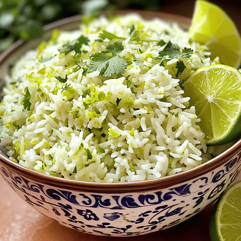To make a tasty cilantro lime rice, you need: - 1 cup long-grain white rice - 2 cups vegetable broth (or water) - 1 tablespoon olive oil - 1 fresh lime (juiced and zested) - 1/2 cup fresh cilantro, chopped - 1 garlic clove, minced - 1/2 teaspoon salt (adjust to taste) - 1/4 teaspoon black pepper These ingredients blend well to create a fresh and zesty flavor. The rice acts as the base, soaking up the broth and lime juice. The cilantro adds a bright green color and a fresh taste. Garlic gives a rich aroma, making each bite delightful. You can enhance your cilantro lime rice with these optional ingredients: - 1/4 teaspoon chili powder for a hint of heat Adding chili powder can give a nice kick to the dish. If you like a bit of spice, this is a great choice. You can also mix in other herbs or even beans for extra flavor and texture. To prepare this dish, you will need: - A medium saucepan - A fine-mesh sieve for rinsing rice - A cutting board and knife for chopping - A fork for fluffing the rice These tools help you cook the rice perfectly and mix in the flavors. A good saucepan is key. It should have a tight-fitting lid to trap steam, ensuring fluffy rice. With these simple tools, you can create a dish that impresses everyone at the table. For the full recipe, check out the detailed instructions above. Rinsing rice is key for great texture. Place your rice in a fine-mesh sieve. Hold it under cold running water. Swirl the rice with your hand. Rinse until the water runs clear. This removes excess starch. Less starch means fluffier rice. Heat olive oil in a medium saucepan over medium heat. Add minced garlic to the pot. Sauté for about 30 seconds. You want it fragrant, not burnt. Now, add the rinsed rice to the pot. Stir to coat the rice in the garlic oil. Cook for 1-2 minutes. This toasting brings out the rice's rich flavor. Pour in 2 cups of vegetable broth or water. Add salt, black pepper, and optional chili powder. Give it a gentle stir to mix. Bring the mixture to a boil. Once boiling, reduce heat to low. Cover the pot tightly and simmer. Cook for 15-18 minutes until tender. The liquid should absorb fully. After cooking, remove the pot from heat. Let it rest for 5 minutes, covered. This step helps the rice to finish cooking. Now, fluff it with a fork. Stir in the lime juice, zest, and chopped cilantro. Mix well to combine. Taste and adjust seasoning as needed. Enjoy your fresh and zesty cilantro lime rice! For detailed cooking steps, check the Full Recipe. To make sure your rice is fluffy, rinse it well. Rinse the rice until the water runs clear. This step removes the extra starch. Extra starch can make the rice sticky. Use a fine-mesh sieve for best results. After cooking, let the rice rest for five minutes. This step helps the rice grains separate nicely. Fluff the rice gently with a fork before serving. You can easily tweak the flavors of cilantro lime rice. Start by adjusting the lime juice. More lime juice adds a zesty kick. If you love heat, add chili powder. You can also mix in more fresh herbs like parsley or green onions. Taste as you go, and don't be afraid to experiment. This dish is all about your taste! Cilantro lime rice is a great side dish. It pairs well with grilled chicken or fish. You can also serve it with tacos or burritos. For a fun twist, use it as a base for a rice bowl. Top it with beans, avocado, and fresh veggies. The bright flavors make every meal pop! For the full recipe, check out the complete guide. {{image_2}} You can turn cilantro lime rice into a full meal by adding protein. Grilled chicken, shrimp, or tofu work well. For chicken, marinate it in lime juice and spices before grilling. For shrimp, a quick sauté with garlic is perfect. Tofu can soak in the same marinade as chicken. Add the cooked protein on top or mix it in for a tasty dish. Cilantro lime rice is a great base for vegetarian and vegan meals. You can add black beans or pinto beans for protein and fiber. Corn adds a sweet crunch that balances the flavors. For a more filling dish, mix in sautéed bell peppers or zucchini. These veggies add color and nutrients, making your meal even better. If you like heat, there are easy ways to spice up your cilantro lime rice. Add diced jalapeños or serrano peppers while cooking the rice. For a smoky flavor, mix in chipotle powder or diced chipotle peppers. If you want a kick without the extra heat, try adding a splash of hot sauce just before serving. These additions bring a new layer of flavor to your rice. For the full recipe, check out the detailed steps above. Store leftover cilantro lime rice in an airtight container. Make sure it cools to room temperature first. This helps keep it fresh and prevents bacteria growth. Place it in the fridge for up to three days. If you want to keep it longer, consider freezing it. When reheating, add a splash of water or broth. This keeps the rice moist. You can use the microwave or a pan on the stove. Heat it gently until warm. Stir to blend the flavors again. This makes sure your cilantro lime rice tastes fresh. To freeze cilantro lime rice, scoop it into freezer-safe bags. Flatten the bags to save space. Label them with the date. You can freeze it for up to three months. When ready to eat, thaw it in the fridge overnight. Reheat as usual for the best taste. For the full recipe, check out the details above! Cilantro lime rice is a bright and tasty side dish. It combines fluffy rice with fresh cilantro and zesty lime. The dish has a refreshing flavor that pairs well with many meals. You can make it easily at home using simple ingredients. Yes, you can make cilantro lime rice ahead of time. Cook the rice and let it cool. Store it in an airtight container in the fridge. It stays good for about 3 days. When ready to eat, reheat it gently and add fresh cilantro and lime juice for the best flavor. Cilantro lime rice works well with many dishes. You can pair it with grilled chicken, fish, or shrimp. It also goes great with tacos, burritos, or salads. The zesty flavor can enhance any meal, making it a versatile side. Making cilantro lime rice in a rice cooker is simple. First, rinse the rice well. Add the rinsed rice to the cooker with vegetable broth or water. Include salt, pepper, and minced garlic. Cook it according to your rice cooker’s instructions. Once done, fluff the rice and stir in lime juice and cilantro. Enjoy your perfect side dish with the [Full Recipe]. Cilantro lime rice is a simple and tasty dish. We covered key ingredients and kitchen tools. The step-by-step guide shows you how to make it perfectly. Tips help you adjust flavors and keep the rice fluffy. You can try fun variations or add protein for a full meal. Store leftovers well to enjoy later. I hope you feel ready to make this dish at home. Enjoy your cooking adventure!