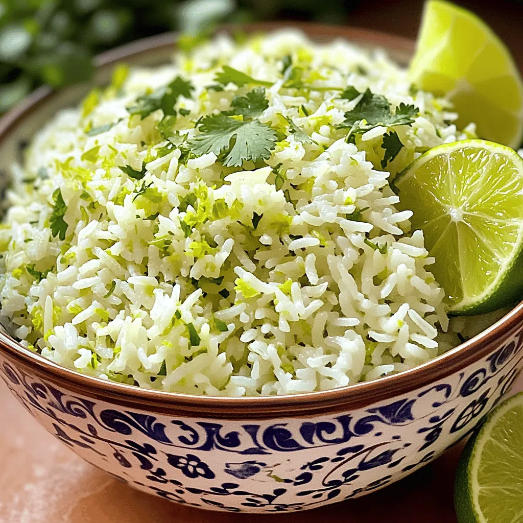 To make a tasty cilantro lime rice, you need: - 1 cup long-grain white rice - 2 cups vegetable broth (or water) - 1 tablespoon olive oil - 1 fresh lime (juiced and zested) - 1/2 cup fresh cilantro, chopped - 1 garlic clove, minced - 1/2 teaspoon salt (adjust to taste) - 1/4 teaspoon black pepper These ingredients blend well to create a fresh and zesty flavor. The rice acts as the base, soaking up the broth and lime juice. The cilantro adds a bright green color and a fresh taste. Garlic gives a rich aroma, making each bite delightful. You can enhance your cilantro lime rice with these optional ingredients: - 1/4 teaspoon chili powder for a hint of heat Adding chili powder can give a nice kick to the dish. If you like a bit of spice, this is a great choice. You can also mix in other herbs or even beans for extra flavor and texture. To prepare this dish, you will need: - A medium saucepan - A fine-mesh sieve for rinsing rice - A cutting board and knife for chopping - A fork for fluffing the rice These tools help you cook the rice perfectly and mix in the flavors. A good saucepan is key. It should have a tight-fitting lid to trap steam, ensuring fluffy rice. With these simple tools, you can create a dish that impresses everyone at the table. For the full recipe, check out the detailed instructions above. Rinsing rice is key for great texture. Place your rice in a fine-mesh sieve. Hold it under cold running water. Swirl the rice with your hand. Rinse until the water runs clear. This removes excess starch. Less starch means fluffier rice. Heat olive oil in a medium saucepan over medium heat. Add minced garlic to the pot. Sauté for about 30 seconds. You want it fragrant, not burnt. Now, add the rinsed rice to the pot. Stir to coat the rice in the garlic oil. Cook for 1-2 minutes. This toasting brings out the rice's rich flavor. Pour in 2 cups of vegetable broth or water. Add salt, black pepper, and optional chili powder. Give it a gentle stir to mix. Bring the mixture to a boil. Once boiling, reduce heat to low. Cover the pot tightly and simmer. Cook for 15-18 minutes until tender. The liquid should absorb fully. After cooking, remove the pot from heat. Let it rest for 5 minutes, covered. This step helps the rice to finish cooking. Now, fluff it with a fork. Stir in the lime juice, zest, and chopped cilantro. Mix well to combine. Taste and adjust seasoning as needed. Enjoy your fresh and zesty cilantro lime rice! For detailed cooking steps, check the Full Recipe. To make sure your rice is fluffy, rinse it well. Rinse the rice until the water runs clear. This step removes the extra starch. Extra starch can make the rice sticky. Use a fine-mesh sieve for best results. After cooking, let the rice rest for five minutes. This step helps the rice grains separate nicely. Fluff the rice gently with a fork before serving. You can easily tweak the flavors of cilantro lime rice. Start by adjusting the lime juice. More lime juice adds a zesty kick. If you love heat, add chili powder. You can also mix in more fresh herbs like parsley or green onions. Taste as you go, and don't be afraid to experiment. This dish is all about your taste! Cilantro lime rice is a great side dish. It pairs well with grilled chicken or fish. You can also serve it with tacos or burritos. For a fun twist, use it as a base for a rice bowl. Top it with beans, avocado, and fresh veggies. The bright flavors make every meal pop! For the full recipe, check out the complete guide. {{image_2}} You can turn cilantro lime rice into a full meal by adding protein. Grilled chicken, shrimp, or tofu work well. For chicken, marinate it in lime juice and spices before grilling. For shrimp, a quick sauté with garlic is perfect. Tofu can soak in the same marinade as chicken. Add the cooked protein on top or mix it in for a tasty dish. Cilantro lime rice is a great base for vegetarian and vegan meals. You can add black beans or pinto beans for protein and fiber. Corn adds a sweet crunch that balances the flavors. For a more filling dish, mix in sautéed bell peppers or zucchini. These veggies add color and nutrients, making your meal even better. If you like heat, there are easy ways to spice up your cilantro lime rice. Add diced jalapeños or serrano peppers while cooking the rice. For a smoky flavor, mix in chipotle powder or diced chipotle peppers. If you want a kick without the extra heat, try adding a splash of hot sauce just before serving. These additions bring a new layer of flavor to your rice. For the full recipe, check out the detailed steps above. Store leftover cilantro lime rice in an airtight container. Make sure it cools to room temperature first. This helps keep it fresh and prevents bacteria growth. Place it in the fridge for up to three days. If you want to keep it longer, consider freezing it. When reheating, add a splash of water or broth. This keeps the rice moist. You can use the microwave or a pan on the stove. Heat it gently until warm. Stir to blend the flavors again. This makes sure your cilantro lime rice tastes fresh. To freeze cilantro lime rice, scoop it into freezer-safe bags. Flatten the bags to save space. Label them with the date. You can freeze it for up to three months. When ready to eat, thaw it in the fridge overnight. Reheat as usual for the best taste. For the full recipe, check out the details above! Cilantro lime rice is a bright and tasty side dish. It combines fluffy rice with fresh cilantro and zesty lime. The dish has a refreshing flavor that pairs well with many meals. You can make it easily at home using simple ingredients. Yes, you can make cilantro lime rice ahead of time. Cook the rice and let it cool. Store it in an airtight container in the fridge. It stays good for about 3 days. When ready to eat, reheat it gently and add fresh cilantro and lime juice for the best flavor. Cilantro lime rice works well with many dishes. You can pair it with grilled chicken, fish, or shrimp. It also goes great with tacos, burritos, or salads. The zesty flavor can enhance any meal, making it a versatile side. Making cilantro lime rice in a rice cooker is simple. First, rinse the rice well. Add the rinsed rice to the cooker with vegetable broth or water. Include salt, pepper, and minced garlic. Cook it according to your rice cooker’s instructions. Once done, fluff the rice and stir in lime juice and cilantro. Enjoy your perfect side dish with the [Full Recipe]. Cilantro lime rice is a simple and tasty dish. We covered key ingredients and kitchen tools. The step-by-step guide shows you how to make it perfectly. Tips help you adjust flavors and keep the rice fluffy. You can try fun variations or add protein for a full meal. Store leftovers well to enjoy later. I hope you feel ready to make this dish at home. Enjoy your cooking adventure!