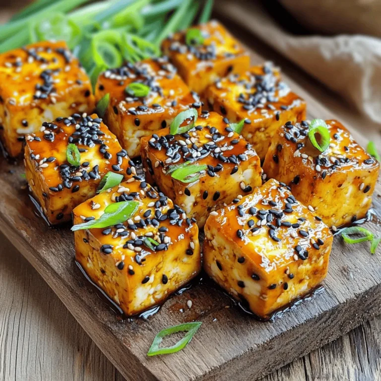 To make oven baked teriyaki tofu, you will need: - 1 block (14 oz) firm tofu, pressed and drained - 1/4 cup soy sauce (or tamari for gluten-free) - 2 tablespoons maple syrup - 2 tablespoons rice vinegar - 2 tablespoons sesame oil - 1 tablespoon fresh ginger, grated - 2 cloves garlic, minced - 1 tablespoon cornstarch - 1/2 teaspoon black sesame seeds (for garnish) - 2 green onions, sliced (for garnish) Each of these ingredients plays a key role in the dish. The firm tofu gives you a nice bite. The soy sauce brings salty depth. Maple syrup balances it with sweetness. Rice vinegar adds a tangy touch. Sesame oil gives a nutty flavor, while ginger and garlic add warmth. If you want a gluten-free version, swap soy sauce with tamari. This change keeps the flavor while making it safe for those with gluten concerns. You can also use coconut aminos as a soy-free option. It has a sweeter taste but still works well. Presentation is important in cooking. For this dish, I suggest using: - Black sesame seeds - Sliced green onions These garnishes add color and texture. They elevate the dish, making it more appealing. You can sprinkle them on top just before serving. Enjoy the burst of flavor they add to your meal! First, you need to press the tofu. This removes extra water and helps it absorb flavor. Use a clean towel to wrap the tofu. Place something heavy on top for about 15 minutes. Next, cut the pressed tofu into 1-inch cubes. Set the cubes aside while you make the sauce. In a medium bowl, mix your teriyaki sauce. Combine 1/4 cup soy sauce, 2 tablespoons maple syrup, 2 tablespoons rice vinegar, and 2 tablespoons sesame oil. Add 1 tablespoon of grated ginger and 2 minced garlic cloves. Whisk it all together until smooth. Pour half of this sauce over your tofu cubes. Toss gently so every piece is coated. Let the tofu marinate for about 15 minutes. This step is key for a burst of flavor. Preheat your oven to 400°F (200°C). Line a baking sheet with parchment paper. Take the marinated tofu and toss it with 1 tablespoon of cornstarch. This gives the tofu a nice crispy crust. Spread the tofu cubes in a single layer on the baking sheet. Bake for 25-30 minutes. Flip the cubes halfway through for even cooking. They should look golden and crispy when done. Drizzle the rest of the teriyaki sauce over the tofu and bake for another 5 minutes. This caramelizes the sauce, adding a tasty glaze. Let the tofu cool for a few minutes before serving. Garnish with black sesame seeds and sliced green onions. Enjoy your meal! For the complete recipe, check out the Full Recipe section. To make crispy tofu, start with firm tofu. Press it to remove extra water. I like to use a clean towel and a heavy pan. This helps the tofu soak up more flavor. After pressing, cut the tofu into cubes. Toss these cubes with cornstarch. The cornstarch helps give that crispy texture when baked. Spread the cubes out on the baking sheet. Make sure they don’t touch. This allows air to circulate and crisp them up. Marination is key to flavor. For this recipe, marinate your tofu for at least 15 minutes. If you have more time, let it sit longer. Up to 30 minutes is great for deeper flavor. Just remember, don’t marinate too long. The tofu can become too salty if left in sauce for hours. Keep an eye on the time to get the best taste. A few mistakes can ruin your tofu. First, don’t skip pressing it. Skipping this step leads to soggy tofu. Second, avoid overcrowding the baking sheet. This makes it hard for the tofu to crisp up. Lastly, don’t forget to flip the tofu halfway through baking. This helps both sides cook evenly. Following these tips will make your oven-baked teriyaki tofu amazing! For the full recipe, check it out [here](Full Recipe). {{image_2}} You can add vegetables to your oven baked teriyaki tofu for extra flavor. Broccoli, bell peppers, and carrots work well. Just chop them into bite-sized pieces. Toss them with the tofu during the last 10 minutes of baking. This way, they stay crisp and tasty. You can even drizzle some teriyaki sauce on top before serving. If you need a tofu substitute, try tempeh or seitan. Tempeh has a nutty taste and a firm texture. Seitan is chewy and mimics meat well. Both options soak up the teriyaki sauce nicely. You can follow the same steps in the recipe for these substitutes. To kick up the heat, add chili flakes or sriracha to the teriyaki sauce. You can start with a teaspoon and adjust to your taste. Another option is to use spicy soy sauce instead of regular soy sauce. This gives your dish a nice kick without much extra effort. Enjoy experimenting with different spice levels! To store leftover teriyaki tofu, place it in an airtight container. Make sure to let it cool first. This keeps the tofu moist and fresh. It can stay in the fridge for up to four days. If you want to keep it longer, consider freezing it. To reheat your teriyaki tofu, I suggest using an oven or a skillet. Preheat the oven to 350°F (175°C). Spread the tofu on a baking sheet and heat for about 10-15 minutes. This method keeps it crispy. If you use a skillet, add a little oil and warm it over medium heat for about 5 minutes. Stir gently to avoid breaking the tofu. You can freeze teriyaki tofu for easy meal prep. First, let it cool completely. Then, wrap it tightly in plastic wrap or foil. Place it in a freezer-safe bag or container. It will stay fresh for up to three months. When you're ready to eat, thaw it overnight in the fridge before reheating. This way, you can enjoy your tasty dish anytime! For the full recipe, check out the previous sections. No, I do not recommend soft tofu for this recipe. Soft tofu has a high water content. It will break apart easily when baking. Firm tofu holds its shape better. It also absorbs flavors well. You want a nice texture that crispy tofu provides. Stick with firm or extra-firm tofu for the best results. Making teriyaki sauce from scratch is easy and fun! Here’s what you need: - 1/4 cup soy sauce (or tamari) - 2 tablespoons maple syrup - 2 tablespoons rice vinegar - 2 tablespoons sesame oil - 1 tablespoon fresh ginger, grated - 2 cloves garlic, minced Just whisk all these ingredients together in a bowl. This sauce has a great balance of sweet and savory flavors. Feel free to adjust the sweetness or add spice if you like. Using fresh ginger and garlic makes a big difference in taste. Oven baked teriyaki tofu pairs well with many sides. Here are a few ideas: - Steamed rice or quinoa - Stir-fried vegetables - A fresh salad with a light dressing - Noodles tossed with sesame oil These sides complement the flavors of the tofu. They also add color and nutrition to your plate. Enjoy mixing and matching your favorites for a complete meal! For the full recipe, check out the details above. This blog post covered how to make oven baked teriyaki tofu. You learned about the main ingredients, including gluten-free options and garnishes. I shared step-by-step instructions for preparing, marinating, and baking the tofu. You now know tips for getting crispy tofu and avoiding common mistakes. We also discussed variations and storage info for leftovers. Tofu can be delicious and satisfying. With these methods, you can enjoy great meals at home. Give it a try and have fun cooking!