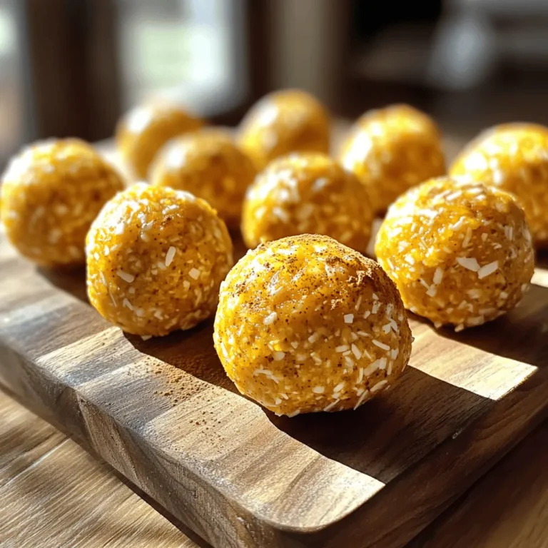 To make pumpkin spice energy balls, gather these simple ingredients: - 1 cup rolled oats - ½ cup almond butter - ½ cup pumpkin puree - 1/4 cup honey or maple syrup - 2 teaspoons pumpkin spice blend (or 1 tsp cinnamon, 1/2 tsp nutmeg, 1/2 tsp ginger) - 1 tablespoon chia seeds - 1/4 cup shredded coconut (unsweetened) - Pinch of salt - Optional: 1/4 cup dark chocolate chips or raisins These ingredients blend perfectly to create a healthy snack. Each ingredient serves a purpose. Here’s what they bring to the table: - Rolled oats: Provide fiber and help keep you full longer. - Almond butter: Adds healthy fats and protein for energy. - Pumpkin puree: Offers vitamins A and C, plus antioxidants. - Honey or maple syrup: Natural sweeteners that add flavor while giving energy. - Pumpkin spice blend: Delivers warm flavors and may boost your mood. - Chia seeds: High in omega-3s and fiber, aiding digestion. - Shredded coconut: Gives texture and healthy fat. - Dark chocolate chips or raisins: Optional, but they add sweetness and variety. This mix creates a balanced treat that feels indulgent but is nourishing. If you need swaps, here are some great options: - Rolled oats: Use quick oats or gluten-free oats for a different texture. - Almond butter: Swap with peanut butter, sunflower seed butter, or cashew butter. - Pumpkin puree: Substitute with sweet potato puree or applesauce for a twist. - Honey or maple syrup: Agave nectar or brown rice syrup works well, too. - Pumpkin spice blend: Use just cinnamon or add more nutmeg and ginger for a stronger flavor. - Shredded coconut: Omit if you dislike it, or use chopped nuts for crunch. - Chocolate chips or raisins: Try dried cranberries or chopped dates for a sweeter bite. These alternatives help cater to different tastes and dietary needs. To make Pumpkin Spice Energy Balls, gather your ingredients first. You will need rolled oats, almond butter, pumpkin puree, honey or maple syrup, pumpkin spice blend, chia seeds, shredded coconut, and a pinch of salt. If you like, you can add chocolate chips or raisins for extra sweetness. 1. In a large mixing bowl, combine the rolled oats, almond butter, pumpkin puree, and honey. Mix until it looks smooth. 2. Next, add the pumpkin spice blend, chia seeds, shredded coconut, and a pinch of salt. Stir until all the ingredients blend well. 3. If you are using dark chocolate chips or raisins, fold them in now. This adds a nice texture and sweetness. 4. Roll the mixture into small balls, about one inch wide. Place them on a parchment-lined baking sheet. 5. Refrigerate the energy balls for at least 30 minutes. This helps them firm up. 6. After chilling, put the energy balls in an airtight container. They last about a week in the fridge or longer in the freezer. Mixing well is important for the flavor. Use a sturdy spoon or spatula. If the mixture feels too sticky, add a little more oats. When rolling the balls, dampen your hands with a bit of water. This helps prevent the mixture from sticking to your hands. Make sure to roll them evenly. The perfect energy ball should be firm but not dry. If they are too crumbly, add more nut butter or pumpkin puree. If they are too wet, add more oats or coconut. Test one ball after chilling. If it holds together well, you’ve nailed it! Enjoy your delicious, healthy snack. For the full recipe, check out the details above. You can easily change your energy balls to fit your taste. Want more crunch? Add nuts or seeds. Prefer sweeter bites? Toss in more honey or maple syrup. You can also switch the spices. Try adding a dash of vanilla or even cocoa powder for a chocolatey twist. Use the [Full Recipe] as your base and make it your own. One common mistake is not measuring ingredients correctly. This can change the texture. Another mistake is skipping the chilling step. Chilling helps the balls hold their shape. Also, don’t forget to mix well. If you don’t combine the ingredients fully, some balls may taste bland. Start by mixing the wet ingredients first. This helps the dry ingredients blend in better. Use your hands to mix; it works best! Make sure you get all the clumps out. Once mixed, form the balls quickly. Don’t let the dough sit for too long, as it can get sticky. Enjoy making these treats! {{image_2}} You can mix flavors in these energy balls to keep them fun. Try adding a scoop of peanut butter for a nutty twist. If you love chocolate, toss in dark chocolate chips for extra richness. You can also experiment with dried fruits, like cranberries or apricots. Each choice adds a new taste and texture. If you have allergies, you can easily adapt the recipe. Use sunflower seed butter instead of almond butter. For a nut-free option, this works great. If you're avoiding gluten, make sure to choose gluten-free oats. You can also swap honey for agave syrup if you prefer a vegan option. These swaps help everyone enjoy the treat. You can change the flavors based on the season. In the fall, add chopped apples or nuts for crunch. In winter, try cinnamon and nutmeg for a warm flavor. For summer, use fresh berries instead of pumpkin. Each season brings new ways to enjoy these energy balls. You can always create a treat that matches the time of year. For the complete recipe, check the Full Recipe section. I love to keep my pumpkin spice energy balls fresh and tasty. The best way to store them is in an airtight container. Make sure the container is clean and dry. Place the energy balls in a single layer. This helps keep them from sticking together. You can also use parchment paper between layers for extra space. Store them in the fridge for up to a week. If you want to keep your energy balls longer, freezing is the way to go! First, roll them into balls and place them on a baking sheet. Make sure they are not touching. Freeze them for a few hours until firm. Then, transfer them to a freezer-safe bag or container. Label it with the date so you know when you made them. They can last up to three months in the freezer. Just thaw them in the fridge before enjoying. To keep your pumpkin spice energy balls fresh, avoid leaving them out at room temperature for too long. Always seal the container tightly after each use to keep air out. If you notice any change in smell or texture, it's best to toss them. To enjoy the best flavor, eat them within a week if stored in the fridge. Remember, freshness is key for taste! Check out the Full Recipe for more tips and tricks on making these delicious bites. Pumpkin spice energy balls stay fresh for about one week in the fridge. If you freeze them, they last for up to three months. Use an airtight container for the best storage. This keeps them moist and tasty. Just thaw them in the fridge when you want to enjoy! Yes, you can swap almond butter for other nut butters. Peanut butter or cashew butter works well too. Each nut butter gives a unique taste. Just ensure the texture stays similar for the best results. Absolutely! These energy balls offer a mix of healthy fats, fiber, and protein. They give you energy without added sugar. The oats and pumpkin provide nutrients. Enjoy them for a quick snack or a pre-workout boost! You can add spices like cinnamon, ginger, or allspice. Each spice will change the flavor a bit. Try adding a pinch of cayenne for heat or cardamom for a sweet note. Experiment to find your favorite blend! You learned how to make tasty pumpkin spice energy balls. We covered key ingredients and their nutrition. I shared tips for preparation and common mistakes to avoid. You also discovered ways to customize and store them for freshness. These snacks are easy to make and fun to change. Remember, cooking is about creativity. Enjoy your energy balls and share them with friends!