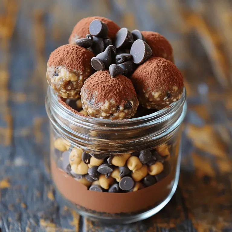 - 1 cup rolled oats - 1/2 cup natural peanut butter - 1/3 cup honey or maple syrup - 1/2 cup dark chocolate chips - 1/4 cup ground flaxseed - 1/2 teaspoon vanilla extract - A pinch of sea salt The ingredients for Chocolate Peanut Butter Energy Bites are simple and healthy. The rolled oats give you fiber, while the peanut butter adds protein and healthy fats. Honey or maple syrup makes these bites sweet and sticky. Dark chocolate chips add a rich touch, and ground flaxseed boosts the nutrition. Vanilla extract and sea salt enhance the flavors. Each bite packs a punch of nutrition. These bites offer energy from oats and protein from peanut butter. The oats help with digestion and keep you full longer. Peanut butter is great for muscle health and energy. Dark chocolate, when enjoyed in moderation, has antioxidants. It can improve heart health and mood. Together, these ingredients make a tasty snack that fuels your day. If you want to learn how to make these bites, check out the Full Recipe. To make these energy bites, you need a few tools: - A large mixing bowl - Parchment paper for the baking sheet - A spoon or spatula for mixing - A measuring cup for precise amounts These tools make the process easy and fun! Step 1: Mixing dry ingredients Start by adding 1 cup of rolled oats, 1/4 cup of ground flaxseed, and a pinch of sea salt into your mixing bowl. Stir these dry items together well. This step helps to evenly mix the flavors. Step 2: Preparing and combining wet ingredients In a separate bowl, measure 1/2 cup of natural peanut butter, 1/3 cup of honey or maple syrup, and 1/2 teaspoon of vanilla extract. Stir them until you have a smooth mixture. This creamy base adds richness to your bites. Step 3: Combining mixtures and shaping bites Pour the wet mixture into the bowl with the dry ingredients. Mix them well until everything is coated. Then fold in 1/2 cup of dark chocolate chips. Scoop small portions and roll them into balls about 1 inch in size. Place them on parchment paper, leaving space between each. Chill the energy bites for at least 30 minutes. This helps them firm up and stay together better. If you want a different texture, you can add more oats for a firmer bite or more peanut butter for a creamier bite. Adjusting these ingredients can give you the perfect snack! 1. Overmixing the ingredients: When you mix too much, the bites can become tough. Just mix until everything is combined. You want a nice, sticky mixture that holds together. 2. Using the wrong type of peanut butter: Always choose natural peanut butter. The kind with added sugar or oils can change the flavor and texture. Natural peanut butter gives a rich taste and works best in these bites. - Suggestions for adding spices or other flavors: You can spice things up with a dash of cinnamon or even a bit of sea salt. These flavors add depth and make each bite even better. If you like coconut, try adding unsweetened shredded coconut for a tropical twist. - Tips for achieving a perfect consistency: If your mixture feels too dry, add a little more peanut butter or honey. If it’s too wet, just add a few more oats. You want a mix that holds its shape but isn’t crumbly. - Creative ways to present the energy bites: Try serving the bites in a small mason jar or on a fun plate. You can sprinkle some cocoa powder or extra chocolate chips on top for a nice look. It makes them feel more special. - Pairing ideas with drinks or other snacks: These energy bites work great with a glass of milk or a smoothie. You can also enjoy them with fruit like apple slices or bananas. This makes a balanced snack that’s tasty and filling. {{image_2}} You can switch the peanut butter for other nut butters. Almond butter works great! If you want a nut-free option, try sunflower seed butter. For sweeteners, honey is tasty, but agave syrup is a good choice, too. Coconut sugar adds a nice caramel flavor. To make these bites gluten-free, use certified gluten-free oats. If you follow a vegan diet, replace honey with maple syrup. You can also swap the chocolate chips for dairy-free ones. Want to get creative? Add dried fruits like raisins or cranberries for a chewy texture. Chopped nuts or seeds can give a nice crunch. For chocolate lovers, try using milk chocolate or white chocolate chips instead of dark. Each type will change the taste, so have fun experimenting! To keep your energy bites fresh, store them in the fridge. Use an airtight container. This helps to keep them from drying out. You can also wrap them in plastic wrap for added protection. This way, they stay tasty and ready for snacking. When stored properly, these energy bites last about one week in the fridge. After that, they may start to lose flavor. Look for signs of spoilage like a dry texture or a sour smell. If they look or smell off, it’s best to toss them. If you want to save some bites for later, freezing is a great option. To freeze, place the bites in a single layer on a baking sheet. Freeze them until solid, then transfer to an airtight container or freezer bag. This helps keep them fresh for up to three months. To defrost, simply take out the desired amount and let them sit at room temperature for about 15 minutes. Enjoy them as a quick snack! For the full recipe, check out the details above. To make these energy bites vegan, swap honey with maple syrup. Maple syrup works well as a sweetener. You can also use almond butter in place of peanut butter if you prefer. Just make sure all your ingredients are vegan-friendly. This way, you can enjoy tasty bites while sticking to your diet. Yes, you can! If you have nut allergies, use sun butter or soy nut butter. These options mimic the taste and texture of peanut butter. For added flavor, you can try using pumpkin seed butter instead. Make sure to check all ingredient labels to ensure they are nut-free. I love serving these energy bites in a small mason jar. It looks cute and is easy to grab. You can also place them on a decorative plate. For a special touch, sprinkle some cocoa powder or extra chocolate chips on top. This makes them even more appealing! Let's recap the key points of this blog post. You learned how to make tasty energy bites using simple ingredients. We covered the nutritional benefits and how each helps your health. I shared step-by-step instructions for making them with ease. You also found tips, variations, and storage methods to keep them fresh. These energy bites are quick to make and easy to personalize. Try them for a snack or a boost before activities. Enjoy making these bites that are healthy and delicious!