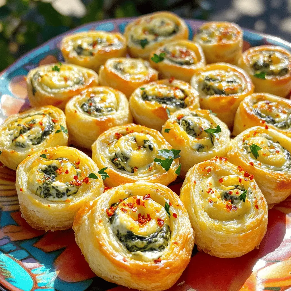 Cheesy Spinach Pinwheels are easy to make and packed with flavor. They take only 35 minutes from start to finish. This recipe serves 4 to 6 people, making it perfect for gatherings. You can find the full recipe detailed below. To make these tasty pinwheels, you need: - 1 cup fresh spinach, chopped - 1 cup cream cheese, softened - 1 cup shredded mozzarella cheese - 1/2 cup grated Parmesan cheese - 1 teaspoon garlic powder - 1 teaspoon onion powder - 1/4 teaspoon red pepper flakes (optional) - 4 large flour tortillas - Salt and pepper to taste - Olive oil for brushing These ingredients create a creamy, cheesy filling that blends well with the spinach. You can add other ingredients to customize your pinwheels. Some great options include: - Cooked chicken for extra protein - Bell peppers for crunch - Herbs like basil or parsley for flavor - Different cheeses such as cheddar or feta These add-ons can enhance the taste and texture, making your pinwheels even more delightful. 1. Start by preheating your oven to 350°F (175°C). This step is key for perfect pinwheels. 2. In a medium bowl, mix the chopped spinach, cream cheese, mozzarella, and Parmesan. 3. Add garlic powder, onion powder, red pepper flakes, salt, and pepper. Stir until smooth. 4. Take a tortilla and lay it flat. Spread one-quarter of the cheese mixture on top. 5. Leave half an inch of space around the edges for easy rolling. 6. Roll the tortilla tightly from one end to the other. 7. Repeat this for the other tortillas and filling. 1. Slice each rolled tortilla into 1-inch thick pinwheels. Use a sharp knife for clean cuts. 2. Place the pinwheels cut side up on a baking sheet lined with parchment paper. 3. Brush the tops lightly with olive oil. This gives them a nice, golden finish. 4. Bake in your preheated oven for 15-20 minutes. Look for a golden color and melted cheese. 5. Once baked, remove from the oven and let cool slightly. 1. Arrange the pinwheels on a colorful platter. This makes them look even more inviting. 2. Garnish with fresh parsley or chili flakes for a pop of color. 3. Serve with a dipping sauce, like marinara or ranch, for added flavor. 4. Enjoy these Cheesy Spinach Pinwheels warm for the best taste! Check out the Full Recipe for more details and tips on making these delightful treats. When making Cheesy Spinach Pinwheels, avoid overfilling the tortillas. Too much filling makes rolling hard. Also, be sure to spread the mixture evenly. If you do not, some pinwheels may not cook well. Another mistake is not letting the cream cheese soften. If it’s cold, mixing will be tough. Lastly, don’t skip the olive oil brush. It helps make the pinwheels golden and tasty. These pinwheels shine on a colorful platter. I love to garnish with fresh parsley, adding a nice touch. For a fun twist, serve with marinara or ranch for dipping. You can even pair them with a fresh salad. The coolness of the salad balances the warmth of the pinwheels. If you want to spice things up, sprinkle some chili flakes on top. You can make these pinwheels in advance. Just prepare, roll, and slice them. Place the pinwheels on a baking sheet and cover with plastic wrap. They can stay in the fridge for up to two days. If you want to freeze, wrap them tightly in foil or freezer bags. They last about three months in the freezer. When ready to eat, bake them straight from the freezer. Just add a few extra minutes to the baking time. For the full recipe, check out the details above. {{image_2}} You can swap out some ingredients to fit your taste. Use ricotta cheese instead of cream cheese for a lighter option. If you want a different flavor, try using goat cheese. You can also replace spinach with kale or even arugula. For a gluten-free option, use corn tortillas instead of flour. This way, you keep the flavor while matching your diet. To spice things up, add some chopped sun-dried tomatoes or olives. They bring a tangy taste that works great with cheese. Want more heat? Add jalapeños or more red pepper flakes. You could also mix in fresh herbs like basil or dill for added freshness. These small changes can make a big difference in flavor. Serve these pinwheels with a side of marinara sauce for dipping. It adds a nice touch and extra flavor. You can also cut them into smaller pieces for bite-sized snacks. Arrange them on a platter with fresh veggies or a salad. This makes for a colorful and fun presentation. If you have leftovers, use them in wraps or salads the next day. They stay tasty and easy to enjoy. For the full recipe, check the section above. To keep your cheesy spinach pinwheels fresh, place them in an airtight container. Make sure they cool down before sealing. You can also wrap them tightly in plastic wrap. This keeps them moist and tasty. Store in the fridge for up to three days. When you're ready to enjoy your leftovers, preheat the oven to 350°F (175°C). Place the pinwheels on a baking sheet. Heat for about 10-15 minutes or until warm. You can also use a microwave. Heat on medium power for 1-2 minutes. Check to ensure they warm evenly. If you want to save pinwheels for later, freeze them. Wrap each pinwheel in plastic wrap, then place them in a freezer bag. They can last up to three months in the freezer. When you're ready to eat, thaw them overnight in the fridge. Reheat as mentioned above. For the best flavor, enjoy them fresh whenever you can. For the full recipe, check the provided link. To make Cheesy Spinach Pinwheels vegan, swap dairy products for plant-based options. Use vegan cream cheese and a mix of nutritional yeast and vegan cheese. These swaps keep the dish creamy and flavorful. You can also add more veggies for extra texture. Try bell peppers or mushrooms for a tasty twist. Yes, you can use various cheeses in Cheesy Spinach Pinwheels. Feel free to mix and match! Cheddar, feta, or even pepper jack cheese can boost flavor. Each cheese brings its own taste and texture. Just keep in mind that some cheeses melt better than others. Choose cheeses based on your taste and what you have on hand. Cheesy Spinach Pinwheels last about 3 to 5 days in the fridge. Make sure to store them in an airtight container. This helps keep them fresh and tasty. If you want to keep them longer, consider freezing them. Just remember to thaw before reheating for the best results. For the full recipe, check out the complete instructions above. In this blog post, we covered how to make Cheesy Spinach Pinwheels. You learned about the key ingredients and optional add-ons. I shared step-by-step instructions, tips, and common mistakes to avoid. I also discussed variations, storage, and answered FAQs. Cheesy Spinach Pinwheels are fun and easy to make. They are great for meals or snacks. With these tips, you can make them just right every time. Enjoy creating your tasty pinwheels!