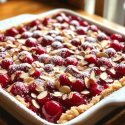 - Cherry pie filling: Use two cans (14.5 oz each). The filling should be sweet and flavorful. Look for brands with whole cherries. This adds a nice texture to your cake. - Sliced almonds: One cup of sliced almonds is key. They give a nice crunch and enhance the almond flavor. Plus, they contrast well with the soft cake and cherries. - Vanilla cake mix: One box (15.25 oz) of vanilla cake mix is best. It provides a sweet base and pairs well with cherries and almonds. Stick with vanilla for a classic taste. - Unsalted butter: Use half a cup of melted unsalted butter. This keeps the cake moist. The butter also helps the cake mix bake evenly. - Almond extract: One teaspoon of almond extract adds depth. It boosts the almond flavor and makes the cake more aromatic. - Vanilla extract: A half teaspoon of vanilla extract rounds out the flavors. It complements the almond and cherry taste. - Powdered sugar: Optionally, use a quarter cup for dusting. It adds a sweet finish and makes the cake look nice. - Powdered sugar for dusting: Dusting with powdered sugar is optional. It adds a touch of sweetness and looks lovely on top of the cake. - Additional toppings: Consider serving with ice cream or whipped cream. Vanilla ice cream pairs well with the cherries. Whipped cream adds a light, fluffy texture. Both toppings enhance the dessert and make it extra special. For the full recipe, check out the Cherry Almond Dump Cake . First, we need to preheat the oven. Set it to 350°F (175°C). This temperature is perfect for baking your cake evenly. While the oven heats, grab a 9x13-inch baking dish. This size works best for our dump cake. It gives enough space for all the tasty layers. Now, let's layer our ingredients. Start with the cherry pie filling. Spread it evenly across the bottom of the dish. This gives a sweet base. Next, sprinkle the sliced almonds on top of the cherries. This adds a nice crunch and flavor. In a medium bowl, mix the vanilla cake mix with the almond and vanilla extracts. Stir gently just until combined. This helps keep the cake light. Pour this mixture over the cherries and almonds. Make sure to cover as much of the filling as possible for a balanced taste. It's time to bake! Place the dish in your preheated oven. Bake for 30 to 35 minutes. Check for doneness by inserting a toothpick into the center. If it comes out clean, the cake is ready. The top should be golden brown and smell amazing. Let the cake cool for about 10 minutes before serving. Dust with powdered sugar if you like. This cake is simple yet delicious. Perfect for any gathering! For the full recipe, check the [Full Recipe]. To make the best Cherry Almond Dump Cake, avoid common mistakes. First, don’t skip the almond extract. It adds a lovely flavor. Also, ensure your butter is melted, not burnt. Burnt butter can ruin the taste. Another tip is to spread the cherry pie filling evenly. This helps the cake cook well. If the cherries are too thick, your cake may not bake right. To achieve a golden crust, keep an eye on your baking time. Bake the cake until it is golden brown. Use a toothpick to check if it’s done. If it comes out clean, your cake is ready! Get creative when serving your cake. Serve it warm and add a scoop of vanilla ice cream on top. The cold ice cream melts slightly, making it delicious. Try garnishing with more sliced almonds for a nice crunch. You can also dust powdered sugar on top for a sweet finish. For drinks, pair your cake with a hot cup of coffee or tea. A fruity drink also works well. These options complement the cherry flavor. For the full recipe, check the earlier section! {{image_2}} You can mix up the cherry almond dump cake by changing a few ingredients. If you don't have cherry pie filling, try other fruit fillings. Blueberry or peach pie filling work great too. These fruits give a different taste but still taste amazing. You can also switch out the sliced almonds for other nuts. Pecans or walnuts add a nice crunch. Each nut brings its own flavor. So, feel free to experiment with what you have on hand! Spices can boost the flavor of your cake. Try adding a dash of cinnamon or nutmeg to the cake mix. These spices add warmth and depth, making it even more delicious. If you want a chocolate twist, mix in some chocolate chips. You can also add a bit more almond extract for a stronger flavor. Vanilla or hazelnut extracts can also work well. These small changes can create a unique twist on the classic recipe. For the full recipe, refer to the Cherry Almond Dump Cake section. To keep your Cherry Almond Dump Cake fresh, use an airtight container. This helps prevent it from drying out. If you plan to eat it soon, store it in the fridge. It lasts about 3 to 5 days in the refrigerator. For longer storage, you can freeze the leftovers. Wrap the cake tightly in plastic wrap and then in aluminum foil. This keeps it safe from freezer burn. When frozen, it can last up to 3 months. Just remember to label it with the date! When reheating, it's best to use an oven. This keeps the cake's texture nice and soft. Preheat the oven to 350°F (175°C). Place the cake in an oven-safe dish and cover it with foil. Heat it for about 15 to 20 minutes, or until warm. If you use a microwave, the cake can become soggy. If you must use it, heat in short bursts. Start with 20 seconds, check, and repeat if needed. This method helps maintain some of the cake's original texture. Enjoy your delicious dessert! A dump cake is a super simple dessert. You just dump the ingredients into a pan and bake. It uses fruit filling and cake mix for an easy treat. You can also add nuts, like sliced almonds, for extra flavor. The beauty of a dump cake is its ease. You don’t need to mix or beat anything. Just layer and bake. This makes it great for busy days when you want dessert fast. Yes, you can make this recipe gluten-free! Use a gluten-free cake mix instead of regular. Many brands offer good gluten-free options that taste great. Make sure to check the label for gluten-free certification. This way, you can enjoy the Cherry Almond Dump Cake without worry. It will still be delicious and fluffy, just like the original! Cherry Almond Dump Cake can last for about three days at room temperature. Store it in an airtight container to keep it fresh. You can also refrigerate it for up to a week. If you want to save some for later, you can freeze it. Just wrap it tightly and place it in the freezer. It can last for up to three months frozen. When you want to enjoy it again, thaw it overnight in the fridge before reheating. This blog post covers everything you need for Cherry Almond Dump Cake. We discussed essential ingredients, including cherry pie filling, almonds, and cake mix flavors. I shared steps for baking this delicious dessert and tips to avoid common mistakes. You learned how to store leftovers and reheat them properly. I hope you feel ready to create this tasty treat. Enjoy experimenting with different flavors and toppings. Your kitchen will smell amazing, and your friends will love it!
