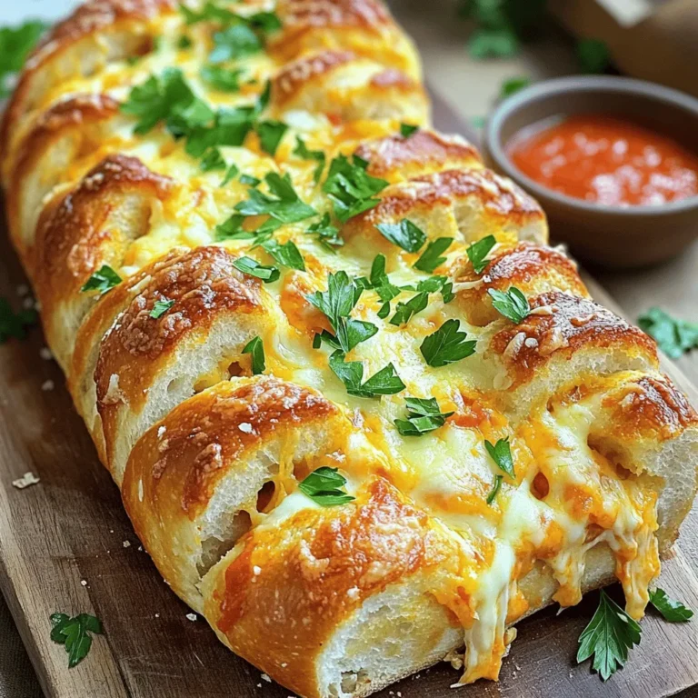- 1 loaf of fresh sourdough bread - 1 cup shredded mozzarella cheese - 1 cup shredded cheddar cheese - 1/2 cup unsalted butter (1 stick), softened - 4 cloves garlic, minced - 1/4 cup fresh parsley, chopped - 1 teaspoon garlic powder - 1/2 teaspoon salt - 1/4 teaspoon black pepper - Different cheese types (e.g., gouda, parmesan) - Herbs (e.g., oregano, basil) - Spicy additions (e.g., red pepper flakes) - Alternative bread types (e.g., Italian, French) - Vegan substitutes for butter and cheese When making cheesy pull-apart garlic bread, start with fresh sourdough. It has a nice crust and soft inside. The two types of cheese create a rich flavor. I suggest mozzarella for stretchiness and cheddar for a sharp taste. You can add other cheeses too. Gouda adds a smokey note, while parmesan gives it a nice bite. For an herby twist, toss in some oregano or basil. If you like heat, sprinkle in red pepper flakes. If you need to swap ingredients, that’s easy! You can use Italian or French bread. For a vegan version, try plant-based butter and cheese. This makes it friendly for more diets. The ingredients are key to the flavor. Feel free to mix and match to suit your taste. For the full recipe, check the [Full Recipe]. - Preheat your oven to 350°F (175°C). This ensures even cooking. - In a small bowl, mix together the softened butter, minced garlic, chopped parsley, garlic powder, salt, and black pepper. Blend them well until creamy. This garlic butter mixture adds rich flavor. - Take your loaf of sourdough bread. Make grid cuts in the bread without cutting all the way through. Aim for about 1-inch gaps. This helps the butter and cheese soak in. - Use a knife or spoon to spread the garlic butter mixture generously into the cuts. Make sure to fill every crack. This step is key for flavor. - Fill the grid cuts with shredded mozzarella and cheddar cheese. Be generous! The cheese will melt and create delicious pockets of gooeyness. - Wrap the bread in aluminum foil. Place it on a baking sheet and bake for 15 minutes. This helps the bread heat through. - Remove the foil and bake for another 10-15 minutes. You want the cheese to be bubbly and the bread to be golden brown. For the full recipe, check the details above. I promise, this cheesy pull-apart garlic bread will impress everyone! To make perfect cheesy pull-apart garlic bread, avoid cutting through the bottom. This keeps the bread intact. It allows the cheese and butter to melt inside the cuts. For even flavor, distribute the garlic butter well. Use a knife or spoon to push the butter deep into each cut. Serve cheesy pull-apart garlic bread with warm marinara sauce. This adds a tasty dip for each piece. It also pairs well with pasta dishes or salads. You can serve it as a fun appetizer at parties. Everyone loves pulling apart cheesy bread! Store leftover cheesy garlic bread in an airtight container. Keep it at room temperature for up to two days. For longer storage, wrap it in foil and freeze. To reheat, use the oven for the best texture. Bake at 350°F (175°C) for about 10 minutes. This keeps the cheese melted and the bread soft. For quick reheating, you can use the microwave, but it may not stay crispy. {{image_2}} Mixing different cheeses can make your cheesy pull-apart garlic bread even better. You can use mozzarella for stretch and cheddar for a sharp taste. Try gouda for a smoky flavor or parmesan for a nutty touch. If you want it extra gooey, add some cream cheese. It melts well and brings a rich flavor. Just mix it with your garlic butter for a creamy twist. You can also play with flavors in your garlic butter. Adding herbs like oregano or basil can boost the taste. Garlic butter infused with fresh rosemary creates a lovely aroma. For an extra kick, try adding red pepper flakes. If you enjoy meat, mix in some bacon bits. They add a savory crunch that pairs well with the cheese. If you need gluten-free options, you can use gluten-free bread. Many brands offer tasty choices that work great. For vegan adaptations, use plant-based butter and cheese. Nutritional yeast can give a cheesy flavor without dairy. Check labels to find the best options for your dietary needs. For more ideas, check out the Full Recipe and see how you can customize it to suit your taste! To store leftover cheesy pull-apart garlic bread at room temperature, wrap it tightly in foil. This helps keep the bread soft. Place it in a cool, dry area away from sunlight. It will stay fresh for about two days. If you want to eat it later, refrigerate it for up to a week. For long-lasting freshness, freezing is the best option. First, let the bread cool completely. Once cooled, wrap it in plastic wrap tightly. Then, place it in a freezer bag or airtight container. This will help prevent freezer burn. You can freeze it for up to three months. When ready to enjoy, just thaw it overnight in the fridge. To keep the bread fresh and gooey while reheating, follow these steps. Preheat your oven to 350°F (175°C). Remove the bread from any wrap and place it on a baking sheet. Cover it loosely with foil to avoid burning. Bake for about 15-20 minutes. You want the cheese to melt and the bread to warm through. Enjoy your cheesy pull-apart garlic bread just like fresh! For the full recipe, check out the complete guide. Making cheesy pull-apart garlic bread is easy and fun. Start with simple steps: - Preheat your oven to 350°F (175°C). - Mix butter, garlic, parsley, garlic powder, salt, and pepper in a bowl. - Cut the sourdough bread into a grid, about 1-inch apart. - Spread the garlic butter mix into the cuts. - Fill the cuts with mozzarella and cheddar cheese. - Wrap in foil and bake for 15 minutes. - Unwrap and bake for another 10-15 minutes until golden. These steps make a delicious dish that everyone loves. You can find the full recipe for more details. Yes, you can use different types of bread. While sourdough gives a nice crusty texture, consider these options: - Italian bread - French baguette - Focaccia Each bread type gives a unique taste. Choose one based on your preference or what you have at home. To add some heat to your cheesy pull-apart garlic bread, try these ideas: - Add red pepper flakes to the garlic butter mix. - Mix in diced jalapeños for a fresh kick. - Use pepper jack cheese instead of mozzarella or cheddar. These spicy additions will make your bread burst with flavor. This bread pairs well with many dishes. Here are some tasty ideas: - Marinara sauce for dipping - A fresh green salad - Soup, like tomato or minestrone These sides enhance your meal and make it even more enjoyable. In this blog post, we covered how to make cheesy pull-apart garlic bread. We discussed the ingredients needed, like sourdough, cheeses, and garlic. You learned step-by-step instructions for preparing, baking, and serving your bread. We also shared tips for perfect texture and storage methods. In the end, this tasty treat is versatile. You can change the cheeses and herbs based on your taste. Enjoy your cooking adventure and impress your friends with this simple yet delicious recipe!
