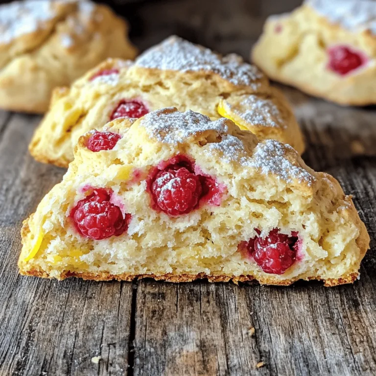 - 2 cups all-purpose flour - 1/3 cup granulated sugar - 1 tablespoon baking powder - 1/2 teaspoon salt - 1/4 cup cold unsalted butter, cubed - 1/2 cup heavy cream - 1 large egg - Zest of 1 lemon - 1 tablespoon lemon juice - 1 cup fresh (or frozen, thawed) raspberries - Optional: powdered sugar for dusting Gathering the right ingredients is key to making perfect Lemon Raspberry Scones. You will need two cups of all-purpose flour for a sturdy base. The sugar adds a touch of sweetness, while baking powder helps them rise. Salt balances the flavors. Use cold unsalted butter. It keeps the scones flaky. Heavy cream gives them a rich taste, and the egg adds moisture and helps bind everything together. The zest and juice from one lemon bring a bright, tangy flavor. Fresh raspberries add a burst of fruity goodness. If you like, dust your scones with powdered sugar for a sweet finish. For the full recipe, you can check the details provided above. Having everything ready will make the cooking process smooth and enjoyable. - Preheat your oven to 400°F (200°C) and line a baking sheet with parchment paper. - In a large bowl, combine 2 cups of all-purpose flour, 1/3 cup granulated sugar, 1 tablespoon baking powder, and 1/2 teaspoon salt. Whisk these dry ingredients together well. - Add 1/4 cup of cold unsalted butter, cubed, into the flour mixture. Use a pastry cutter or your fingers to cut the butter in until the mix looks like coarse crumbs. - In another bowl, whisk together 1/2 cup of heavy cream, 1 large egg, the zest of 1 lemon, and 1 tablespoon of lemon juice until it’s all mixed. - Pour the wet mixture into the dry ingredients. Gently mix it all together until just combined. Be careful not to overmix! - Fold in 1 cup of fresh raspberries, trying not to break them too much. - Turn the dough out onto a floured surface. Knead it a couple of times until it comes together. Pat it into a circle about 1 inch thick. - Cut the dough into 8 wedges and place them on the prepared baking sheet. - Bake for 15-18 minutes, or until the scones turn lightly golden brown. A toothpick should come out clean when inserted. - Let the scones cool on the sheet for 5 minutes before moving them to a wire rack. If you like, dust with powdered sugar before serving. Follow the [Full Recipe] for more details and tips to make your scones shine! To make great scones, avoid overmixing the dough. Mix just until combined. Overmixing makes the scones tough. You want them light and fluffy. When cutting butter into flour, use a pastry cutter or your fingers. Cold butter is key. It helps create that flaky texture. Aim for pea-sized pieces in the flour. This helps the scones rise nicely. Adding a splash of vanilla extract boosts the flavor. Just a teaspoon can make a difference. It adds warmth to the bright lemon and raspberry. You can also try different fruits. Blueberries, strawberries, or blackberries work well. Each fruit brings its unique taste. This way, you can enjoy new flavors all year. For the full recipe, check out the complete instructions above. Enjoy baking! {{image_2}} You can change up your Lemon Raspberry Scones based on what’s fresh. In spring and summer, try using blueberries or strawberries. They add a nice twist. You can also mix in citrus like orange or lime zest for a bright flavor. If you like a crunch, add nuts such as almonds or walnuts. Chopped nuts not only taste great but also give a nice texture to the scones. If you need gluten-free scones, use gluten-free flour blends. Many options work well without losing flavor. For those who want dairy-free scones, try almond milk or coconut cream instead of heavy cream. You can also use plant-based butter in place of regular butter. These changes help everyone enjoy the sweet and tangy delight of Lemon Raspberry Scones. You can find the full recipe linked above for more details. To keep your scones fresh, store them at room temperature. Place them in an airtight container. This helps maintain their soft texture. Try not to stack them, as they might squish. If you want to keep them longer, freeze them. Wrap each scone in plastic wrap, then place them in a freezer bag. This way, you can enjoy Lemon Raspberry Scones later. When you're ready to enjoy your scones again, reheating is simple. For quick reheating, use a microwave. Place a scone on a microwave-safe plate. Heat for about 10-15 seconds. This warms it up nicely but can make it soft. If you prefer a crisp texture, use an oven. Preheat the oven to 350°F (175°C). Bake the scones for about 5-10 minutes. This method keeps them nice and crunchy on the outside. Enjoy your scones like they just came out of the oven! - Can I use frozen raspberries in this recipe? Yes, you can use frozen raspberries. Just thaw and drain them first. This will help keep your dough from getting too wet. Thawed raspberries also work well and still taste great in the scones. - How do I know when scones are done baking? Scones are done when they turn lightly golden brown. Insert a toothpick into the center. If it comes out clean, your scones are ready. Keep an eye on them towards the end of baking for the best results. - What can I serve with Lemon Raspberry Scones? You can serve these scones with clotted cream, butter, or lemon curd. A dollop of whipped cream adds a nice touch too. Fresh fruit or a cup of tea pairs perfectly for a delightful treat. - Why did my scones not rise? If your scones did not rise, check your baking powder. It should be fresh and active. Also, avoid overmixing the dough. This can make the scones tough and prevent them from rising well. - How to fix dry scones? If your scones are dry, try adding a bit more cream next time. You can also brush the tops with cream before baking. This adds moisture and helps keep them soft. If they are already baked, serve them with a spread to add moisture. You now have a clear guide to making delicious lemon raspberry scones. We've covered everything from essential ingredients to mixing and baking techniques. You learned tips to perfect your scones and saw variations to try. Remember, avoid overmixing and store your scones properly for the best results. Scones can bring joy to any meal or gathering. Enjoy the process, and don’t hesitate to get creative with flavors! Happy baking!