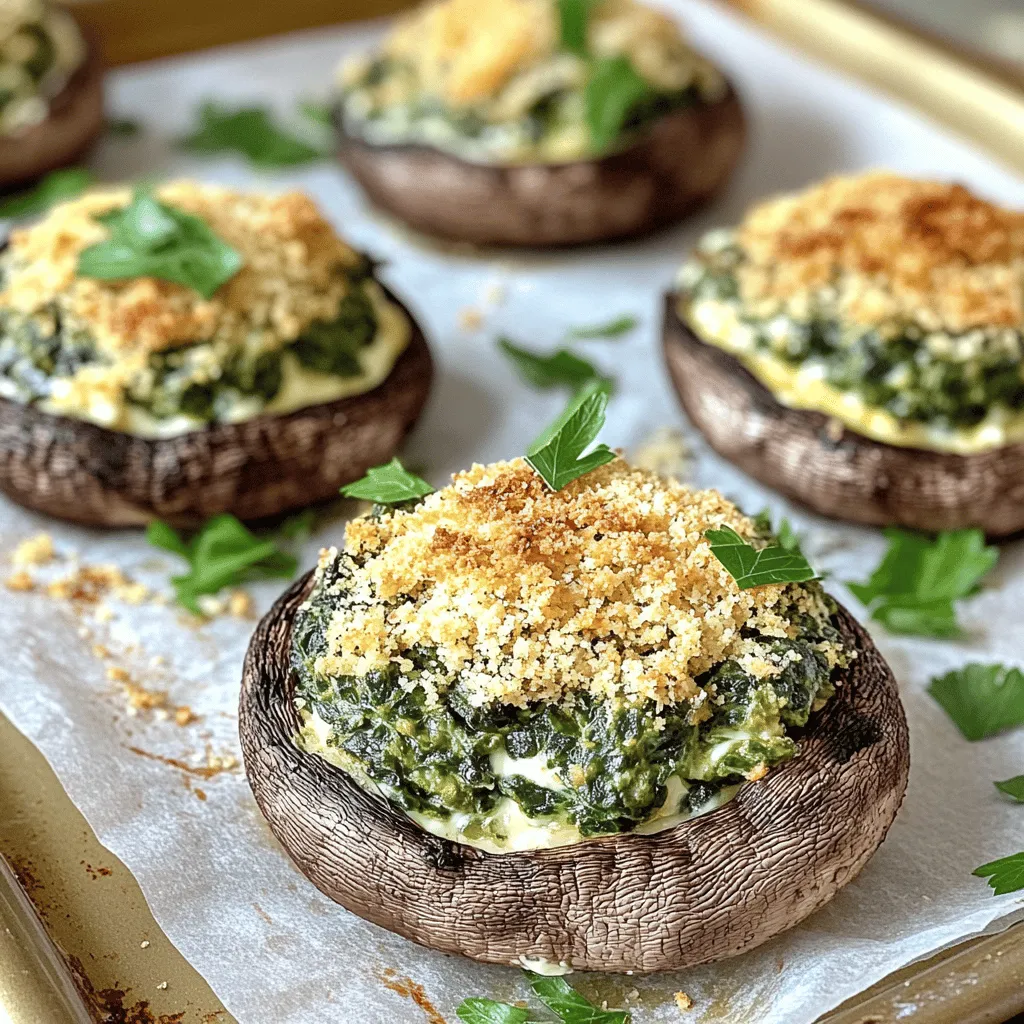 Here’s what you need for spinach stuffed mushrooms: - 12 large portobello mushrooms, stems removed - 2 cups fresh spinach, chopped - 1 cup cream cheese, softened - 1/2 cup grated Parmesan cheese - 1/4 cup breadcrumbs - 2 cloves garlic, minced - 1/4 teaspoon nutmeg - Salt and pepper to taste - 2 tablespoons olive oil - Fresh parsley for garnish You can add your twist to this dish. Here are some ideas: - Crumbled feta cheese for a tangy flavor - Chopped sun-dried tomatoes for a touch of sweetness - Cooked sausage for added protein - Spices like red pepper flakes for heat If you don't have certain ingredients, don’t worry! Here are some swaps: - Use ricotta cheese in place of cream cheese for a lighter filling - Swap portobello mushrooms with button mushrooms for a smaller bite - Use nutritional yeast instead of Parmesan for a vegan option - Replace breadcrumbs with crushed nuts for a gluten-free choice These ingredients work together to create a tasty and filling dish. You can find the full recipe above! Start by cleaning the mushrooms. Use a damp cloth to wipe them. Remove the stems gently. You want a nice cap for stuffing. Brush each cap with olive oil. This adds flavor and helps them cook well. Sprinkle a bit of salt over the caps. Set them aside while you make the filling. Heat a skillet over medium heat. Add one tablespoon of olive oil. Once hot, toss in the minced garlic. Sauté it for about a minute until it smells nice. Next, add the chopped spinach. Stir it around for 2-3 minutes until it wilts. Take it off the heat and let it cool down a bit. In a mixing bowl, add the cream cheese, Parmesan cheese, breadcrumbs, nutmeg, salt, and pepper. Fold in the cooled spinach. Mix it all together until it’s well combined. Take each mushroom cap and fill it with the spinach mix. Pack it in there nicely. Place the stuffed mushrooms on a baking sheet lined with parchment paper. Bake them in the preheated oven at 375°F (190°C) for 20-25 minutes. They should be tender and look golden on top. Once done, take them out and add fresh parsley for a nice touch. Serve them warm and enjoy! You can follow the Full Recipe for more details. To get perfect stuffed mushrooms, start with large portobello mushrooms. Remove the stems gently. You want to create a nice pocket for the filling. Wipe the caps with a damp cloth to clean them. Brush the caps with olive oil to add flavor. This step helps them roast well. Pack the filling in tightly, but don’t overfill. This helps them hold their shape while baking. Use fresh spinach for the best taste. Sautéing the spinach with garlic adds a rich flavor. You can also add some lemon juice for a bright touch. A pinch of nutmeg gives a warm spice that works well with cream cheese. If you like heat, add red pepper flakes. Mix in extra herbs like thyme or basil for more depth. Serve the stuffed mushrooms warm for the best taste. They shine as appetizers at parties. Pair them with a fresh salad for a light meal. You can also serve them alongside pasta or grilled chicken. A glass of white wine complements the dish nicely. For a fun twist, try them on a toasted baguette slice. Enjoy the flavors with friends and family! {{image_2}} You can easily make vegan spinach stuffed mushrooms. Replace cream cheese with cashew cream or tofu. Use nutritional yeast instead of Parmesan for that cheesy taste. Add a splash of lemon juice for a fresh kick. This keeps the rich flavor while being plant-based. If you're gluten-free, switch out regular breadcrumbs for gluten-free ones. You can also use crushed nuts or seeds for a crunchy topping. These swaps keep the taste and texture without gluten. It’s a tasty way to enjoy the dish without worry. Cheese lovers can get creative. Try adding feta cheese for a tangy twist. Mozzarella will give a gooey, melty texture. Goat cheese adds a rich and earthy flavor. Mix and match cheeses to find your favorite combo. This way, each bite brings something new and exciting. For the full recipe, check out Spinach Stuffed Mushrooms. Enjoy the fun of creating your own versions! To store leftover stuffed mushrooms, let them cool down first. Place them in an airtight container. This keeps them fresh and tasty. You can store them in the fridge for up to three days. If you want to enjoy them later, consider freezing them. When you're ready to eat your leftovers, preheat your oven to 350°F (175°C). Place the mushrooms on a baking tray. Cover them with foil to keep them moist. Heat for about 15-20 minutes. Check to see if they are warm all the way through. You can also reheat them in the microwave. Just cover them with a paper towel and heat for 1-2 minutes. To freeze stuffed mushrooms, you can do this before or after baking. If you freeze them before baking, place them on a tray and freeze until solid. Then, transfer them to a freezer bag. They will last for up to three months. If you freeze baked mushrooms, let them cool and follow the same steps. To bake frozen mushrooms, add about 5-10 minutes to your baking time. Enjoy your spinach stuffed mushrooms anytime! For the complete recipe, check the Full Recipe section. Yes, you can make spinach stuffed mushrooms ahead of time. Prepare the filling and stuff the mushrooms. Then, cover them and keep them in the fridge for up to 24 hours. When you're ready, just bake them. This saves you time and makes hosting easy. Spinach stuffed mushrooms pair well with many dishes. Here are a few ideas: - A fresh green salad - Garlic bread or toast - Roasted vegetables - A light pasta dish - Wine, like a crisp white or light red These sides enhance the meal and create a balanced plate. Mushrooms are cooked properly when they are tender and look golden brown. Check them after 20 minutes in the oven. If they are firm, bake them for a few more minutes. The filling should also be warm and slightly bubbly. Always let them cool a bit before serving. Enjoy your meal! For the full recipe, check out the Spinach Stuffed Mushrooms section above. In this article, we covered how to make delicious spinach stuffed mushrooms. We explored essential ingredients, cooking steps, and helpful tips. Customizing your dish can be simple and fun with ingredient substitutions and variations. Whether you prefer vegan, gluten-free, or different cheeses, there are options for everyone. Lastly, proper storage and reheating keep your leftovers tasty. Now you have everything you need to enjoy an amazing dish! Get cooking and delight your taste buds!