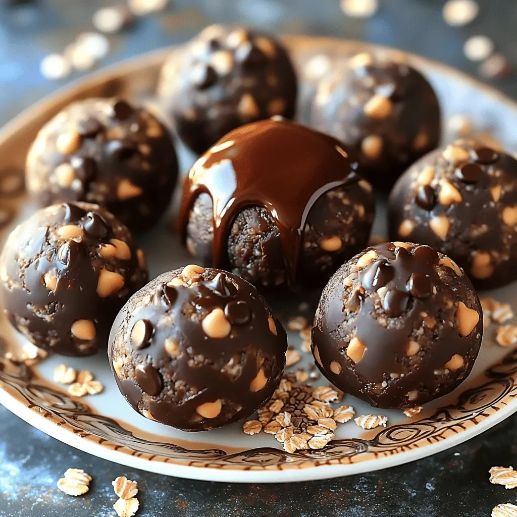 To make my Chocolate Peanut Butter Energy Balls, you need simple and healthy ingredients. Here’s the list: - 1 cup rolled oats - 1/2 cup creamy peanut butter - 1/3 cup honey or maple syrup - 1/2 cup chocolate chips (dark or milk) - 1/4 cup ground flaxseed - 1/2 teaspoon vanilla extract - A pinch of salt These ingredients work together to create a tasty and nutritious snack. Rolled oats give a nice base. The creamy peanut butter adds rich flavor and protein. Honey or maple syrup adds sweetness. Chocolate chips bring joy to every bite. Ground flaxseed offers fiber and omega-3s. The vanilla extract enhances the taste, and salt balances the sweetness. If you want the full recipe, it’s easy to follow. Each step brings you closer to making these energy balls a favorite treat. - Mix dry ingredients in a large bowl. Start by adding 1 cup of rolled oats, 1/4 cup of ground flaxseed, and a pinch of salt. Stir them well until they blend. - Combine wet ingredients in a separate bowl. In this bowl, mix 1/2 cup of creamy peanut butter, 1/3 cup of honey or maple syrup, and 1/2 teaspoon of vanilla extract. Stir until the mix is smooth. - Combine wet and dry ingredients. Pour the wet mix into the bowl with dry ingredients. Use a spatula or your hands to mix them well. - Fold in chocolate chips. Add 1/2 cup of chocolate chips to the mix. Gently fold them in until they spread throughout the mixture. - Chill the mixture for easier rolling. Place the bowl in the refrigerator for about 15 minutes. This helps the mixture firm up. - Roll into 1-inch balls. After chilling, take small amounts of the mix and roll them into balls about 1 inch in diameter. - Firm up in the refrigerator. Place the rolled balls on a baking sheet lined with parchment paper. Chill them again for 15 to 30 minutes to set. - Arranging on a plate. Once firm, place the energy balls on a nice plate. You can also use a small jar for a cute display. - Drizzling with melted chocolate. For an extra treat, melt some chocolate, then drizzle it over the energy balls. This makes them look even more tempting. This simple process brings you tasty Chocolate Peanut Butter Energy Balls. Check the Full Recipe for all the details! - Use natural peanut butter for healthier options. - Adjust sweetness with honey or maple syrup. Natural peanut butter has no added sugars or oils. This makes your energy balls healthier. You can also choose between honey or maple syrup. Adjust the amount to fit your taste. - Pair with fruit or yogurt. - Serve as a pre-workout snack. These energy balls taste great with fruit. You can enjoy them next to yogurt for a quick breakfast. They also make the perfect pre-workout snack. They provide energy without feeling heavy. - Add a pinch of cinnamon or nutmeg. - Mix in other nuts or seeds. Cinnamon and nutmeg add warmth to the flavor. You can mix in chopped nuts or seeds for some crunch. This also gives your energy balls a different taste every time! If you want to try the full recipe, check it out! {{image_2}} You can play with flavors in your energy balls. Try adding dried fruits like raisins or cranberries for a sweet burst. They add chewiness and extra nutrition. You can also swap peanut butter for almond or cashew butter. This change gives a different taste and keeps the recipe fun. If you're looking for gluten-free options, use certified oats. They are safe for those with gluten issues. For vegan substitutions, use maple syrup instead of honey. This keeps the energy balls plant-based and delicious. You can easily adjust the quantities for larger batches. Making more is great for parties or meal prep. For kids, roll smaller energy balls. They fit perfectly in little hands and make a fun snack. Check out the Full Recipe for more details! To keep your chocolate peanut butter energy balls fresh, store them in an airtight container. This helps prevent air from drying them out. You can place them in the fridge for up to one week. Keeping them cold also helps maintain their texture and flavor. If you want to save some for later, freezing is a great choice. To freeze the energy balls, first, let them cool completely. Then, place them in a single layer on a baking sheet. Once they are frozen solid, transfer them to a freezer-safe bag. Remove as much air as possible. To thaw, just leave them at room temperature for about 20-30 minutes before enjoying. Check your energy balls before eating them. If they look dry or hard, they might not be good anymore. A strange smell is another sign to watch for. If you see any mold or unusual spots, toss them out. Always trust your senses! Energy balls pack a punch of nutrition. They offer a mix of protein, fiber, and healthy fats. The oats provide carbs for energy. Peanut butter adds protein, which helps you feel full. Honey or maple syrup gives a quick energy boost. Ground flaxseed offers omega-3s which are great for heart health. These bites can power you through your day. Yes, you can! To make nut-free energy balls, swap out peanut butter. Try sunflower seed butter or soy nut butter instead. These options still give a creamy texture. You can also use tahini for a different flavor. Just make sure the other ingredients do not have nuts. When stored well, these energy balls last about one week in the fridge. Keep them in an airtight container to keep them fresh. If you want to store them longer, you can freeze them. They will stay good for up to three months in the freezer. Just let them thaw in the fridge when you’re ready to eat. These energy balls are quick to make and taste great. You mix oats, peanut butter, and honey for a tasty treat. Chill and roll them for easy snacking. You can add your favorite flavors or dietary swaps, too. Store them well for lasting freshness. With so many options, you can enjoy these snacks anytime. Try them as a healthy boost before your next workout. You’ll love how simple and fun they are to make!