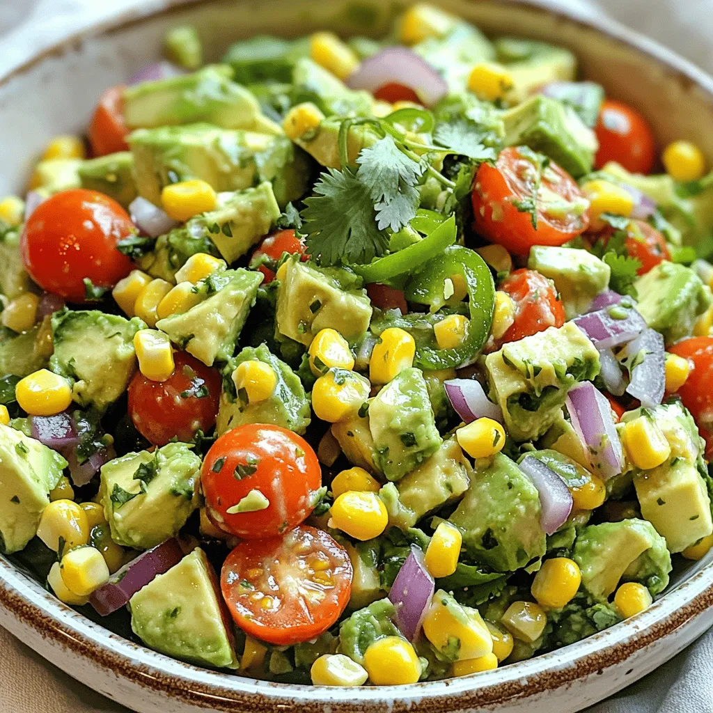 - 2 ripe avocados, diced - 1 can (15 oz) sweet corn, drained (or 1.5 cups fresh corn) - 1 cup cherry tomatoes, halved - 1/4 cup red onion, finely chopped - 1/4 cup fresh cilantro, chopped - 1 jalapeño, finely chopped (deseeded for less heat) - 3 tablespoons lime juice - 2 tablespoons olive oil - Salt and pepper to taste - Zest of 1 lime I love using fresh, bright ingredients for this salad. First, the avocados shine with their creamy texture. They give the salad a rich taste. Sweet corn adds a nice crunch. I often use canned corn, but fresh corn is even better when in season. Next, I add cherry tomatoes. They are juicy and sweet, which balances the flavors. Red onion brings a crisp bite and a gentle sharpness. I finely chop it to avoid overpowering the dish. Cilantro is a must for a fresh touch. If you are not a fan, parsley works too. The jalapeño adds heat, but you can skip it if you prefer. The lime juice and zest bring all the flavors together. They add brightness and a zesty kick. Olive oil smooths everything out. Salt and pepper round out the taste. This combination of ingredients makes a salad that is fresh, fun, and full of flavor. For the full recipe, check out the detailed instructions section. - Combine diced avocados and corn in a large mixing bowl. - Add cherry tomatoes and red onion to the mixture. - Incorporate cilantro and jalapeño into the bowl. Start by taking ripe avocados. Cut them into small pieces. Add the corn next. If you use canned corn, be sure to drain it first. Fresh corn also works well. Then, chop the cherry tomatoes in half. Toss them into the bowl. Finely chop the red onion and add that too. For a fresh touch, chop cilantro and jalapeño. If you like less heat, remove the seeds from the jalapeño. - Whisk together lime juice, olive oil, lime zest, salt, and pepper in a separate bowl. - Drizzle dressing over the salad ingredients. Now, let’s make the dressing. In a small bowl, mix lime juice and olive oil. Add lime zest for extra flavor. Don’t forget the salt and pepper. Whisk it all together until it blends well. Once done, pour this dressing over your salad mix. - Gently toss the salad to coat ingredients. - Adjust seasoning as needed. - Let sit for 10 minutes before serving. Next, use a spatula to toss your salad. Be gentle so you don’t mash the avocados. After mixing, taste the salad. You can add more salt or lime juice if needed. Finally, let the salad sit for about 10 minutes. This helps the flavors combine and make it even tastier. Serve it fresh and enjoy! For the full recipe, check the earlier section. - Add more lime juice for a bright, fresh taste. - Mix in spices like cumin or paprika for a flavor boost. - Serve your salad in a beautiful bowl to impress. - Garnish with extra lime zest and cilantro for a pop of color. - Choose ripe avocados for the best taste and texture. - Be careful not to mash the avocados while tossing the salad. {{image_2}} You can change up the ingredients to suit your taste. - Substitute black beans for extra protein. This adds a creamy texture and boosts nutrition. - Add diced bell peppers for more crunch. They bring color and a sweet crunch to the mix. Switching dressings can change the salad’s flavor. - Try a vinaigrette with balsamic vinegar for a different twist. It gives a sweet and tangy kick. - Experiment with a yogurt-based dressing for creaminess. This makes the salad rich and smooth. Using seasonal ingredients can enhance your salad. - Incorporate seasonal fruits like mango or strawberries for a summer variation. These fruits add sweetness and freshness. - Add roasted vegetables for a warm salad option. They bring depth and a cozy feel to the dish. To keep your Zesty Avocado Corn Salad fresh, store any leftovers in an airtight container in the fridge. This way, your salad stays crisp and tasty. Try to eat it within 1-2 days. The flavors will still shine, and it will taste great! If you want to store it for longer, consider freezing individual portions. Just know that the consistency may change a bit after thawing. When you’re ready to enjoy it again, thaw the salad in the fridge. After thawing, mix it gently to bring back the flavors. To keep your avocados looking fresh, add a bit of extra lime juice. The acid helps slow down browning. Another trick is to store cut avocados with a piece of onion. This also helps keep them fresh for a longer time. Enjoy your salad without the worry of browning! Yes, you can prepare the salad a few hours in advance but serve immediately to maintain freshness. The flavors meld nicely, but the avocados may brown if left too long. This salad pairs well with grilled meats, tacos, or as a side dish for barbecues. I love serving it alongside spicy chicken or fish for a great balance. Add lime juice and store covered in an airtight container in the refrigerator. The lime juice keeps the avocados bright and green. Yes, but for best results, keep the avocados separate until ready to eat. This keeps everything fresh and tasty for your meals. For the complete recipe and step-by-step instructions, refer to the section on Step-by-Step Instructions above. This blog shared the steps to make a delicious Zesty Avocado Corn Salad. You learned about essential ingredients, preparation, and tips for flavor and storage. This salad is fresh and colorful, perfect for any meal. You can make it your own with different ingredients or dressings. Remember to handle avocados with care to keep them fresh. Enjoy making this simple dish, and share it with friends and family! You’ll have a fun, tasty meal anytime.