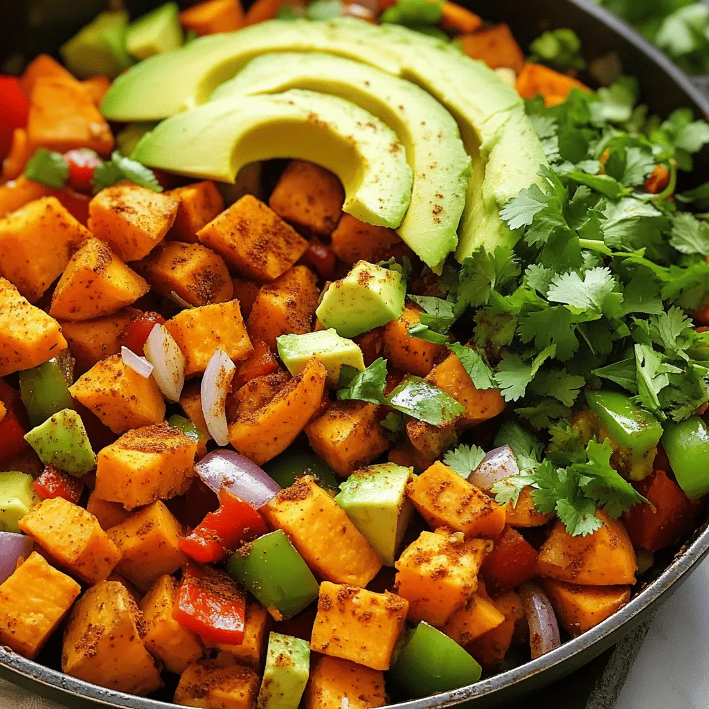 - 2 medium sweet potatoes, diced - 1 red bell pepper, chopped - 1 green bell pepper, chopped - 1 small red onion, diced - 2 cloves garlic, minced - 1 teaspoon cumin - 1 teaspoon smoked paprika - 1/2 teaspoon chili powder - Salt and pepper to taste - 1 can black beans, drained and rinsed - 1 cup corn (frozen or fresh) - 2 tablespoons olive oil - Fresh cilantro, chopped (for garnish) - Avocado slices (for topping) Gathering the right ingredients is key to a tasty dish. For this Southwest Sweet Potato Skillet, start with fresh sweet potatoes. They bring natural sweetness and a smooth texture. You will also need vibrant bell peppers. These not only add color but also a nice crunch. Next, don’t forget the onion and garlic. They give a great base flavor. To make it spicy and warm, use cumin, smoked paprika, and chili powder. Adjust the salt and pepper to your taste. Black beans and corn are important for texture and nutrition. They make the dish hearty and filling. Olive oil is crucial too. It helps cook the veggies and adds a rich taste. Lastly, add fresh cilantro and avocado for garnish. They bring brightness and freshness to the meal. You can find the full recipe in the earlier section. Enjoy cooking! Start by heating 2 tablespoons of olive oil in a large skillet over medium heat. Add the diced sweet potatoes. Season them with salt and pepper. Cook for about 10 to 15 minutes. Stir occasionally. You want them soft but not mushy. Check for doneness by piercing with a fork. They should be tender enough to mash slightly. Once the sweet potatoes are soft, add the diced red onion and chopped bell peppers. Keep the heat at medium. Cook these veggies for about 5 to 7 minutes. Stir them often. You want them to become tender and vibrant. They should not lose their color. Now it's time to add flavor. Stir in the minced garlic first. Add the cumin, smoked paprika, and chili powder next. Cook for 1 to 2 minutes. This helps release all the lovely aromas. If you like more heat, add extra chili powder to fit your taste. Next, add the drained black beans and corn into the skillet. Mix everything well. Use a spatula to make sure all ingredients are combined. Cook for an additional 5 minutes. This will heat everything through. Taste it and adjust seasoning if needed. To serve, spoon the mixture onto plates. For a fresh touch, top with avocado slices and chopped cilantro. This adds a nice contrast to the warm dish. You can also use a colorful plate for a beautiful presentation. Enjoy your meal! For the complete details, check [Full Recipe]. To get sweet potatoes just right, look for a few signs. They should be tender when you poke them with a fork. You want a nice balance of crunch and softness in your veggies. For bell peppers, they should still have a bit of crunch. This gives your skillet a nice mix of textures. Spices can change everything. If you don’t have cumin, try coriander instead. For extra flavor, think about toppings. A squeeze of lime juice or some feta cheese can really lift the dish. Fresh herbs like cilantro add brightness too. Prepping in advance saves time. You can chop your veggies a day before and keep them in the fridge. This makes cooking faster. When reheating, do it slowly on low heat. This keeps the sweet potatoes soft and tasty. If using the microwave, cover the skillet to keep moisture in. {{image_2}} You can boost your Southwest Sweet Potato Skillet by adding protein. Chicken, beef, or tofu work well. If you choose chicken, cut it into small pieces. Cook it first in the skillet until it's brown. For beef, use ground beef or small cubes. Cook it the same way as chicken. Tofu is a great vegetarian option. Press and cube the tofu. Sauté it until golden. Adjust cooking time as needed. Make sure the protein is fully cooked before adding vegetables. For a vegetarian or vegan twist, swap out cheese or add more veggies. Use cashew cheese or nutritional yeast for a cheesy taste. You can also add spinach, zucchini, or mushrooms. These will boost the flavor and nutrition. To bring in more flavor without meat, use vegetable broth or miso paste. This adds depth to the dish. You won’t miss the meat! If you love heat, make your skillet spicy. You can add crushed red pepper or cayenne pepper for more kick. Stir in these spices while cooking garlic. This will infuse the dish with heat. For an extra spicy touch, try hot sauce. Add it while cooking or as a topping. Fresh jalapeños or serrano peppers also add flavor. Just slice them thin and mix them in. Adjust the amount based on your spice level preference. To store leftovers, let the skillet cool down first. Place the dish in an airtight container. This keeps the flavors fresh. You can keep it in the fridge for up to four days. If you want to enjoy it later, try to use it quickly for the best taste. Freezing is a great way to keep this meal longer. First, cool the dish completely. Then, transfer it to a freezer-safe container. Make sure to leave some space at the top, as it will expand. You can freeze it for up to three months. When you’re ready to eat, just take it out of the freezer and place it in the fridge overnight. To reheat, the best method is using the stovetop. Heat it in a skillet over medium heat. Stir it often to keep it from sticking. It usually takes about 10 minutes to heat through. If you want to use a microwave, place it in a safe dish and cover it. Heat in 1-minute intervals, stirring in between. This helps keep the texture nice and warm. It takes about 35 minutes to make this dish. You spend 10 minutes prepping the veggies. The cooking time is around 25 minutes. This makes it a quick meal for busy days. Yes, you can use other potatoes. Regular potatoes, like russet or Yukon gold, work well. However, they have a different taste and texture. Sweet potatoes are sweeter and creamier. They also add more color and nutrition to the dish. You can serve this skillet with many sides. A fresh salad pairs well with it. You might also enjoy it with rice or quinoa. For a heartier meal, add grilled chicken or shrimp. Top it all off with avocado for extra creaminess. This blog post covered tasty Southwest Sweet Potato Skillet ingredients and steps. You learned how to prepare sweet potatoes, sauté veggies, and mix in beans and corn. Tips on perfecting texture and enhancing flavor help your dish shine. Variations let you add protein or spice it up. Lastly, I shared storage info to keep leftovers fresh. Now you're ready to make a delicious meal. Enjoy the cooking process and share it with others!