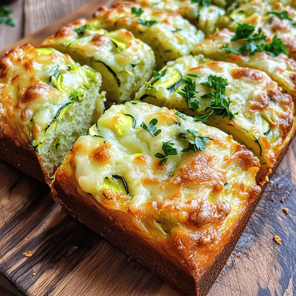 - 2 cups grated zucchini (about 2 medium zucchinis) - 1 cup all-purpose flour - 1 cup shredded cheese (cheddar or mozzarella) - 1/2 cup grated parmesan cheese - 2 large eggs - 1/4 cup olive oil - 1 teaspoon baking powder - 1/2 teaspoon baking soda - 1 teaspoon garlic powder - 1 teaspoon onion powder - 1/2 teaspoon salt - 1/4 teaspoon black pepper Zucchini brings moisture and a light taste. Flour gives the bread structure. Cheese adds richness and flavor. Eggs bind everything and help it rise. Olive oil keeps it soft. - 1/4 cup chopped fresh parsley for garnish - Alternative cheese suggestions: feta, gouda, or pepper jack Garnishing with parsley adds color. Using different cheeses can change the taste. Feta gives a tangy flavor. Gouda adds creaminess. Pepper jack gives some heat. - Use precise measurements for consistency in baking. - Cooking conversion metrics help adjust recipes. For example, 1 cup equals 240 milliliters. Using the right amount is key to great results. Double-check your measurements for a perfect loaf. - Prepping the zucchini: Start by grating two medium zucchinis. You want about two cups. After grating, sprinkle a pinch of salt over the zucchini. Let it sit for about 10 minutes. This step helps draw out moisture. Once time is up, take a clean kitchen towel or cheesecloth. Squeeze out any extra liquid from the zucchini. This makes the bread less soggy. - Mixing wet ingredients: In a separate bowl, crack two large eggs. Add 1/4 cup of olive oil. Whisk them together well. You want a smooth mix. Then, add the squeezed zucchini to the egg mixture. Stir it gently until combined. - Incorporating dry ingredients: In another bowl, mix 1 cup of all-purpose flour, 1 teaspoon of baking powder, 1/2 teaspoon of baking soda, 1 teaspoon of garlic powder, 1 teaspoon of onion powder, 1/2 teaspoon of salt, and 1/4 teaspoon of black pepper. This blend gives flavor and helps the bread rise. - Folding in cheeses: Gradually add the dry mix to the wet ingredients. Stir gently until just combined. Be careful not to overmix. Then, fold in 1 cup of shredded cheese and 1/2 cup of grated parmesan cheese. Make sure the cheese is mixed evenly throughout the batter. - Oven preheating tips: Preheat your oven to 350°F (175°C). Grease a 9x5-inch loaf pan with cooking spray or olive oil. This step helps the bread come out easily after baking. - Baking time and temperature: Pour the batter into the prepared loaf pan. Smooth the top with a spatula. Bake for 45-50 minutes. Check if the top is golden brown. Insert a toothpick into the center. If it comes out clean, your bread is done. You can find the full recipe for Zucchini Cheese Bread Delight in the main article. To make the best zucchini cheese bread, moisture control is key. Zucchini has a lot of water. To remove excess moisture, you should salt the grated zucchini. Let it sit for about ten minutes. Afterward, squeeze it well with a clean towel. This keeps your bread from being soggy. Another tip is to avoid overmixing your batter. Mix just until the flour disappears. Overmixing can make your bread dense. You want a light, fluffy texture. Gently fold in the cheese. This ensures an even cheese distribution without toughening the bread. Zucchini cheese bread pairs well with many sides. Try serving it with a fresh salad. A light soup also complements it nicely. You can serve it warm or at room temperature. This versatility makes it great for any meal or snack. For a beautiful presentation, slice the bread into even pieces. Serve it warm for the best flavor. You can garnish with fresh parsley on top. This adds color and a fresh taste. For a creative twist, place slices on a wooden board and serve with dips. This makes it fun for gatherings. {{image_2}} You can change up the taste of zucchini cheese bread easily. Adding herbs gives it a fresh twist. Try mixing in: - 1 teaspoon dried oregano - 1 teaspoon dried thyme - 1 teaspoon paprika These spices add depth and flavor. You can also toss in other veggies. Consider adding: - 1/2 cup chopped bell peppers - 1/2 cup grated carrots These options keep the bread moist and add color. If you need a gluten-free version, you can swap the flour. Use almond flour or coconut flour instead. Each has a different taste and texture. Make sure to adjust the cooking time too. Gluten-free bread may need a few extra minutes in the oven. Just check for a golden top. Not all cheese works for everyone. If you want a dairy-free option, use vegan cheese. Look for brands like Daiya or Follow Your Heart. They melt well and taste great. Other cheese choices include: - Feta for a tangy kick - Gouda for a smoky flavor Each cheese adds its unique taste to the bread. Be sure to experiment to find your favorite mix! For the full recipe, check out the original instructions. To keep your zucchini cheese bread fresh, store it in a cool, dry place. Wrap it tightly in plastic wrap or aluminum foil. You can also use an airtight container to keep it safe from air and moisture. This helps prevent any drying out or sogginess. If you want to enjoy your zucchini cheese bread later, freezing is a great option. First, let the bread cool completely. Cut it into slices for easy use. Wrap each slice in plastic wrap, then place them in a freezer bag. Be sure to remove as much air as possible. To reheat, simply take a slice out and heat it in the microwave for about 30 seconds, or toast it until warm. When stored properly, zucchini cheese bread lasts for about 3 to 4 days at room temperature. In the fridge, it can stay fresh for up to a week. If you freeze it, the bread can last for about 2 to 3 months. Watch for signs of spoilage, like a strange smell or mold. If you see either, it’s best to toss it out. Enjoy your delicious zucchini cheese bread fresh or stored! For the full recipe, check out the detailed instructions above. Yes, you can! For egg replacements, use: - 1/4 cup unsweetened applesauce - 1/4 cup mashed banana - 1/4 cup yogurt - 1 tablespoon ground flaxseed mixed with 2.5 tablespoons water These options bind the mixture well. Each choice adds a unique flavor, too. I recommend using: - Cheddar for a sharp taste - Mozzarella for a mild and stretchy texture - Parmesan for extra flavor Mixing these cheeses enhances taste and texture. Feel free to experiment with your favorites! Look for these signs of doneness: - A golden-brown top - A toothpick inserted in the center comes out clean - The bread springs back when gently pressed These clues help you bake perfect Zucchini Cheese Bread every time. Enjoy the process! Zucchini cheese bread is a tasty and easy recipe. We covered key ingredients like zucchini, cheese, and flour. I shared tips on prep, mixing, and baking. Suggestions for flavors and storage will help you create variations. Now you can make this bread perfect every time. Enjoy experimenting with flavors and serving ideas. Your friends and family will love it. Happy baking!