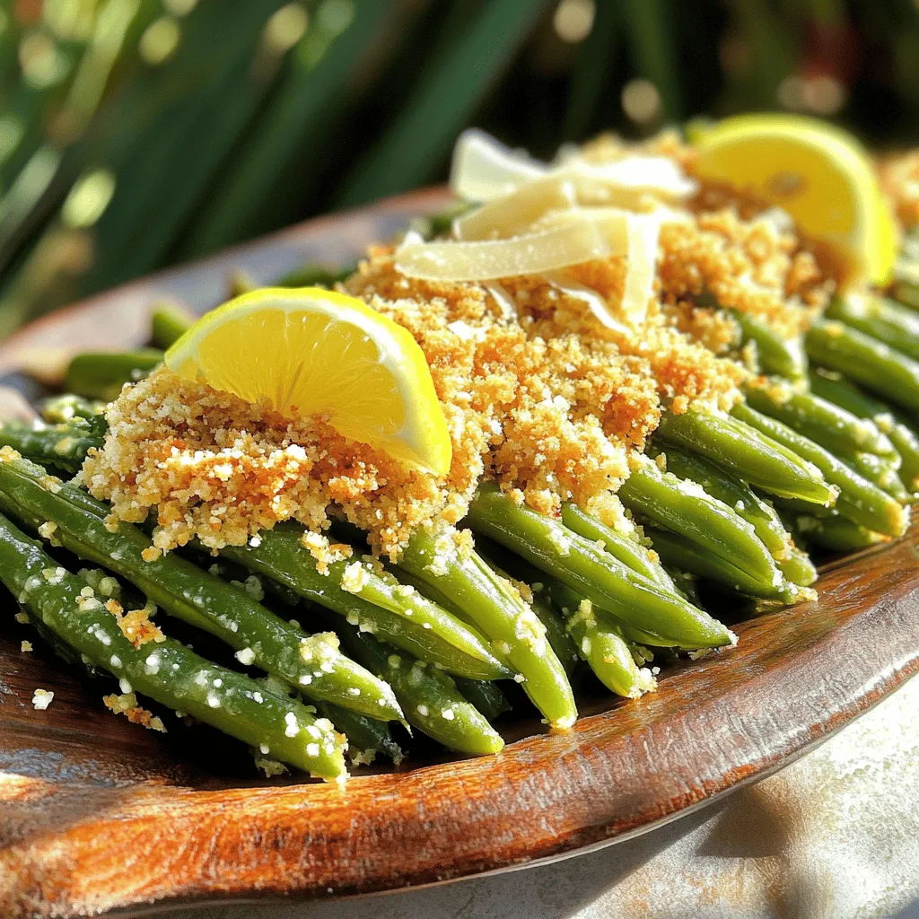 - 1 pound fresh green beans, trimmed - 1 cup seasoned breadcrumbs - 1 cup grated Parmesan cheese - 1 teaspoon garlic powder - 1 teaspoon onion powder - 1/2 teaspoon smoked paprika - Salt and black pepper to taste - 2 large eggs, beaten - 1/4 cup all-purpose flour (optional) - Olive oil spray (or drizzle) When making Parmesan crusted green beans, fresh ingredients are key. The green beans should be bright and firm. Look for vibrant colors without blemishes. For the best crunch, use seasoned breadcrumbs for flavor. Parmesan cheese adds rich taste and a crispy texture. - Calories per serving: About 150 - Key vitamins and minerals: Vitamin C, Vitamin K, Calcium, Iron These green beans provide a healthy snack option. They are low in calories yet packed with nutrients. Each serving brings a nice dose of Vitamin C and K. Plus, you get calcium from the Parmesan. - Total servings: 4 - Portion sizes: About 5-6 green beans per serving This recipe serves four people. Each person can enjoy around five to six green beans. It’s a perfect side for dinner or a tasty snack. You can easily adjust the portion size based on your needs. For the full recipe, check out the complete instructions. - Preheat the oven to 425°F (220°C). - Line the baking sheet with parchment paper. This step keeps your beans from sticking and helps them crisp up nicely. - Rinse the green beans under cool water. This step cleans them well. - Trim the ends of the green beans. This makes them easier to eat and looks nice. - In a shallow dish, mix breadcrumbs, Parmesan cheese, garlic powder, onion powder, smoked paprika, salt, and pepper. - For a thicker crust, set up a dredging station. Put flour in one dish and beaten eggs in another. - Dip each green bean into the flour first, shaking off the extra flour. - Next, dip the green bean into the beaten eggs, coating it well. - Finally, roll it in the breadcrumb mixture, ensuring even coverage. - Arrange the coated green beans in a single layer on the prepared baking sheet. - Lightly spray with olive oil or drizzle some on top for extra crunch. - Bake in the preheated oven for about 15 to 20 minutes. The green beans should be tender, and the crust should be golden brown and crispy. - After baking, let them cool slightly before serving. You can find the Full Recipe for more details. To get those green beans nice and crispy, start with olive oil spray. This keeps the beans from becoming soggy. Lightly coat the green beans before baking. It helps the coating stick and adds flavor. Arrange them in a single layer on the baking sheet. This allows hot air to circulate, ensuring they crisp up evenly. Bake them at 425°F (220°C) for about 15-20 minutes. You'll know they’re ready when the crust is golden brown and crunchy. While the Parmesan cheese gives great flavor, you can add more spices. Try red pepper flakes for heat or Italian seasoning for a herbaceous touch. A pinch of lemon zest can brighten the dish, too. You can mix in fresh herbs like parsley or basil after baking. This adds a fresh taste and color to the dish. Don't be afraid to experiment with flavors you love! Presentation matters, especially for snacks. Serve the Parmesan crusted green beans on a nice platter. Sprinkle extra Parmesan on top for a gourmet look. Add a wedge of lemon on the side. It not only looks great but also offers a bright flavor boost. You can even serve them in small cups for a fun snack option. A colorful serving dish makes it pop! For the full recipe, check out the linked section above. {{image_2}} You can switch up the cheese for this recipe. Gruyère adds a nutty flavor. Cheddar gives a sharp kick. If you want a dairy-free version, try vegan cheeses. These choices keep the dish interesting and tasty. For those who need gluten-free options, several choices exist. Use gluten-free breadcrumbs made from rice or corn. Almond flour is another great option. Both of these work well and keep the crispiness intact. Feel free to get creative with add-ins. You can toss in sliced bell peppers or zucchini. Other veggies, like carrots or broccoli, can also work. Mix them with the green beans for a colorful and tasty dish. Each variation brings a new twist to the classic Parmesan crusted green beans. For the full recipe, check out the section above. To keep your Parmesan crusted green beans fresh, store them in an airtight container. Place a paper towel in the container to absorb any moisture. This helps maintain their crispiness. You can refrigerate them for up to three days. If you want to freeze them, make sure they are completely cool first. Place them in a freezer-safe bag, removing as much air as possible. Frozen green beans can last up to three months. Reheating these green beans can be tricky if you want to keep them crispy. The best method is to use an oven or an air fryer. Preheat your oven to 375°F (190°C). Place the green beans on a baking sheet and bake for about 10 minutes. If using an air fryer, set it to 375°F (190°C) and cook for about 5-7 minutes. This way, they will regain their crunch and taste fresh. When stored correctly, cooked Parmesan crusted green beans last about three days in the fridge. In the freezer, they can last up to three months. However, for the best flavor and texture, enjoy them within a month. After a while, the green beans may lose their crispiness and flavor, so eat them sooner rather than later. For the full recipe, check back to ensure you get the best out of every bite! You can prep the green beans a few hours in advance. Wash and trim them, then coat them with the breadcrumb mix. Place them on a baking sheet and cover with plastic wrap. Store in the fridge until you're ready to bake. This helps the flavors set. Just add a little olive oil spray before baking. If you want to freeze them, do so after coating. Just remember to bake from frozen, adding a few extra minutes to the time. Yes, you can use frozen green beans. They work well, but you should thaw them first. Drain any excess water to keep the crust crispy. Fresh green beans offer a better crunch and flavor. But frozen beans are a great option when fresh ones aren't available. Just remember to adjust the baking time slightly. Check for doneness to make sure they cook evenly. Your green beans are done when they look golden brown and crispy. The crust should be firm and not soft. You can poke one with a fork. If it feels tender inside, it’s ready. Don't be afraid to check them a minute or two early. This helps you avoid overcooking. For the best taste, serve them right after they come out of the oven. Enjoy them warm for the crispiest bite! This blog post covered a delicious recipe for Parmesan crusted green beans. We explored the ingredients, cooking steps, and storage tips. You learned how to get crispy beans and enjoyed ideas for serving. The variations offered ways to customize your dish to fit your taste. In conclusion, making this tasty side is easy and rewarding. Enjoy experimenting with flavors and sharing it with others. Try this recipe for a fun meal addition!