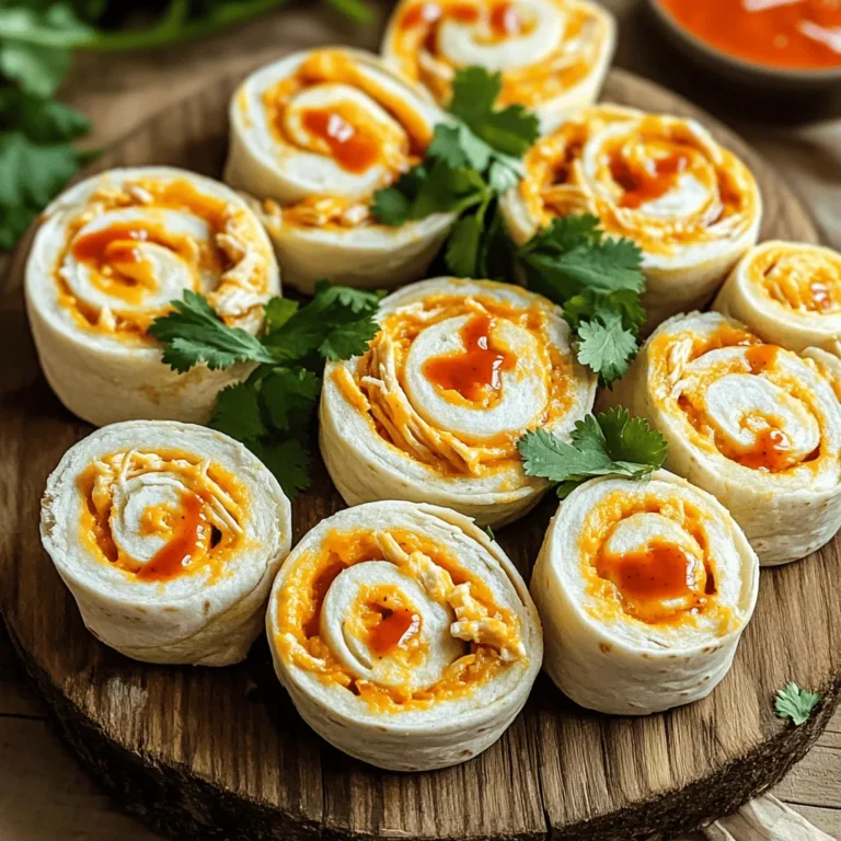 To make Buffalo Chicken Pinwheels, gather these key ingredients: - 2 cups cooked chicken, shredded - 1/2 cup cream cheese, softened - 1/2 cup buffalo sauce - 1/4 cup ranch dressing - 1 cup shredded cheddar cheese - 4 large flour tortillas - 1/2 cup green onions, chopped - Salt and pepper to taste These ingredients create a creamy and spicy filling. The cooked chicken brings protein and texture. Cream cheese adds smoothness, while buffalo sauce gives it that famous kick. Ranch dressing adds a cool flavor that balances the heat. The cheddar cheese adds a rich taste, and the tortillas wrap it all up nicely. You can customize your pinwheels with these optional ingredients: - Diced celery for crunch - Sliced jalapeños for extra heat - Spinach or lettuce for freshness - Different cheeses like pepper jack If you’re out of ranch dressing, try blue cheese dressing instead. You can also use corn tortillas for a gluten-free option. These small changes can make your pinwheels unique and exciting. Here’s a brief look at the nutritional information for one serving of Buffalo Chicken Pinwheels: - Calories: About 350 - Protein: 25g - Fat: 20g - Carbohydrates: 25g - Fiber: 2g Buffalo Chicken Pinwheels are a fun treat. They pack protein and flavor, making them great for parties or snacks. Just remember to enjoy them in moderation, especially if you add extra sauces. For the full recipe, check out the earlier section. Start by gathering your ingredients. You will need cooked chicken, cream cheese, buffalo sauce, ranch dressing, cheddar cheese, and green onions. In a large bowl, mix the shredded chicken with cream cheese. Add buffalo sauce and ranch dressing next. Use a fork to blend everything until it's smooth and creamy. This step is key for flavor. Then, stir in the shredded cheddar cheese and chopped green onions. Season with salt and pepper to your taste. This mixture will pack a punch! Lay one flour tortilla flat on a clean surface. Grab a quarter of the chicken mixture and spread it evenly over the tortilla. Leave a little space at the edges to prevent overflow. Carefully roll the tortilla from one end to the other. Make sure to tuck in the filling as you roll. Repeat this for the other tortillas until all are filled. This method keeps the pinwheels tight and neat. Once you finish rolling all the tortillas, wrap each one in plastic wrap. Place them in the fridge for at least 30 minutes. Chilling helps them hold their shape. After chilling, unwrap the tortillas. Use a sharp knife to slice them into 1-inch pinwheels. Make sure to cut straight down for clean edges. Arrange the pinwheels on a platter and drizzle with extra buffalo sauce or ranch if you like. For the full recipe, check the earlier section. Enjoy your tasty snack! To get your pinwheels just right, follow these tips: - Use soft tortillas: Warm your tortillas slightly before spreading the filling. This makes them easier to roll. - Spread evenly: Make sure to spread the chicken mixture evenly across the tortillas. This helps prevent tearing. - Leave a border: Always leave a small border of tortilla around the edges. This keeps the filling from spilling out when you roll. - Tight rolls: Roll your tortillas tightly. This makes the pinwheels neat and helps them hold together. Here are some common mistakes to steer clear of: - Using cold tortillas: Cold tortillas can crack. Always warm them up a bit. - Overfilling: It’s tempting to add more filling, but too much can cause them to burst. - Not chilling: Skipping the chill time makes them harder to slice. Always refrigerate for at least 30 minutes. For the best experience, try these serving ideas: - Garnish: Serve your pinwheels with fresh herbs like cilantro or parsley for a pop of color. - Dipping sauces: Offer buffalo sauce or ranch dressing on the side for dipping. This adds extra flavor. - Platter display: Arrange pinwheels on a nice platter. This makes them look appealing and ready to share. For the full recipe, check out the details above. Enjoy making these tasty Buffalo Chicken Pinwheels! {{image_2}} Want more heat? Add extra buffalo sauce to the chicken mix. You can also try a spicy ranch dressing instead of regular ranch. This will kick up the flavor while keeping the creamy texture. If you love heat, sprinkle in some cayenne pepper or diced jalapeños. You can make these pinwheels vegetarian. Swap the chicken for shredded jackfruit or cooked lentils. Just mix them with cream cheese, buffalo sauce, and ranch dressing. You can use diced bell peppers and celery for a crunchy texture. This way, you keep the fun without meat. Experiment with different cheeses. Use pepper jack cheese for added spice. You can also try blue cheese for a classic buffalo flavor. If you want a twist, add some diced bacon or chopped olives. These swaps bring new tastes to the classic recipe. For a healthier option, use Greek yogurt instead of cream cheese. Check out the Full Recipe for the basics, and start creating your own fun variations! To keep leftover pinwheels fresh, wrap them in plastic wrap. This helps prevent drying out. Place them in an airtight container in the fridge. They will stay good for about 2-3 days. Always remember to label your container. This way, you know when to eat them. You can freeze buffalo chicken pinwheels for later. First, wrap each pinwheel tightly in plastic wrap. Then, place them in a freezer-safe bag or container. They can last up to 2 months in the freezer. When you’re ready to eat them, just thaw in the fridge overnight before reheating. Reheating is simple. You can use the microwave or the oven. For the microwave, place the pinwheels on a plate. Heat for 30 seconds to 1 minute. Make sure to check if they are warm all the way through. For the oven, preheat to 350°F (175°C). Bake for about 10-15 minutes. This keeps them nice and crispy. Enjoy your buffalo chicken pinwheels from the [Full Recipe]! To make Buffalo Chicken Pinwheels gluten-free, choose gluten-free tortillas. Many brands offer tasty options. Check labels to ensure they are safe. The filling, with chicken and sauces, is already gluten-free. Just make sure your ranch dressing and buffalo sauce are also gluten-free. This way, you can enjoy your pinwheels without worry! Yes, you can use store-bought rotisserie chicken. It saves time and adds great flavor. Just shred the chicken before mixing it with the other ingredients. This makes your recipe faster and easier. You still get that yummy taste with less effort! Buffalo Chicken Pinwheels pair well with fresh veggies and dips. Serve them with carrot sticks, celery, or cucumber slices. You can also add ranch or blue cheese dressing for dipping. These sides add crunch and balance the spicy flavors. For a fun twist, serve with tortilla chips and guacamole! You now have a solid grasp of making Buffalo Chicken Pinwheels. We covered key ingredients, preparation steps, and tips to roll them perfectly. You learned variations for spice lovers and vegetarians. We also discussed storage and reheating for leftovers. These pinwheels are fun and easy to make. Whether for a party or a snack, they are sure to impress. Enjoy creating and sharing them with friends and family!