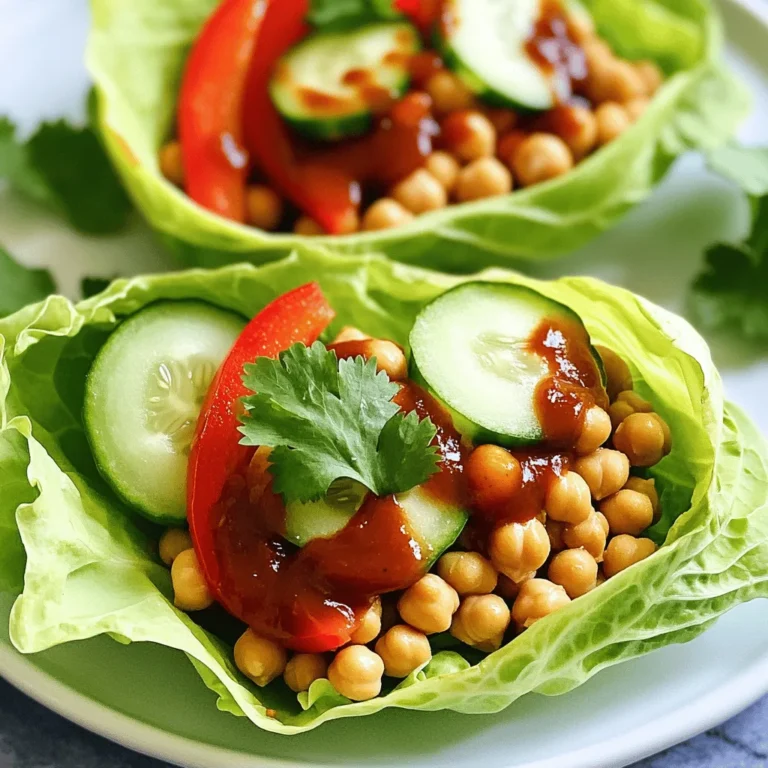 - 1 can (15 oz) chickpeas, drained and rinsed - 1 cup BBQ sauce (store-bought or homemade) - 1 tablespoon olive oil - 1 teaspoon smoked paprika - 1/2 teaspoon garlic powder - 1/4 teaspoon cayenne pepper (optional for heat) - 1 head of butter lettuce or iceberg lettuce, leaves separated - 1/2 red bell pepper, thinly sliced - 1/2 cucumber, thinly sliced - Fresh cilantro or parsley for garnish I love this recipe because it’s quick and easy. The chickpeas are full of protein. They give you energy and help keep you full. The BBQ sauce adds a sweet and smoky flavor. You can use store-bought sauce or make your own. For spices, smoked paprika gives a rich taste. Garlic powder adds a nice kick. If you like heat, add cayenne pepper. It’s a great way to spice things up! Now, let’s talk about the fresh veggies. Butter lettuce is soft and crunchy. It makes a perfect wrap. Red bell pepper adds color and crunch. Cucumber is cool and refreshing. Finally, cilantro or parsley brings a bright finish to your meal. If you want the full recipe, check out the full recipe section. Enjoy making these fun and tasty wraps! Start by mashing the chickpeas in a bowl. Use a fork or potato masher. Leave some chickpeas whole for a nice texture. Next, mix in the BBQ sauce, olive oil, smoked paprika, garlic powder, and cayenne pepper if you want some heat. This mixture tastes great and brings joy to every bite. Now, heat a skillet over medium heat. Add the chickpea mixture to the skillet. Cook it for about 5-7 minutes. Stir occasionally. You want it heated through and slightly thickened. This step not only warms the mixture but also blends the flavors. While the chickpeas cook, rinse and dry the lettuce leaves. Pick a nice head of butter or iceberg lettuce. Spoon a generous amount of the BBQ chickpea mixture into the center of each leaf. This creates a fun and healthy wrap. You can also add slices of red bell pepper and cucumber for extra crunch and color. Each bite bursts with flavor and freshness. Serve them right away using the [Full Recipe]. To make the filling just right, you can play with the spice. If you like heat, add more cayenne. If you prefer it milder, use less. The choice is yours! Stir the mixture often while cooking. This helps it cook evenly and stay tasty. These wraps are fun to eat! You can pair them with different dipping sauces. Try ranch or a zesty yogurt sauce. You can also serve them with side salads for more crunch. If you’re feeling creative, use the chickpea filling for bowls or tacos. They taste great in any form. To save time, prepare the chickpea mixture ahead of time. Store it in a container in the fridge. Keep the dressing and veggies separate. This helps keep everything fresh. When you're ready to eat, just assemble your wraps! Meal prep makes healthy eating easy. If you want to see the full recipe, check out the provided link. {{image_2}} You can switch up ingredients for fun flavors. Try using black beans or kidney beans instead of chickpeas. Both options add great taste and nutrition. You can also change the BBQ sauce. Teriyaki sauce gives a sweet touch, while sriracha adds heat. This lets you play with flavor profiles. To make these wraps gluten-free, use certified gluten-free BBQ sauce. This way, everyone can enjoy them. For a crunchy twist, add nuts or seeds. Almonds or sunflower seeds work well, adding extra protein and texture. This small change makes a big difference. Make your meal more colorful by using a platter. Arrange the lettuce wraps with bright veggies for dipping. Carrots and bell peppers look great and taste fresh. You can also create a mixed platter with different wraps. Use similar fillings but change up the wraps for variety. This makes the meal fun and inviting. For the full recipe, visit the relevant section. To keep your BBQ chickpea mixture fresh, store it in an airtight container in the fridge. This simple step helps maintain its flavor and texture. Make sure to keep the lettuce leaves separate. If the leaves sit with the mixture, they will wilt quickly. You can freeze the chickpea mixture if you have leftovers. Just place it in a freezer-safe container. It will stay good for up to three months. When you want to eat it, thaw the mixture in the refrigerator. This way, it stays safe and tastes great when you reheat it. For the best taste and freshness, consume stored wraps within two to three days. After this time, the flavor might change. When you are ready to eat, reheat the chickpea mixture. This step brings back its best flavor before serving. For the full recipe, check the main sections above. Typically, 2-3 days when stored properly. Keep them in an airtight container. This helps maintain freshness and taste. Yes, feel free to add or substitute any crunchy vegetables you prefer. Carrots, radishes, or bell peppers work great! They add color and texture. Absolutely! The chickpea mixture can be made ahead and stored for easy assembly later. Just keep the chickpeas separate from the lettuce. This keeps the wraps fresh. Yes, a homemade BBQ sauce can enhance the flavor and customize sweetness. You can adjust the spices to your liking. It’s fun to experiment! Yes, as long as you use gluten-free BBQ sauce and verify other ingredients! Always check labels to ensure they meet your needs. This article detailed a simple and tasty recipe for BBQ chickpea lettuce wraps. We covered main ingredients, spices, and fresh vegetables needed to create the chickpea mixture. You learned the steps for cooking and assembling the wraps, plus tips for meal prep and variations. These wraps are easy to customize and perfect for quick meals. They offer freshness, flavor, and nutrition in every bite. Enjoy making these wraps your way, and share them with family and friends. Simple meals can be flavorful and fun!