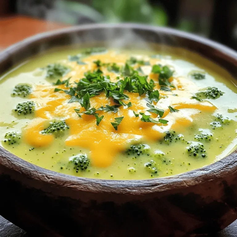To make this creamy broccoli cheddar soup, you need the following ingredients: - 4 cups broccoli florets - 1 medium onion, chopped - 2 cloves garlic, minced - 3 cups vegetable broth - 1 cup heavy cream - 1 ½ cups sharp cheddar cheese, shredded - 2 tablespoons olive oil - 1 teaspoon salt - ½ teaspoon black pepper - ¼ teaspoon nutmeg (optional) - 2 tablespoons cornstarch (optional for thicker texture) - Fresh parsley for garnish You can use either fresh or frozen broccoli for this soup. Fresh broccoli gives a bright taste and nice texture. It also adds color and nutrients. However, frozen broccoli is handy and saves time. It is often pre-washed and chopped. The taste might be slightly different but still delicious. Just make sure to thaw and drain it well before using. This creamy broccoli cheddar soup is not just tasty; it is also nourishing. One serving provides a good amount of vitamins. Broccoli is rich in vitamin C, vitamin K, and fiber. The cheddar cheese adds calcium and protein. The heavy cream gives a rich flavor but also increases the calorie count. If you want to make it lighter, use less cream or substitute with a lighter version. Overall, this soup is a great way to enjoy vegetables and comfort food together. Start by washing your broccoli florets well. You want them clean and ready to cook. Chop the onion into small pieces. Mince the garlic cloves finely. This helps to release their strong flavor. Gather all your ingredients before you begin. Having everything ready makes cooking easier and fun! In a large pot, heat the olive oil over medium heat. Add the chopped onion and cook until it turns soft and clear, about 5 minutes. Next, stir in the minced garlic. Let it cook for one more minute. Then, add the broccoli florets and vegetable broth to the pot. Bring this mix to a boil. Once boiling, lower the heat and let it simmer. Cook until the broccoli is tender, which will take around 8-10 minutes. After cooking, use an immersion blender to puree the soup until smooth. If you do not have an immersion blender, carefully pour the soup into a regular blender in batches. Once smooth, return the soup to the pot. Keep the heat low and stir in the heavy cream, salt, pepper, and nutmeg if you want. Gradually add the shredded cheddar cheese, stirring until it melts and becomes creamy. If you want a thicker soup, mix cornstarch with cold water in a small bowl, then stir it into the soup. Let it simmer for an extra 3-5 minutes. Taste the soup and adjust the seasoning as you like. Serve hot, garnished with fresh parsley. For the full recipe, check out the details above. To get a smooth and creamy soup, start by cooking your broccoli well. Tender broccoli blends better. Use an immersion blender for a quick and easy puree. If you don’t have one, a regular blender works too, just be careful with hot soup. Adding heavy cream helps create that rich texture. For a thicker soup, mix cornstarch with cold water and stir it in. This makes it even creamier. Sharp cheddar cheese is the star of this soup. It gives a bold flavor that blends well with the broccoli. You can also mix in some mild cheddar for a smoother taste. If you want a twist, try Gruyère cheese. Just remember, always shred your cheese yourself. Pre-shredded cheese has anti-caking agents that can affect melting. One common mistake is overcooking the broccoli. This can make it mushy and lose its bright color. Another mistake is adding cheese too quickly. Stir it in slowly for even melting. Lastly, don’t skip the seasoning. Salt and pepper enhance the flavors. Tasting your soup as you cook helps you adjust the flavors just right. For more tips, check out the Full Recipe for Creamy Broccoli Cheddar Soup. {{image_2}} You can make this soup vegan and dairy-free. Replace the heavy cream with coconut milk or cashew cream. Use a plant-based cheese for that cheesy flavor. Choose vegetable broth that is free from animal products. This way, you enjoy a creamy soup without dairy. Feel free to add other veggies to your soup. Carrots, cauliflower, or spinach work great. Chop them finely and add them with the broccoli. They will cook well and add more taste and nutrients. This also makes your soup colorful and fun. Changing seasonings can boost flavor. Instead of black pepper, try white pepper for a milder taste. You can add a squeeze of lemon juice for brightness. Fresh herbs like thyme or rosemary can add a nice twist. Don’t be afraid to experiment with spices you love. This is your soup, so make it your own! Check the [Full Recipe] for more ideas. You should store leftover soup in an airtight container. Let it cool down first. Place it in the fridge for up to three days. When you want to eat it, check the smell and color. If it looks or smells off, toss it out. To freeze the soup, use freezer-safe containers. Leave some space at the top for expansion. It can last up to three months in the freezer. When ready to use, thaw it in the fridge overnight. For quick thawing, place the container under cold water. Reheat the soup on the stove over low heat. Stir it well to keep it smooth. If it’s too thick, add a splash of broth or cream. You can also microwave it in a bowl. Heat it in short bursts, stirring in between. Enjoy your warm, creamy broccoli cheddar soup! For the full recipe, check out the detailed steps above. Yes, you can make this soup gluten-free. To do this, simply skip the cornstarch or use a gluten-free thickener like arrowroot powder. Make sure your vegetable broth is also gluten-free. Most brands are, but it's always good to check the label. To thicken the soup without cornstarch, you can use a few methods. One way is to blend in more broccoli until you reach your desired thickness. Another option is to use a potato. Cook a peeled potato with the broccoli and blend it. The potato adds creaminess and thickness without changing the flavor much. This soup pairs well with many dishes. You can serve it with crusty bread or a fresh side salad. A grilled cheese sandwich also complements the flavors nicely. For a lighter option, try it with some steamed vegetables. Each choice adds a tasty touch to your meal. In this blog post, we explored how to make creamy broccoli cheddar soup. We covered the ingredients, both fresh and frozen broccoli, and detailed nutritional information. You learned step-by-step cooking methods and helpful tips for the perfect texture. We also discussed variations, storage, and frequently asked questions. In closing, making this soup is easy and rewarding. With simple steps, you can enjoy a delicious, warm meal. Experiment with flavors and textures to suit your taste. This soup is sure to become a favorite. Enjoy!