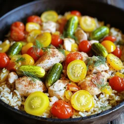 - 2 boneless, skinless chicken breasts, diced - 1 cup long-grain rice, rinsed - 2 cups low-sodium chicken broth - 1/2 cup dill pickles, chopped - 1/4 cup pickle juice - 2 tablespoons ranch seasoning mix - 1 medium onion, diced - 2 cloves garlic, minced - 1 cup cherry tomatoes, halved - 1 tablespoon olive oil - Salt and pepper to taste - Fresh dill for garnish (optional) - Alternative proteins: turkey or tofu - Rice options: brown rice or quinoa - Ranch seasoning substitutes: homemade ranch mix Using the right ingredients makes this dish shine. The chicken brings protein, while rice adds carbs. Dill pickles and pickle juice give a tasty zing. They balance the richness of the chicken. The ranch seasoning adds a creamy, herby flavor. You can switch out the chicken for turkey or even tofu for a vegetarian twist. If you're out of long-grain rice, try brown rice or quinoa. Each option gives a unique taste and texture. Homemade ranch mix works well if you want a personal touch. This flexibility lets you tailor the dish to your taste. For the best results, make sure to rinse the rice. This removes excess starch and helps keep it fluffy. Use low-sodium chicken broth to control salt. This way, you can adjust flavors as needed. Check the quality of your ingredients. Fresh chicken, ripe tomatoes, and crisp pickles elevate the meal. Fresh dill is optional but adds a lovely touch. You can find the full recipe in the main article. Enjoy creating this flavorful dish! Start by preparing your ingredients. Dice the chicken breasts into small cubes. Rinse the rice under cold water until the water runs clear. This step removes excess starch and helps the rice cook evenly. Chop the dill pickles and onion, and mince the garlic. Next, gather your cooking tools. You will need a large skillet and a wooden spoon for stirring. For cooking techniques, we will use sautéing and simmering. Sautéing gives the chicken flavor and color. Simmering cooks the rice and blends the flavors together. Now, let’s begin cooking. Heat the olive oil in your skillet over medium heat. Add the diced onion and minced garlic. Sauté them for about 3 to 4 minutes, or until the onion is soft and clear. Next, add the diced chicken to the skillet. Season it with salt, pepper, and ranch seasoning. Cook the chicken for 6 to 8 minutes until it is golden brown. Make sure to stir it often for even cooking. After that, stir in the rinsed rice. Toast it for about 2 minutes while stirring. This adds a nice flavor to the dish. Now, pour in the chicken broth. Add the chopped dill pickles and pickle juice. Bring this mixture to a boil. Once boiling, lower the heat to low. Cover the skillet and let it simmer for 15 to 20 minutes. This timing is key to getting tender rice. In the last 5 minutes, gently fold in the halved cherry tomatoes. Once the rice has absorbed most of the liquid, remove the skillet from heat. Let it sit for 5 minutes to finish cooking. Fluff the rice with a fork and taste it. Adjust the seasoning if needed. You can garnish with fresh dill if you like. For serving, plate the chicken and rice mixture in a lovely bowl. Sprinkle fresh dill on top for a pop of color. You can also serve this dish with a side salad or steamed vegetables. A light cucumber salad pairs well, adding a cool crunch. Enjoy your meal! To achieve the perfect chicken texture, cook the chicken until golden brown. This helps seal in the juices. Use a meat thermometer to check for doneness. The internal temperature should reach 165°F. This ensures your chicken is safe and not dry. When choosing rice, the type you use can change the liquid amount. Long-grain rice needs about two cups of broth per cup of rice. If you use brown rice, increase the broth to two-and-a-half cups. This helps the rice cook fully and stay tender. To add depth to the flavor profile, try fresh herbs like parsley or basil. They brighten the dish and add freshness. You can also add a splash of lemon juice for a little zing. This will balance the creamy ranch flavor nicely. For spice adjustments, think about adding chili flakes or paprika. This can give your dish a nice kick. If you prefer milder flavors, reduce the amount of ranch seasoning. Taste as you go to find the right balance for you. If your rice does not cook properly, check the heat level. It should be low and simmering, not boiling hard. If it’s still crunchy, add a little more broth and cover the skillet. Let it cook a bit longer. To prevent chicken from becoming dry, avoid overcooking. If you notice it getting too brown, cover it with a lid. This helps keep moisture in. You can also marinate the chicken in pickle juice before cooking. It adds flavor and keeps it juicy. {{image_2}} For those needing gluten-free options, use gluten-free rice or cauliflower rice. Both work well with this dish. For a low-carb alternative, skip the rice and add more veggies. You can use zucchini or mushrooms in place of the rice for a hearty meal. To boost nutrition, add colorful vegetables like bell peppers or spinach. They not only add health benefits but also make the dish look vibrant. You can also experiment with different seasoning blends. Try taco seasoning or Italian herbs for a unique twist on flavors. If you're short on time, make an Instant Pot version of Pickle Ranch Chicken and Rice Skillet. Just sauté the chicken and onions, then add all other ingredients to the pot. Cook for 10 minutes on high pressure. Alternatively, for an oven-baked version, transfer the sautéed mix to a baking dish. Cover and bake at 375°F for about 25-30 minutes. This method gives a nice, even cook while allowing the flavors to mingle beautifully. To keep your Pickle Ranch Chicken and Rice Skillet fresh, first let it cool. Then, place it in an airtight container. Store it in the fridge for up to four days. If you want to keep it longer, freeze it. Use a freezer-safe container or bag for freezing. It can last up to three months in the freezer. Always label your containers with the date for easy tracking. When you're ready to enjoy leftovers, here are some tips. For the best texture, reheat on the stovetop. Add a splash of chicken broth or water to keep it moist. Heat over low to medium heat until warm. If you prefer the microwave, use a covered bowl. Heat in short bursts, stirring in between. This helps it warm evenly and prevents drying out. Leftovers are safe in the fridge for up to four days. After that, they may spoil. Look for signs of spoilage, like a sour smell or mold. If you see these signs, it's best to toss it. Keeping track of the shelf life helps ensure you enjoy your meal at its best. Can I use frozen chicken for this recipe? Yes, you can use frozen chicken. Just ensure you cook it longer. Thawing first makes it easier to chop and cook evenly. Is there a vegetarian version of Pickle Ranch Chicken and Rice Skillet? Absolutely! You can swap the chicken for tofu or chickpeas. Use vegetable broth instead of chicken broth for flavor. What can I serve with this dish? This skillet pairs well with a fresh salad or steamed veggies. You can also enjoy it with crusty bread to soak up the tasty juices. Breakdown of calories and macronutrients per serving Each serving has about 400 calories. You get roughly 30g of protein, 45g of carbs, and 10g of fat. Health benefits of key ingredients like pickles and chicken Chicken is a great source of lean protein. Pickles add crunch and flavor without many calories. They also provide probiotics for gut health. How to adapt for larger portions To make more servings, double the ingredients. Increase the cooking time to ensure everything cooks evenly. A larger skillet helps too. Time considerations when using different cooking methods If using an Instant Pot, cooking time drops to about 10 minutes. For oven-baking, expect about 25-30 minutes at 375°F. Adjust liquid as needed for best results. This blog explored a tasty Pickle Ranch Chicken and Rice Skillet. We covered the key ingredients, preparation steps, and cooking methods. I shared tips to enhance flavor and avoid common issues. Whether you want healthy swaps or unique variations, this dish is versatile. Enjoy the delicious results and feel confident serving it. Happy cooking!