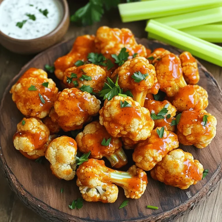 - 1 large head of cauliflower, cut into florets - 1 cup all-purpose flour (or gluten-free flour) - 1 cup almond milk (or any plant-based milk) - 1 teaspoon garlic powder - 1 teaspoon onion powder - 1 teaspoon smoked paprika - ½ teaspoon salt - ½ teaspoon black pepper - ½ cup buffalo sauce (adjust to taste) - 2 tablespoons olive oil To make delicious cauliflower buffalo wings, you need fresh cauliflower florets. They give the best texture. Next, you will mix a batter with flour and plant-based milk. This will help the sauce stick. Don't forget the spices! Garlic powder, onion powder, smoked paprika, salt, and black pepper add amazing flavor. Lastly, you need buffalo sauce and a bit of olive oil to make them spicy and tasty. - Fresh parsley, chopped (for garnish) - Celery sticks and vegan ranch dressing (for serving) When serving, add chopped parsley on top. It looks nice and adds flavor. Pair these wings with crunchy celery sticks. They are perfect for dipping in vegan ranch dressing. This makes a great snack for parties or game days. - Approximately 150 calories per serving - Good source of fiber, vitamins C and K Cauliflower buffalo wings are lower in calories than regular wings. Each serving has about 150 calories. They are high in fiber, which helps with digestion. They also provide vitamins C and K, which support your immune system and bone health. This makes them a tasty and healthy choice for everyone. First, preheat your oven to 450°F (230°C). This heat makes our wings crispy. Next, prepare a baking sheet by lining it with parchment paper. This step helps prevent sticking and makes cleanup easy. In a large bowl, combine the dry and wet ingredients. Whisk together 1 cup of flour, 1 cup of almond milk, 1 teaspoon of garlic powder, 1 teaspoon of onion powder, 1 teaspoon of smoked paprika, ½ teaspoon of salt, and ½ teaspoon of black pepper. Mix until smooth. The batter should be thick enough to coat the cauliflower. If it’s too thin, add a bit more flour. Once your batter is ready, dip each cauliflower floret into it. Let any extra batter drip off. Place the coated florets on the prepared baking sheet in a single layer. Bake them for 20-25 minutes. Flip the wings halfway through to ensure they cook evenly. They should turn golden and crispy. While the wings bake, mix ½ cup of buffalo sauce with 2 tablespoons of olive oil in a bowl. When the cauliflower wings are done, take them out of the oven. Coat each wing in the buffalo sauce mixture. Return them to the baking sheet and bake for another 10 minutes. This step helps the sauce set. Once done, let them cool slightly before serving. Garnish with chopped parsley. Enjoy with celery sticks and vegan ranch dressing for dipping. To get the best crispy texture, you must coat the florets evenly. This helps the batter stick and creates a nice crunch. Make sure the batter is thick enough to cling to the cauliflower. If it's too runny, add a little more flour. For extra crunch, bake the wings at a high temperature. I recommend 450°F (230°C). Use parchment paper on your baking sheet to prevent sticking. Flip the wings halfway through baking. This ensures both sides get crispy and golden. You can adjust the spice level to suit your taste. If you like it hot, add more buffalo sauce. Mixing in some cayenne pepper or chili powder can kick up the heat even more. You can also mix different sauces for unique flavors. Try combining buffalo sauce with barbecue sauce for a sweet and spicy twist. Experiment with your favorite sauces to find the perfect match. There are three main cooking methods: baking, frying, and air frying. Baking is the healthiest option, giving you crispy wings without much oil. Frying can yield a crunchy outside but adds more fat. Air frying cooks quickly and keeps the wings crispy. However, it may not give the same texture as baking. I find baking to be the best method for flavor and crunch. It’s simple, and the results are delicious! {{image_2}} You can change the flavor of your cauliflower buffalo wings with different buffalo sauces. Classic buffalo sauce mixes hot sauce with butter. For a twist, try a honey buffalo sauce by adding honey to the mix. You can also make a spicy garlic sauce with crushed garlic and chili flakes. Each sauce gives a unique kick. Experiment with your favorite flavors! You can also use alternative seasonings. Try adding cayenne pepper for more heat or smoked paprika for a smoky touch. Herbs like oregano or thyme can add depth too. Mix and match to find your perfect flavor. If you need gluten-free options, you can switch to gluten-free flour like almond or rice flour. These flours work well and keep the wings crispy. For vegan alternatives, ensure your buffalo sauce is dairy-free. Many brands offer vegan sauces. You can also use plant-based milk like oat or soy milk when making the batter. These options keep your dish tasty and friendly for all diets. If you want to mix things up, try using broccoli instead of cauliflower. Broccoli florets cook well and hold up nicely. You can also use Brussels sprouts for a fun twist. For flour choices, you can experiment with chickpea flour. It adds a nutty flavor and gives a nice crunch. Each swap can change the taste and texture, so don't be afraid to try new things. For the full recipe, check out the details above! To keep your cauliflower buffalo wings fresh, store them in the fridge. Use an airtight container to prevent them from drying out. It’s best to place a paper towel inside the container. This towel helps soak up moisture. You can enjoy your leftovers for about three days. After this time, they may lose their taste and texture. When reheating, the oven is the best choice. It keeps the wings crispy. Preheat your oven to 350°F (175°C). Place the wings on a baking sheet and heat for about 10-15 minutes. This method maintains crunch. If you use a microwave, the wings may get soggy. If you must use a microwave, put a paper towel on the plate. This helps absorb some moisture. You can freeze your cauliflower wings if you have extras. First, let them cool completely. Then, place them in a single layer on a baking sheet. Freeze for about one hour until firm. After that, transfer them to a freezer-safe bag. Remove as much air as possible to prevent freezer burn. They can last up to three months in the freezer. For thawing, place the wings in the fridge overnight. Once thawed, reheat them in the oven to restore crispiness. Avoid refreezing any wings that have been reheated. This ensures your cauliflower buffalo wings stay tasty and enjoyable. Yes, you can make these wings spicy! To adjust heat levels, simply add more buffalo sauce. You can also mix in cayenne pepper or hot sauce. Start with a little and taste as you go. This lets you find the heat that works for you. Remember, you can always add spice but can't take it out! These wings last about 3 to 4 days in the fridge. Store them in an airtight container. This keeps them fresh and prevents them from drying out. If you want them crisp, reheat them in the oven. This helps regain some of that crunchy goodness! Yes, you can use fresh cauliflower! Fresh cauliflower tastes better and has a firmer texture. However, frozen cauliflower can be more convenient. Frozen florets are already prepped and quick to use. If you choose frozen, make sure to thaw and dry them well before coating. Cauliflower buffalo wings are a healthy choice! They have fewer calories and less fat than traditional chicken wings. Cauliflower is rich in vitamins and fiber. This makes it a great choice for those looking to eat healthier. Plus, they are plant-based, which is good for your heart. In this post, you learned how to make delicious cauliflower buffalo wings. We covered key ingredients, step-by-step instructions, and useful tips. You also discovered storage options and various ways to enhance flavor. Cauliflower wings offer a tasty, healthier choice for snack lovers. Whether you prefer baking or frying, these wings can satisfy your cravings. Try different ingredients to make the recipe your own. With practice, you’ll create a dish that everyone will enjoy. Don't hesitate to experiment and find the perfect flavor for you. Happy cooking!