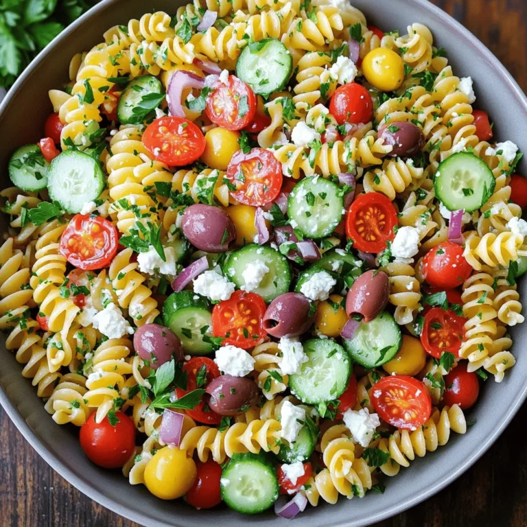 To make a Greek pasta salad, you need fresh and tasty ingredients. Here’s what you will need: - 8 ounces rotini or penne pasta - 1 cup cherry tomatoes, halved - 1 cucumber, diced - 1 red bell pepper, diced - 1/2 red onion, finely chopped - 1 cup Kalamata olives, pitted and sliced - 1 cup feta cheese, crumbled - 1/4 cup fresh parsley, chopped - 1/4 cup olive oil - 2 tablespoons red wine vinegar - 1 teaspoon dried oregano - Salt and pepper to taste These ingredients work together to create a colorful and flavorful dish. You can swap some ingredients based on what you have. If you can't find Kalamata olives, try black or green olives. If you want a lighter salad, use low-fat feta cheese. You can also use lemon juice instead of red wine vinegar for a zesty twist. Feel free to adjust ingredients based on the season. In summer, add fresh corn or zucchini. In fall, try roasted butternut squash or crispy apples. This way, you can enjoy the salad all year round. You can find the full recipe above, which includes tips for customization. To make the Greek pasta salad, start with the pasta. Take 8 ounces of rotini or penne pasta. Boil it in salted water until it is al dente. This means it should still have a little bite. Drain the pasta and rinse it under cold water. This helps cool it down and stops the cooking. Next, grab a large mixing bowl. In this bowl, add 1 cup of halved cherry tomatoes, 1 diced cucumber, 1 diced red bell pepper, and 1/2 finely chopped red onion. Toss in 1 cup of pitted and sliced Kalamata olives. These add a salty flavor that works great with the feta. Now, add the cooled pasta to this mix. It’s time to make the dressing! In a small bowl, whisk together 1/4 cup of olive oil, 2 tablespoons of red wine vinegar, and 1 teaspoon of dried oregano. Don't forget to add salt and pepper to taste. This dressing brings all the flavors together. Pour the dressing over the pasta and vegetables. Toss everything gently. You want to coat the pasta and veggies without breaking them. Finally, fold in 1 cup of crumbled feta cheese and 1/4 cup of chopped fresh parsley. This adds color and freshness. Chill the salad in the refrigerator for at least 30 minutes. This step lets all the flavors blend perfectly. Cooking pasta is simple but crucial for a great salad. Here are some tips to get it right: - Use a large pot with plenty of water. - Add salt to the water before boiling. It makes the pasta tastier. - Stir the pasta often to prevent sticking. - Taste the pasta a minute before the time on the package. You want it firm but not hard. Mixing and dressing the salad is key to good flavor. Here’s how to do it: - Start with dry ingredients in a bowl. - Add the cooled pasta last to avoid mushiness. - When adding dressing, drizzle it over instead of pouring all at once. - Toss gently. Use a spatula or your hands for an even mix. - Fold in delicate items like feta carefully to keep them whole. For even more flavor, let the salad rest in the fridge. This helps the taste develop. Enjoy your fresh and flavorful Greek pasta salad! For the complete recipe, check the [Full Recipe]. To make your Greek pasta salad burst with flavor, use fresh ingredients. Fresh herbs like parsley add a vibrant taste. When mixing your dressing, whisk olive oil and vinegar well. This helps every bite feel balanced. Add a pinch of salt and pepper to the dressing for a flavor boost. For a pop of zest, squeeze some lemon juice in. It brightens the whole dish. One mistake is overcooking the pasta. Cook it al dente to keep the salad crunchy. Rinse the pasta in cold water to stop cooking. Another common error is not letting the salad chill. Chilling melds all the flavors together. Don’t skip the feta; it adds creaminess. Finally, avoid using dull, old veggies. Fresh produce makes all the difference. To get the best texture, mix the ingredients gently. This keeps the pasta and veggies intact. Add the feta last to avoid crumbling it too much. If your pasta feels dry, drizzle a bit more olive oil. This adds moisture and keeps it tasty. Use a variety of textures; crunchy cucumbers and soft feta create a delightful contrast. Enjoy your perfect Greek pasta salad with feta! For the full recipe, see above. {{image_2}} Feta cheese is the classic choice for Greek pasta salad. However, you can swap it out for other cheeses. Try using goat cheese for a tangy twist. Aged cheddar adds a sharp flavor, while mozzarella gives a soft texture. Each cheese can change the salad's taste and feel. Choose a cheese that fits your taste. If you want to add protein, consider grilled chicken or shrimp. Both options pair beautifully with the salad's fresh flavors. Chickpeas can also work well if you want a vegetarian option. They add protein and make the dish heartier. You can also add tuna for a quick protein boost. This will make your salad filling and satisfying. To go vegan, replace feta with a plant-based cheese. There are many options available that mimic real cheese flavors. For a gluten-free version, use gluten-free pasta. Quinoa is a great substitute for pasta, too. It gives the salad a nutty taste and is very nutritious. These swaps create delicious versions for everyone to enjoy. For the complete recipe, check out the Full Recipe section. To keep your Greek pasta salad fresh, store it in an airtight container. Make sure to seal it well to prevent air from getting in. This will help keep the flavors bright and the veggies crisp. If you used any fresh herbs, like parsley, add them just before serving. This way, they stay green and vibrant. When stored properly, your Greek pasta salad can last up to three days in the fridge. After that, the veggies may lose their crunch and the flavors may fade. If you notice any signs of spoilage, like an off smell or slimy texture, it’s best to toss it out. Always trust your senses! Freezing Greek pasta salad is not the best option. The texture of the pasta and veggies changes when frozen. If you must freeze it, store the dressing separately. You can freeze the salad for up to two months, but it may not taste as fresh when thawed. When ready to eat, thaw it in the fridge overnight and add the dressing before serving. For the best flavor, enjoy it fresh! For a full and delicious recipe, check out the Full Recipe. I recommend using rotini or penne pasta. These shapes hold dressing well. The twists and grooves catch the flavors, making each bite tasty. You can also try farfalle or fusilli if you want a fun shape. Just make sure to cook it al dente for the best texture. Yes, you can make this salad ahead of time! It tastes even better after sitting. The flavors mix and develop in the fridge. I suggest making it up to a day in advance. Just keep it covered in the fridge until you are ready to serve. To make a creamy version, swap the dressing with Greek yogurt. Mix it with olive oil and a splash of lemon juice. You can also add a bit of mayonnaise for richness. This will give your salad a delightful, creamy texture. It stays just as fresh and delicious! For the full recipe, check out the Mediterranean Bliss Pasta Salad section. You learned how to make a tasty Greek pasta salad with feta. We covered essential ingredients and fun variations. I shared tips for perfect pasta and salad texture. You now know how to store it well, too. As you explore this dish, remember that creativity leads to delicious results. Adjust flavors and add your favorite ingredients. Enjoy making this salad for any occasion!