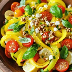 - 2 medium yellow summer squash - 1 medium zucchini - 1 cup cherry tomatoes, halved - 1/4 cup feta cheese, crumbled - 1/4 cup walnuts, toasted and chopped - 1/4 cup fresh basil leaves, torn - 2 tablespoons olive oil - 2 tablespoons lemon juice - Salt and pepper to taste This salad is light and healthy. It brings many vitamins and minerals. The squash and zucchini are low in calories but high in nutrients. They provide fiber, which is good for digestion. Cherry tomatoes add sweetness, and feta gives a nice creamy texture. Walnuts add healthy fats and protein. This dish is perfect for a summer meal. You can add more flavors easily. Try sliced red onion for a sharp bite. For heat, add red pepper flakes. You could mix in avocado for creaminess. Fresh herbs like dill or parsley can enhance the taste. Adding olives can also bring a briny note. These options let you personalize your salad! To start, wash the summer squash and zucchini well. Remove the ends with a knife. Next, use a vegetable peeler or a mandoline to slice the squash and zucchini into thin ribbons. You want long, thin strips for the best texture. This method keeps the ribbons light and fun to eat. If you want more color, you can mix in different zucchinis too. Take a large mixing bowl and combine the squash ribbons with the zucchini ribbons. Add the halved cherry tomatoes right in. These tomatoes add a nice burst of flavor. They also add color to your salad. Gently toss the veggies together so they mix well but stay intact. You want to keep the ribbons whole for a lovely presentation. In a small bowl, mix the olive oil, lemon juice, salt, and pepper. Whisk them together until they blend smoothly. Taste your dressing and adjust it if needed. You may prefer more salt or lemon. Once you are happy with the flavor, drizzle the dressing over the veggie mix. Toss gently so every ribbon gets coated. Be careful not to break them. Finally, add the crumbled feta, toasted walnuts, and fresh basil. Give everything one last gentle toss. Let the salad sit for about ten minutes to let the flavors blend. You can find the full recipe here. To make those lovely ribbons, use a vegetable peeler or a mandoline. A mandoline gives you even slices, but a peeler works well too. Slice slowly and keep your fingers safe. Aim for thin strips to get that nice texture in your salad. Add a splash of flavor with fresh herbs. Basil brings a sweet touch, while mint adds a cool kick. You can also mix in some lemon zest for brightness. If you want more crunch, include nuts like almonds or pine nuts. They add a nice bite and a nutty flavor. Serving is key to impressing your guests. Use a large bowl to show off those vibrant colors. You can layer the ribbons and add the toppings on top. For a rustic look, try a wooden board. Garnish with extra basil and walnuts to make it pop. Sprinkle a bit more feta cheese for that extra touch. This salad is as beautiful as it is tasty. For the complete recipe, check out the Full Recipe section. {{image_2}} You can switch up the summer squash and zucchini with other veggies. Try carrots for a sweet crunch. Cucumber adds a refreshing taste. You can also use bell peppers for a pop of color. Each of these options brings a new flavor to your salad. To make this salad vegan, simply skip the feta cheese. You can replace it with avocado for creaminess. Nutritional yeast also adds a cheesy flavor without dairy. For crunch, consider using sunflower seeds or pumpkin seeds instead of walnuts. Use what’s fresh and in season. In spring, add asparagus for a nice bite. In the fall, roasted butternut squash brings warmth. You can mix in herbs like dill or cilantro for added freshness. Adapting your salad makes it exciting and unique every time. Check out the Full Recipe for more ideas. To keep your salad fresh, store it in an airtight container. Place it in the fridge. This helps slow down spoilage. It’s best to eat it within two days. If you want to save the dressing, store it separately. This keeps the salad crisp. When you prepare the salad, use fresh veggies. Look for squash and zucchini that feel firm. Store leftover squash and zucchini in a cool, dry place. Keep tomatoes in the fridge to keep them fresh longer. Fresh basil can last in water, like flowers, for a few days. This salad is best served cold. You do not need to reheat it. If you prefer a warm dish, lightly sauté the squash ribbons before adding them to the salad. But, remember, warm salad changes its flavor. Enjoy this dish as a cool, refreshing meal. To make summer squash ribbons, start by washing the summer squash and zucchini. Trim off both ends. Using a vegetable peeler or a mandoline, slice the squash and zucchini into long, thin ribbons. Aim for a delicate texture. This method keeps the salad light and fresh. You can use a spiralizer for fun shapes, too. Yes, you can prepare this salad a few hours in advance. However, I recommend waiting to add the dressing until just before serving. Adding the dressing early can make the squash and zucchini soggy. To keep the salad fresh, store it in the fridge in a sealed container. This salad pairs well with several dressings. A simple olive oil and lemon juice blend works great. You can also try a balsamic vinaigrette for a sweet touch. For a creamy option, a yogurt-based dressing adds a nice contrast. Experiment with flavors to find what you enjoy most! Yes, Summer Squash Ribbon Salad is gluten-free. All the ingredients used, like squash, tomatoes, and feta, do not contain gluten. This salad is a perfect choice for those who need to avoid gluten in their diet. Enjoy it without worry! In this blog post, we explored the Summer Squash Ribbon Salad. We covered its ingredients, including nutritional details and optional flavors. I provided step-by-step instructions for making the salad. I also shared tips for slicing, enhancing flavors, and presenting your dish. Different variations allow for ingredient flexibility, and I offered storage tips to keep leftovers fresh. This salad is simple to prepare and full of taste. You can easily customize it to fit your needs. Enjoy your cooking adventure!