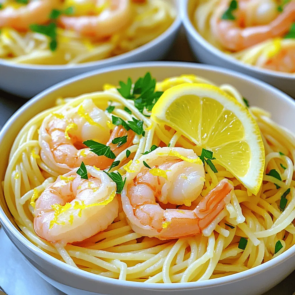 To make Lemon Garlic Shrimp Pasta, you need the following: - 8 ounces spaghetti or linguine - 1 pound large shrimp, peeled and deveined - 4 cloves garlic, minced - 3 tablespoons olive oil - 1 tablespoon butter - Zest of 1 lemon - 2 tablespoons fresh lemon juice - Optional ingredients: 1/4 teaspoon red pepper flakes, salt, and pepper to taste - 1/4 cup fresh parsley, chopped - Grated Parmesan cheese for serving These ingredients come together to create a dish full of bright flavors. The shrimp adds protein and a sweet taste, while the garlic gives it depth. Lemon juice and zest bring a fresh zing that wakes up your taste buds. Olive oil and butter blend to create a rich base. The optional red pepper flakes can add a kick if you like some heat. Fresh parsley not only adds color but also a fresh herb taste. And don’t forget the Parmesan cheese! It melts in beautifully and adds creaminess. Using fresh ingredients makes a big difference. Fresh shrimp, garlic, and herbs can elevate your meal. For the best results, choose quality pasta. This recipe is simple and quick. You can find the full recipe [here](#). To start, bring a large pot of salted water to a boil. Add 8 ounces of spaghetti or linguine. Cook it according to the package instructions until it is al dente. This usually takes around 8-10 minutes. Once done, reserve 1/2 cup of the pasta water. This water helps thicken the sauce later. After reserving the water, drain the pasta and set it aside. Next, grab a large skillet and heat 3 tablespoons of olive oil and 1 tablespoon of butter over medium heat. Once the butter melts, add 4 cloves of minced garlic. Sauté the garlic for about 1 minute. Make sure it does not burn. Then, add 1 pound of large shrimp that are peeled and deveined. Sprinkle in some salt, pepper, and optional red pepper flakes. Cook the shrimp for about 2-3 minutes on each side. They should turn pink and be fully cooked. Now it's time to add flavor. Stir in the zest of 1 lemon and 2 tablespoons of fresh lemon juice. Mix well to coat the shrimp. If the sauce seems too thick, add a bit of the reserved pasta water. This will help to loosen it up. Toss the cooked pasta into the skillet with the shrimp and sauce. Combine everything well and cook for an additional minute to heat through. Finally, remove from heat and stir in 1/4 cup of chopped fresh parsley. Adjust seasoning if needed. Serve hot and enjoy this delightful dish! For the complete recipe, check the Full Recipe. To balance lemon and garlic flavors, use fresh ingredients. Fresh garlic gives a strong taste. The zest of the lemon adds a bright note. Mix lemon juice well into your sauce for a tangy kick. If you want more heat, add red pepper flakes. Start with a little and taste as you go. To make a creamy sauce, use the reserved pasta water. This water has starch that helps thicken the sauce. Add it slowly until you reach the right consistency. Don't make it too watery. A smooth sauce coats the pasta nicely. For serving, use shallow bowls for a nice look. Garnish with fresh parsley for a pop of color. A lemon slice adds brightness and draws the eye. You want your dish to look as good as it tastes. A simple touch can make a big difference. {{image_2}} You can change things up with different pasta types. Whole grain or gluten-free pasta works great. They add nice texture and taste. If you want a protein switch, try chicken or tofu instead of shrimp. Both options soak up the lemon garlic flavors well. Want to boost the dish's flavor? Add fresh veggies like spinach or cherry tomatoes. They add color and nutrients. You can also mix in herbs like basil or dill. These herbs brighten the dish and give it a fresh taste. If you need a dairy-free meal, skip the cheese. Use olive oil instead of butter for a lighter feel. For low-carb choices, swap pasta with spiralized zucchini or cauliflower rice. These options keep the meal light and healthy while still being tasty. For the full recipe, check out the Lemon Garlic Shrimp Pasta. Store your Lemon Garlic Shrimp Pasta in an airtight container. This keeps it fresh. Let it cool down first to avoid steam build-up. Place it in the fridge for up to 3 days. Glass or plastic containers with tight lids work best for storage. To quickly reheat your pasta, use the microwave or stove. If using the microwave, heat it in short bursts. Stir it often to warm evenly. On the stove, add a splash of water to a pan. This helps keep the pasta moist. Heat on low until warm. Yes, you can freeze Lemon Garlic Shrimp Pasta! To freeze, let the pasta cool completely. Then, portion it into freezer-safe bags or containers. Squeeze out as much air as possible before sealing. When ready to eat, thaw it overnight in the fridge. Reheat gently and enjoy. Making Lemon Garlic Shrimp Pasta is quick and easy. The total time is about 30 minutes. You spend 10 minutes prepping and 20 minutes cooking. This makes it perfect for a busy weeknight meal. Yes, you can use frozen shrimp. Just thaw them first. Place them in cold water for about 15 minutes. After thawing, pat them dry before cooking. This helps them cook evenly and keeps them from becoming watery. This dish pairs well with many sides. Here are some great options: - Garlic bread - A fresh green salad - Roasted vegetables - Steamed asparagus These sides add taste and balance to your meal. If you like heat, adding spice is simple. You can include red pepper flakes. Start with 1/4 teaspoon and adjust to your taste. For more heat, use fresh chili peppers or hot sauce. Just mix them in with the shrimp for a kick! For the full recipe, check out the [Full Recipe]. This blog post shared a tasty Lemon Garlic Shrimp Pasta recipe. You learned about key ingredients, cooking methods, and tips for great flavor. Remember to balance lemon and garlic for the best taste. Don't be afraid to swap in your favorite ingredients. Follow the storage tips to enjoy leftovers later. Cooking should be fun, so take your time and experiment. I hope you feel ready to make this dish and impress your friends or family. Happy cooking!