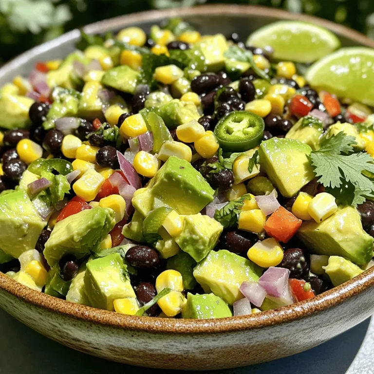 - 2 ripe avocados, diced - 1 can (15 oz) black beans, rinsed and drained - 1 cup sweet corn kernels - 1 red bell pepper, diced - 1 small red onion, finely chopped - 1 jalapeño, deseeded and minced - 1/4 cup fresh cilantro, chopped - 1 teaspoon cumin - Juice of 2 limes - 2 tablespoons olive oil - Salt and pepper to taste When making this Avocado Black Bean Corn Salad, fresh and high-quality ingredients matter. Each ingredient adds flavor and nutrition. First, the avocados bring creamy goodness and healthy fats. You want them ripe but firm. Next, black beans add protein and fiber, making this dish filling. Sweet corn offers a crunchy texture and natural sweetness. Then, the red bell pepper adds color and a slight crunch. It’s rich in vitamins. Lastly, the red onion gives a sharp bite that balances the salad's flavors. For optional ingredients, consider adding jalapeño for heat. If you like fresh herbs, cilantro brightens up the dish. Cumin adds a warm spice that enhances the overall taste. Now, let's not forget the dressing. Fresh lime juice brightens everything up, while olive oil adds richness. Salt and pepper pull it all together. You can find the full recipe [here](#). - First, combine the diced avocados, black beans, corn, red bell pepper, and red onion in a large mixing bowl. This mix gives our salad great color and taste. - Next, prepare the dressing in a separate bowl. Whisk together the lime juice, olive oil, cumin (if you like), and a pinch of salt and pepper. This dressing adds zing to our salad. - Now, pour the dressing over the salad mixture. Make sure to coat everything well. - Toss gently to combine, being careful not to mash the avocados. We want them to stay nice and chunky. - Add the minced jalapeño and chopped cilantro to the bowl. These add a nice kick and freshness. - Taste your salad and adjust the seasoning. Add more salt, pepper, or lime juice if needed. Enjoy the vibrant flavors! For the full recipe, you can check out Tropical Avocado Black Bean Corn Salad. To serve your Avocado Black Bean Corn Salad, try using tortilla chips. They add a nice crunch and are fun to eat. You can also pair the salad with grilled proteins like chicken or shrimp. This makes for a hearty meal. For garnishing, add lime wedges and fresh cilantro on top. It gives the dish a vibrant look and a zesty kick. Letting the salad sit for about 10 minutes helps the flavors blend. This resting time allows the lime juice and spices to soak in. You can adjust the seasoning to your taste. If you like it spicier, add more jalapeño. If you prefer it tangy, squeeze in some extra lime juice. Always taste along the way to get it just right. To avoid mashing the avocados, handle them gently when mixing. Use a spoon and fold the ingredients instead of stirring roughly. This keeps the avocado pieces intact. When mixing, start with the veggies and pour the dressing over them. Toss slowly to combine everything without smashing the avocados. Following these tips will keep your salad fresh and beautiful. For the full recipe, check out the Tropical Avocado Black Bean Corn Salad. {{image_2}} You can easily make this salad dairy-free and gluten-free. Instead of cheese, skip it or use vegan cheese. For a gluten-free option, check your canned goods. Most black beans are gluten-free, but always read labels. Add nutrition by mixing in ingredients like quinoa or hemp seeds. These add protein and fiber, making the dish even healthier. You can also swap the black beans for kidney beans or chickpeas for a different taste. Want to change the flavor? Try adding spices like chili powder or smoked paprika. These spices give the salad a warm kick. Fresh herbs like basil or oregano can also improve the taste. For a fruity twist, add diced mango or chopped nuts. Walnuts or almonds provide a nice crunch and extra nutrients. You can also add diced apples for a sweet and crisp bite. Create a Southwestern version by using pinto beans instead of black beans. Add corn salsa for more flavor and a bit of heat. For a tropical twist, mix in diced pineapple or mango. This addition gives a sweet touch that pairs well with the creaminess of avocados. Serve it at a summer picnic, and you’ll impress everyone with its vibrant colors and fresh taste. For the full recipe, check out the Full Recipe section to get all the details! To keep your avocado black bean corn salad fresh, store it in the fridge. Use an airtight container for best results. Make sure to press plastic wrap against the salad to limit air exposure. This helps prevent browning and keeps flavors intact. If you plan to eat it later, store the dressing separately to maintain texture. In the fridge, your salad lasts about 2 to 3 days. After that, the avocados may brown and lose their taste. I do not recommend freezing this salad. Freezing changes the texture of the avocados and corn, making them mushy when thawed. You won't need to reheat this salad, as it's best served cold. If you prefer it warm, gently toss it in a pan over low heat for a short time. This way, you avoid losing the salad's fresh texture. Enjoy every bite of this vibrant dish! For the full recipe, check out the Tropical Avocado Black Bean Corn Salad. You can add many tasty things to this salad. Here are some ideas: - Chopped tomatoes for extra sweetness. - Diced cucumbers for a crunchy bite. - Crumbled feta cheese for a creamy texture. - Diced mango for a fruity twist. - Chopped green onions for a mild onion flavor. - Sliced black olives for a briny kick. These add-ins mix well and boost flavors. They also change the texture and color. Feel free to try different combinations to find what you love! Yes, you can prepare this salad ahead of time! To keep it fresh, do the following: - Mix all the ingredients except for the avocado and lime juice. - Store the mixture in an airtight container. - Add diced avocado and lime juice just before serving. This way, your salad stays bright and tasty. It is best if eaten within a day for optimal flavor and texture. To keep your avocado green, you can try a few tricks: - Use lime juice right after cutting the avocado. - Store cut avocado with red onion slices. - Keep the pit in the salad until serving. These methods help slow down browning. They keep your salad looking fresh and appealing! This blog post shared a simple, fresh salad recipe featuring avocado, black beans, and corn. You learned the main ingredients and how to mix them to make a delicious dish. I shared helpful tips for serving, flavoring, and storing the salad. You can customize it with optional ingredients for variety. Remember, make it your own! Enjoy this tasty salad at any meal or as a snack. Your taste buds will thank you for this easy recipe!