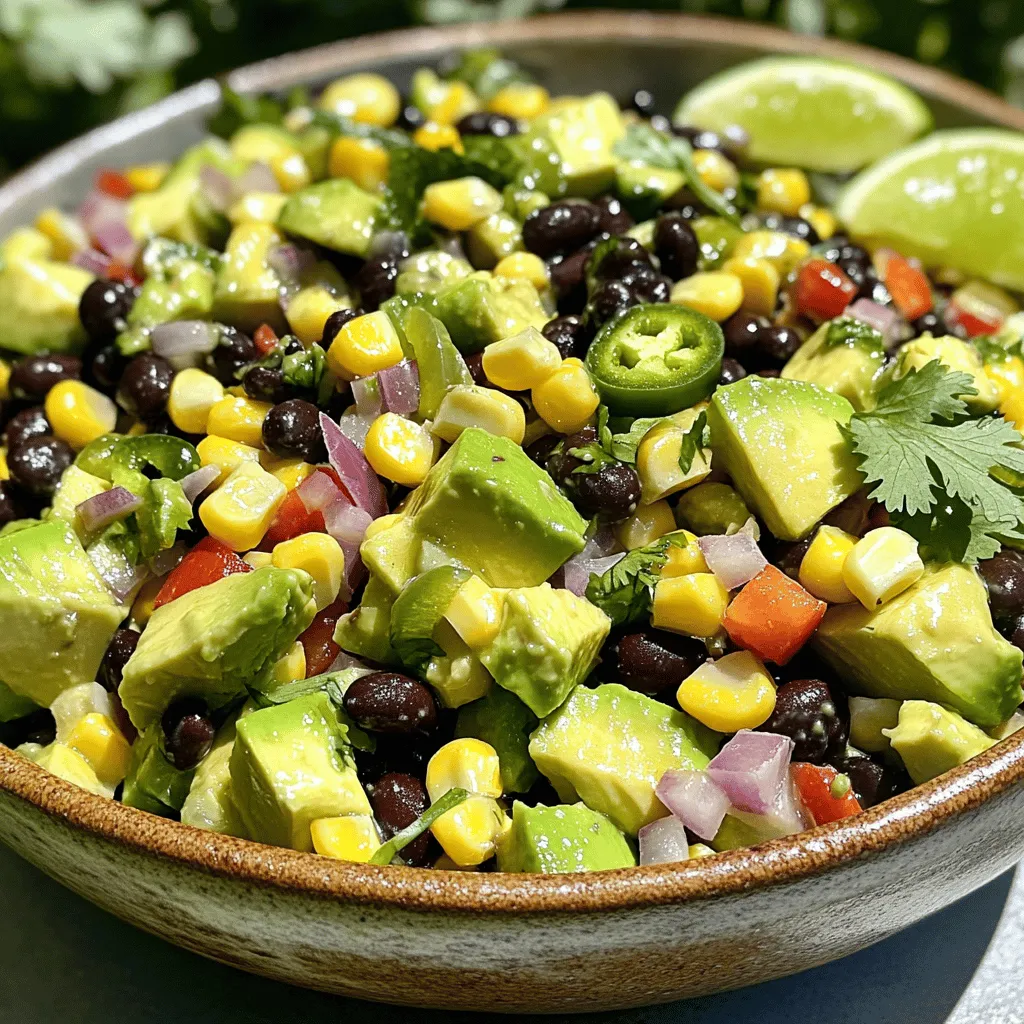 - 2 ripe avocados, diced - 1 can (15 oz) black beans, rinsed and drained - 1 cup sweet corn kernels - 1 red bell pepper, diced - 1 small red onion, finely chopped - 1 jalapeño, deseeded and minced - 1/4 cup fresh cilantro, chopped - 1 teaspoon cumin - Juice of 2 limes - 2 tablespoons olive oil - Salt and pepper to taste When making this Avocado Black Bean Corn Salad, fresh and high-quality ingredients matter. Each ingredient adds flavor and nutrition. First, the avocados bring creamy goodness and healthy fats. You want them ripe but firm. Next, black beans add protein and fiber, making this dish filling. Sweet corn offers a crunchy texture and natural sweetness. Then, the red bell pepper adds color and a slight crunch. It’s rich in vitamins. Lastly, the red onion gives a sharp bite that balances the salad's flavors. For optional ingredients, consider adding jalapeño for heat. If you like fresh herbs, cilantro brightens up the dish. Cumin adds a warm spice that enhances the overall taste. Now, let's not forget the dressing. Fresh lime juice brightens everything up, while olive oil adds richness. Salt and pepper pull it all together. You can find the full recipe [here](#). - First, combine the diced avocados, black beans, corn, red bell pepper, and red onion in a large mixing bowl. This mix gives our salad great color and taste. - Next, prepare the dressing in a separate bowl. Whisk together the lime juice, olive oil, cumin (if you like), and a pinch of salt and pepper. This dressing adds zing to our salad. - Now, pour the dressing over the salad mixture. Make sure to coat everything well. - Toss gently to combine, being careful not to mash the avocados. We want them to stay nice and chunky. - Add the minced jalapeño and chopped cilantro to the bowl. These add a nice kick and freshness. - Taste your salad and adjust the seasoning. Add more salt, pepper, or lime juice if needed. Enjoy the vibrant flavors! For the full recipe, you can check out Tropical Avocado Black Bean Corn Salad. To serve your Avocado Black Bean Corn Salad, try using tortilla chips. They add a nice crunch and are fun to eat. You can also pair the salad with grilled proteins like chicken or shrimp. This makes for a hearty meal. For garnishing, add lime wedges and fresh cilantro on top. It gives the dish a vibrant look and a zesty kick. Letting the salad sit for about 10 minutes helps the flavors blend. This resting time allows the lime juice and spices to soak in. You can adjust the seasoning to your taste. If you like it spicier, add more jalapeño. If you prefer it tangy, squeeze in some extra lime juice. Always taste along the way to get it just right. To avoid mashing the avocados, handle them gently when mixing. Use a spoon and fold the ingredients instead of stirring roughly. This keeps the avocado pieces intact. When mixing, start with the veggies and pour the dressing over them. Toss slowly to combine everything without smashing the avocados. Following these tips will keep your salad fresh and beautiful. For the full recipe, check out the Tropical Avocado Black Bean Corn Salad. {{image_2}} You can easily make this salad dairy-free and gluten-free. Instead of cheese, skip it or use vegan cheese. For a gluten-free option, check your canned goods. Most black beans are gluten-free, but always read labels. Add nutrition by mixing in ingredients like quinoa or hemp seeds. These add protein and fiber, making the dish even healthier. You can also swap the black beans for kidney beans or chickpeas for a different taste. Want to change the flavor? Try adding spices like chili powder or smoked paprika. These spices give the salad a warm kick. Fresh herbs like basil or oregano can also improve the taste. For a fruity twist, add diced mango or chopped nuts. Walnuts or almonds provide a nice crunch and extra nutrients. You can also add diced apples for a sweet and crisp bite. Create a Southwestern version by using pinto beans instead of black beans. Add corn salsa for more flavor and a bit of heat. For a tropical twist, mix in diced pineapple or mango. This addition gives a sweet touch that pairs well with the creaminess of avocados. Serve it at a summer picnic, and you’ll impress everyone with its vibrant colors and fresh taste. For the full recipe, check out the Full Recipe section to get all the details! To keep your avocado black bean corn salad fresh, store it in the fridge. Use an airtight container for best results. Make sure to press plastic wrap against the salad to limit air exposure. This helps prevent browning and keeps flavors intact. If you plan to eat it later, store the dressing separately to maintain texture. In the fridge, your salad lasts about 2 to 3 days. After that, the avocados may brown and lose their taste. I do not recommend freezing this salad. Freezing changes the texture of the avocados and corn, making them mushy when thawed. You won't need to reheat this salad, as it's best served cold. If you prefer it warm, gently toss it in a pan over low heat for a short time. This way, you avoid losing the salad's fresh texture. Enjoy every bite of this vibrant dish! For the full recipe, check out the Tropical Avocado Black Bean Corn Salad. You can add many tasty things to this salad. Here are some ideas: - Chopped tomatoes for extra sweetness. - Diced cucumbers for a crunchy bite. - Crumbled feta cheese for a creamy texture. - Diced mango for a fruity twist. - Chopped green onions for a mild onion flavor. - Sliced black olives for a briny kick. These add-ins mix well and boost flavors. They also change the texture and color. Feel free to try different combinations to find what you love! Yes, you can prepare this salad ahead of time! To keep it fresh, do the following: - Mix all the ingredients except for the avocado and lime juice. - Store the mixture in an airtight container. - Add diced avocado and lime juice just before serving. This way, your salad stays bright and tasty. It is best if eaten within a day for optimal flavor and texture. To keep your avocado green, you can try a few tricks: - Use lime juice right after cutting the avocado. - Store cut avocado with red onion slices. - Keep the pit in the salad until serving. These methods help slow down browning. They keep your salad looking fresh and appealing! This blog post shared a simple, fresh salad recipe featuring avocado, black beans, and corn. You learned the main ingredients and how to mix them to make a delicious dish. I shared helpful tips for serving, flavoring, and storing the salad. You can customize it with optional ingredients for variety. Remember, make it your own! Enjoy this tasty salad at any meal or as a snack. Your taste buds will thank you for this easy recipe!