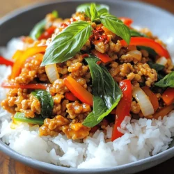 - Ground Chicken: This is the main protein. It cooks quickly and absorbs flavors well. - Thai Basil Leaves: These add a unique, aromatic flavor. They give the dish its signature taste. - Garlic and Chilies: Use 4 cloves of garlic and 2-3 bird’s eye chilies. They bring heat and depth. - Sauces and Other Ingredients: You need soy sauce, fish sauce, oyster sauce, and sugar. These create a balanced flavor. Don’t forget vegetable oil for cooking, and add sliced red bell pepper and onion for color and crunch. These ingredients come together for a wonderful dish. For the full recipe, check the provided details to make your cooking easier. Heating Oil and Sautéing Aromatics Start by heating 2 tablespoons of vegetable oil in a large skillet or wok over medium-high heat. Once the oil is hot, add 4 cloves of minced garlic and 2-3 minced Thai bird's eye chilies. Sauté them for about 30 seconds. You want to smell the garlic and chili. This step makes the dish aromatic and flavorful. Cooking Ground Chicken Next, add 1 pound of ground chicken to the skillet. Use a spatula to break the chicken into smaller pieces. Cook it until it is no longer pink, about 5 to 7 minutes. Make sure to stir it often. This keeps the chicken from sticking to the pan. Combining Vegetables and Sauces Now, add 1 sliced medium onion and 1 sliced red bell pepper to the skillet. Cook these for about 3 to 4 minutes. You want the veggies to be tender but still crisp. In a small bowl, mix 2 tablespoons of soy sauce, 1 tablespoon of fish sauce, 1 tablespoon of oyster sauce, and 1 teaspoon of sugar. Pour this sauce over the chicken and vegetables. Stir well to coat everything. Finally, remove the skillet from heat and fold in 1 cup of tightly packed Thai basil leaves until they wilt slightly. Serve hot over cooked jasmine rice for a complete meal. For the full recipe, you can refer back to the ingredients and instructions mentioned earlier. To make your Spicy Thai Basil Chicken taste just right, fresh ingredients are key. Fresh Thai basil gives a bright flavor that dried herbs cannot match. I recommend visiting an Asian market to find it. You will taste the difference! Adjusting spice levels is also important. Thai bird's eye chilies pack a punch. If you like less heat, start with one chili. You can always add more later. Taste as you cook to find your perfect spice level. For the best taste, serve your dish over warm jasmine rice. The rice soaks up the sauce and balances the spice. You can add sliced cucumbers or a side salad for extra crunch. This simple addition makes your meal even more refreshing. For the full recipe, check out the detailed instructions. Enjoy cooking and savoring this delightful dish! {{image_2}} You can switch up proteins in this recipe. Chicken thighs bring a juicy taste. They have more fat, so the meal becomes richer. Ground chicken is quick and easy, but thighs add texture. For a vegetarian twist, you can use tofu or tempeh. Both soak up flavors well. Tofu gives a soft bite, while tempeh adds a nutty crunch. Just treat them like the chicken in the recipe. You can also mix in different vegetables. Try snap peas for a sweet crunch. Broccoli adds a hearty bite. Carrots bring color and sweetness. The more colors on your plate, the better it looks and tastes! This flexibility makes the dish fun. You can use what you have and keep it new. Check the full recipe to explore more options! To keep your Spicy Thai Basil Chicken fresh, follow these simple steps: - Refrigeration Guidelines: Store the chicken in an airtight container. It will stay good for up to 3-4 days in the fridge. Make sure it cools down before sealing it. This helps prevent moisture buildup. - Freezing and Reheating Tips: If you want to save some for later, freeze it. Place the chicken in a freezer-safe bag. Remove as much air as you can. It can last up to 3 months in the freezer. When you’re ready to eat, thaw it overnight in the fridge. Reheat it in a pan over low heat until hot. - Shelf Life of Spicy Thai Basil Chicken: When stored properly, this dish stays tasty for days. In the fridge, enjoy it within 4 days. In the freezer, it remains good for 3 months. Always check for signs of spoilage before eating. Storing your food correctly helps keep flavors fresh and safe! How can I make it less spicy? To reduce the heat, use fewer chilies. You can also remove the seeds from the chilies. Another option is to use a milder chili variety. Adding more sugar or extra vegetables can help balance the heat, too. Can I use regular basil instead of Thai basil? Yes, you can use regular basil if you can't find Thai basil. However, the flavor will change. Thai basil has a sweet, slightly spicy taste. Regular basil is milder and more peppery. If you use regular basil, you might want to add a bit of mint for extra flavor. What side dishes pair well with this recipe? Spicy Thai Basil Chicken is best served with jasmine rice. The rice helps cool the heat. You can also serve it with a simple cucumber salad or stir-fried vegetables. These sides add freshness and crunch, making your meal balanced. For extra flavor, serve it with lime wedges or chili sauce. For the full recipe, check out the earlier section. This article covered how to make Spicy Thai Basil Chicken. We explored the key ingredients, like ground chicken, Thai basil, and aromatics. I shared step-by-step instructions for cooking the dish. We discussed tips for authentic Thai flavors, variations for different diets, and proper storage methods. I hope you feel ready to try this delicious recipe. Enjoy experimenting with flavors and making it your own! You will create a dish your friends and family will love.