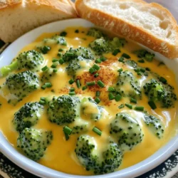 - 4 cups broccoli florets - 1 medium onion, diced - 2 cloves garlic, minced - 1 medium potato, peeled and diced - 4 cups vegetable broth - 1 cup heavy cream - 2 cups sharp cheddar cheese, grated - 2 tablespoons olive oil - Salt and pepper to taste - 1 teaspoon smoked paprika - Fresh chives, chopped (for garnish) To make a great creamy broccoli cheddar soup, you need some key ingredients. First, the broccoli florets provide the main flavor and nutrition. Next, the onion and garlic add depth. They give a nice base to the soup when you sauté them in olive oil. The potato helps make the soup creamy without using too much cream. It thickens the soup well. You will also need vegetable broth for the soup base. This broth adds rich flavor and keeps the soup hearty. Heavy cream makes the soup smooth and rich. The sharp cheddar cheese gives a bold taste. When melted, it creates a beautiful golden color. You will also want to season with salt, pepper, and smoked paprika. These spices boost the flavors. Finally, fresh chives add a pop of color and a hint of onion flavor as a garnish. For the full recipe, you can check the details on how to combine these ingredients and create a warm, comforting bowl of soup. To start, I heat olive oil in a large pot over medium heat. First, I add the diced onion and sauté it for about 5 minutes. I wait until the onion is soft and clear. Then, I add the minced garlic and cook it for one more minute. The garlic adds a nice aroma. Next, I stir in the diced potato and broccoli florets. Mixing them well gets everything coated in oil. This helps the veggies cook evenly and adds flavor. Now, I pour in the vegetable broth. I bring this mix to a boil, which takes just a few minutes. Once boiling, I lower the heat and let it simmer. I cover the pot and wait for about 15 to 20 minutes. I know it’s done when the potatoes and broccoli are soft. For a creamy texture, I grab my immersion blender. I carefully blend the soup until it’s smooth. If you like some chunks, you can blend just half of it. After blending, I turn the heat back to medium. I stir in the heavy cream, bringing the soup to a gentle simmer. This adds richness and depth to the flavor. Next, I gradually add the grated cheddar cheese, stirring until it melts completely. I also season with salt, pepper, and smoked paprika. I taste it and adjust as needed to get the right flavor. Before serving, I remove it from the heat. I garnish with fresh chives for a pop of color. This finishing touch makes the soup look inviting and fresh. For the full recipe, check out the details above. Enjoy your creamy broccoli cheddar soup! To get a creamy soup, blending is key. I love using an immersion blender. It’s easy and keeps my pot clean. Just blend until smooth. If you want some chunks, blend only half. You can also adjust the thickness. If it’s too thick, add more broth. If it’s too thin, cook it a bit longer. Be careful to prevent curdling. Add cheese slowly and stir well. If the soup is too hot when you add the cream, it might curdle. Always lower the heat before adding it. Adding spices makes a big difference. I like using smoked paprika. It gives a nice smoky flavor. You can also add a pinch of nutmeg for warmth. Fresh herbs like thyme or basil can brighten the soup too. For cheese, I recommend sharp cheddar. It adds depth and a lovely tang. You could also mix in Gruyère for a nutty taste. Combining different cheeses gives a richer flavor. This soup pairs well with bread. A slice of crusty bread or a warm baguette is perfect. You can also try serving it with a side salad for a balanced meal. For presentation, serve the soup hot in bowls. Top it with more cheddar and a sprinkle of chives. This adds a pop of color and freshness. It makes the dish look even more inviting. You can find the full recipe to make your own creamy broccoli cheddar soup. {{image_2}} You can make your creamy broccoli cheddar soup heartier by adding protein. For meat lovers, cooked chicken or crispy bacon works great. Just chop them into small pieces and stir them in before serving. If you want a vegetarian option, consider adding legumes like chickpeas or white beans. They add protein and make the soup filling. To enjoy this soup gluten-free, switch the broth and cream. Use a gluten-free vegetable broth. For the cream, coconut milk or almond milk can work well. To thicken your soup, try using cornstarch mixed with cold water. This will help create that creamy texture without gluten. You can boost nutrition and flavor by adding more veggies. Carrots bring sweetness, while cauliflower adds creaminess. Chop them up and cook them with the broccoli. You can also experiment with other greens, like spinach or kale. Just toss them in at the end of cooking for a fresh touch. For the full recipe, check out the Creamy Broccoli Cheddar Delight. To keep your creamy broccoli cheddar soup fresh, store leftovers in the fridge. Let the soup cool to room temperature before placing it in the fridge. Use airtight containers to prevent odors from other foods and to maintain flavor. Ideally, eat your soup within three to four days for the best taste. If you want to save some soup for later, freezing works well. First, let the soup cool completely. Pour it into freezer-safe containers, leaving some space at the top for expansion. For best results, freeze in single servings. When you want to enjoy it again, thaw the soup overnight in the fridge. To reheat frozen servings, warm it in a pot over low heat. Stir often to avoid sticking and ensure even heating. You can also use a microwave, but make sure to stir halfway. Add a splash of broth or cream if it seems too thick after reheating. Enjoy your creamy broccoli cheddar soup from the freezer! To make this soup gluten-free, focus on your ingredients. Start by using gluten-free vegetable broth. Many brands offer this option. For thickening, you can use cornstarch or arrowroot powder instead of flour. Just mix it with water first to create a slurry before adding it to the soup. This keeps the texture rich without gluten. You can also check the cheese. Most cheddar cheese is gluten-free, but always read the labels. This will help you avoid any hidden gluten in processed cheese. Yes, you can make this soup vegan! Start by swapping heavy cream with coconut milk or cashew cream. Both options give a rich texture. For cheese, use a dairy-free cheese or nutritional yeast. Nutritional yeast adds a nice cheesy flavor without dairy. Make sure your vegetable broth is vegan too. Many brands offer a plant-based option. This way, you enjoy a creamy soup without any animal products. If you need lighter alternatives to heavy cream, consider using evaporated milk. It has a similar creaminess but with fewer calories. Another option is to blend silken tofu with a little water. This gives a thick texture without the fat. To maintain that creamy feel, you can add pureed white beans. They blend well and add protein. Just remember to adjust the seasoning to keep the flavor strong. In this blog post, we explored how to make a creamy broccoli cheddar soup, step by step. We covered essential ingredients, cooking methods, and tips for that perfect texture. Remember, you can easily adjust flavors, add proteins, or make it gluten-free. Don't forget to store leftovers well or freeze them for later. This soup not only warms you up but also fills you with nutrients. Enjoy crafting your delicious bowl of comfort!