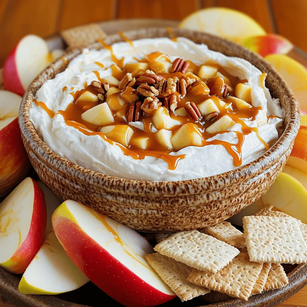 To make a delicious Caramel Apple Cheesecake Dip, you need these simple ingredients: - 8 oz cream cheese, softened - 1/2 cup powdered sugar - 1/2 cup brown sugar - 1 teaspoon vanilla extract - 1 cup heavy whipping cream - 1/2 teaspoon cinnamon - 2 medium apples, diced (Honeycrisp or Granny Smith) - 1/2 cup caramel sauce (plus extra for drizzling) - 1/4 cup chopped pecans or walnuts (optional) These ingredients create a creamy, sweet dip that blends the taste of cheesecake with the crunch of apples. The softened cream cheese gives a smooth base, while the sugars add sweetness. The vanilla extract brings warmth, and the cinnamon adds a cozy touch. Diced apples give it a fresh bite, and caramel sauce makes it indulgent. If you like, sprinkle chopped nuts for extra crunch. You can find the full recipe for this delightful dip above. 1. Start by mixing the cream cheese with the powdered sugar and brown sugar. Use a hand mixer to beat until it is smooth and creamy. 2. Next, pour in the vanilla extract. Blend it in well so that it combines fully with the cream cheese mixture. 3. In another bowl, whip the heavy cream until it forms stiff peaks. This makes the dip fluffy and light. Gently fold the whipped cream into the cream cheese mixture. You want it to mix well but still be airy. 1. Now it’s time to add some spice! Sprinkle in the cinnamon and fold it into the mixture. This will give your dip a warm flavor. 2. Then, stir in the diced apples. Make sure they are evenly distributed throughout the dip for a great taste in every bite. 1. Spoon the dip into a serving bowl. This is where it will shine! 2. Drizzle caramel sauce over the top. The gooey caramel adds a sweet touch that makes this dip irresistible. If you want, sprinkle some chopped pecans or walnuts on top for a crunchy finish. The full recipe can guide you through these steps for a perfect dip every time. Enjoy this delicious treat! To get the best dip, start with soft cream cheese. If it’s too cold, it won’t mix well. I like to take it out of the fridge at least 30 minutes before I start. Next, add your sugars slowly. This helps create a smooth and creamy texture. Mix them in well before moving on. For dipping, I love to use fresh apple slices. Honeycrisp or Granny Smith apples add a great crunch. Graham crackers or pretzels also work well. They add a nice salty touch to the sweet dip. For a pretty look, serve the dip in a nice bowl. Arrange sliced apples around it. Drizzle extra caramel on top for a glossy finish. You can prepare this dip in advance. Just make it up to 30 minutes before serving. Chill it in the fridge to let the flavors blend. This also makes the dip thicker and creamier. It tastes even better after a little time in the fridge. Enjoy this delicious treat! For the full recipe, check out the details above. {{image_2}} You can change the fruits or nuts in this dip. Try using pears or bananas for a twist. Chopped almonds or hazelnuts add a nice crunch, too. For a sweet surprise, add some chocolate or toffee bits. These options make your dip unique and tasty. If you're looking for vegan options, use coconut cream instead of cream cheese. Maple syrup can replace powdered sugar for sweetness. For gluten-free options, serve with rice cakes or gluten-free crackers. This way, everyone can enjoy the dip. In fall, add pumpkin spice to the dip for a cozy flavor. You can also mix in dried cranberries for a festive touch. During the holidays, consider using peppermint extract for a fresh, minty taste. These seasonal twists keep the dip exciting all year round. To keep your Caramel Apple Cheesecake Dip fresh, use an airtight container. This helps to prevent air from getting in, which can dry out the dip. When you store it in the fridge, make sure the lid is on tight. This keeps flavors strong and prevents any odors from affecting the taste. Your dip will stay fresh in the fridge for about three to five days. Always check for signs of spoilage. If you notice any changes in color, an off smell, or mold, it's best to throw it away. Freshness is key to enjoying every bite of this delicious treat. Yes, you can freeze this dip! However, the texture may change once thawed. If you decide to freeze it, place it in a freezer-safe container. When you're ready to enjoy it, move the dip to the fridge to thaw overnight. Avoid thawing at room temperature to keep it safe. Once thawed, mix it well before serving to bring back some creaminess. Enjoy your dip with fresh apple slices or your favorite snacks. For more details on making this dip, check out the Full Recipe. You want to pair this dip with tasty items that add crunch. Here are some great options: - Apple slices - Graham crackers - Pretzels - Vanilla wafers - Shortbread cookies These options will make your dip even better. You can mix and match to keep things fun! Yes, you can make this dip ahead of time! It’s best to prepare it up to two days in advance. Just keep it in the fridge. This helps the flavors blend well. It’s like letting the dip marinate for a bit. For this dip, I love using Honeycrisp or Granny Smith apples. Honeycrisp apples are sweet and crisp. Granny Smith apples add a nice tartness. Both give great flavor and texture to the dip. You can even try a mix for extra fun! If you find the dip too sweet, you can tweak it easily. Add a bit more cream cheese to tone down the sweetness. You can also mix in a pinch of salt. This balances the flavors well. Always taste as you go. Adjusting the sugar will make your dip perfect for you! This blog post outlined how to create a delicious Caramel Apple Cheesecake Dip. You learned the necessary ingredients, simple steps, and tips for great results. I shared ways to customize flavors and suggestions for storage. Remember, you can mix it up with different fruits or nuts, and prepare it in advance for a smoother experience. Making this dip is fun and brings joy to gatherings. Enjoy the creamy blend of apples and caramel, and share it with friends and family.
