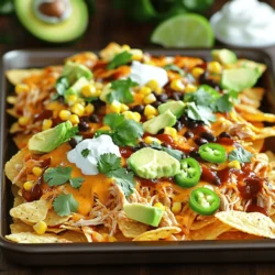 - 2 cups cooked shredded chicken - 1 cup BBQ sauce - 1 bag (12 oz) tortilla chips - 2 cups shredded cheddar cheese - 1 cup black beans, drained and rinsed - 1 cup corn kernels - 1 jalapeño, sliced - 1/2 red onion, finely chopped - 1 avocado, diced - Fresh cilantro, chopped - Sour cream for serving - Lime wedges for serving You will need cooked shredded chicken for this dish. This can be from a rotisserie chicken or made at home. Mix this chicken with BBQ sauce to give it a rich, sweet, and tangy flavor. The tortilla chips act as the base, holding all the tasty toppings. Next, we add shredded cheddar cheese. It melts nicely, creating a gooey layer. Black beans and corn add fiber and a nice texture. Sliced jalapeño gives a kick if you like heat. Red onion adds a crisp bite, while avocado adds creaminess. Fresh cilantro brings a burst of flavor. Lastly, sour cream and lime wedges help balance the dish with a cool touch. You can find the Full Recipe in the complete article. Enjoy creating this fun and easy meal! First, you need to preheat your oven to 375°F (190°C). This step is key for crispy nachos. While the oven warms up, mix your cooked chicken with BBQ sauce in a medium bowl. Make sure the chicken gets fully coated. Adjust the sauce to your taste for extra flavor. Next, line a large baking sheet with parchment paper. This will make cleanup easy and keep your nachos from sticking. Spread the tortilla chips evenly on the sheet. Now, add the BBQ chicken mixture on top of the chips. Sprinkle black beans, corn, and red onion over everything. If you like heat, add jalapeño slices. Finish with a generous layer of shredded cheddar cheese. Place the sheet pan in your preheated oven. Bake the nachos for 15-20 minutes. Watch for when the cheese starts to bubble and melt. Once done, take the pan out and quickly add diced avocado and fresh cilantro on top. Serve your nachos hot with sour cream and lime wedges for extra flavor. For the full recipe, check out the [Full Recipe]. To ensure even cheese melting, spread shredded cheese all over the nachos. This helps each chip get its share of gooey goodness. Use a mix of cheese types for extra flavor. I love using sharp cheddar and Monterey Jack together. This combo melts well and adds a nice kick. For crispy chips, layer the chips in a single layer. If they overlap, some chips may get soggy. Also, bake them for just the right time. Keep an eye on them, so you catch the moment the cheese bubbles. You want it hot and melty, but not burnt. If you have dietary needs, you can swap ingredients. Use gluten-free chips if you need to avoid gluten. You can also replace the chicken with tofu or tempeh for a vegan option. Choosing the right BBQ sauce is key. A sweeter sauce works well with the salty chips. If you like heat, pick a spicy BBQ sauce. You can even make your own sauce to control the flavors. Just mix ketchup, brown sugar, vinegar, and spices for a quick homemade sauce. For the full recipe, check the earlier section. {{image_2}} You can change the taste of your nachos easily. For a spicy kick, try spicy BBQ chicken nachos. Use a spicy BBQ sauce or add more jalapeños to the mix. The heat from the jalapeños adds great flavor. If you want a vegetarian option, swap out the chicken. You can use black beans or lentils as a protein source. These options still pack a punch of flavor. You can also add grilled veggies like peppers and zucchini for more taste. You have many choices for cheese on your nachos. While cheddar is great, try pepper jack for a spicy twist. You can also mix cheeses for a unique taste. Don’t stop at just cheese! Add more veggies like bell peppers, olives, or diced tomatoes. These toppings can make your nachos even better. You can also sprinkle on some pickled onions for a zingy taste. For more ideas, check the Full Recipe for different combinations you can try. Store leftover nachos in the fridge. Use an airtight container to keep them fresh. It is best to keep the nacho components separate. This helps maintain texture and flavor. You can store cooked chicken and toppings in separate containers. This way, you can enjoy each part later. You can also freeze the nacho components. Freeze the chicken and barbecue sauce together. You can store the beans and corn in separate bags. When freezing, make sure to use freezer-safe bags or containers. Label each bag with the date. This will help you track freshness. To reheat your nachos, use an oven for the best results. Preheat your oven to 350°F (175°C). Spread the nachos on a baking sheet. Heat them for about 10 minutes. This will keep them crispy and delicious. Avoid microwaving the nachos. Microwaving makes them soggy and chewy. If you must use a microwave, heat in short bursts. Add a paper towel on top to help absorb moisture. This way, you can keep your nachos tasty. Can I make this recipe ahead of time? Yes, you can prepare some parts in advance. Mix the chicken with BBQ sauce and store it in the fridge. You can also chop veggies like red onion and avocado ahead of time. Just layer the chips and toppings right before baking. What are the best sides to serve with nachos? Nachos pair well with many sides. Here are some ideas: - Fresh salsa - Guacamole - A simple green salad - Refried beans - Coleslaw These sides add freshness and balance to your meal. How can I make nachos vegan? You can easily make vegan nachos! Here are some swaps: - Use plant-based BBQ sauce. - Replace chicken with jackfruit or tofu. - Use dairy-free cheese or skip cheese entirely. - Load up on extra veggies like mushrooms and peppers. These changes keep the flavor while making it plant-based. What barbecue sauce is best for nachos? The best BBQ sauce for nachos depends on your taste. I like using a sweet and smoky sauce. You can also try: - Spicy BBQ for a kick. - Tangy mustard-based sauce for something different. - A homemade BBQ sauce for fresh flavors. Experiment with different sauces to find your favorite. For a full recipe, check out the link to our Cheesy Sheet Pan BBQ Chicken Nachos. You learned how to make tasty sheet pan BBQ chicken nachos. We covered key ingredients like chicken, chips, and various toppings. I shared tips on perfect cheese melting and how to adjust ingredients for special diets. The ideas for variations allow you to mix flavors too. Remember to store leftovers properly and reheat for the best taste. These nachos are easy to make, fun to eat, and perfect for any occasion. Now, go enjoy your delicious creation!