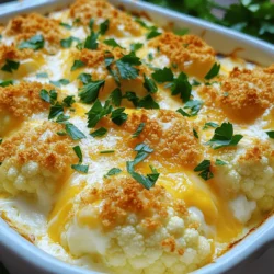 - 1 large head of cauliflower, cut into florets - 2 cups shredded sharp cheddar cheese - 1 cup cream cheese, softened - 1/2 cup sour cream - 1/4 cup grated Parmesan cheese - 1 teaspoon garlic powder - 1 teaspoon onion powder - Salt and pepper to taste - 1/2 cup breadcrumbs - Fresh parsley, chopped for garnish The key to a great cheesy cauliflower bake starts with fresh, high-quality ingredients. You want to use a large head of cauliflower, cut into florets. This gives you nice bite-sized pieces that hold the cheese well. Next, the cheese! I always use sharp cheddar for a bold flavor. The cream cheese and sour cream add a rich, creamy texture. They help bind everything together. Don’t forget the Parmesan; it brings a salty kick. Seasonings matter too. Garlic powder and onion powder add depth. You can adjust salt and pepper to your taste. If you want some crunch, consider optional toppings. Breadcrumbs add a nice texture contrast. Chop some fresh parsley for a pop of color and flavor. For the full recipe, check out the instructions above. You'll have a delicious dish that everyone will love! 1. First, preheat your oven to 375°F (190°C). This step helps cook the dish evenly. 2. Next, take a large pot and fill it with salted water. Bring it to a boil. 3. Add the cauliflower florets to the boiling water. Cook them for about 5-7 minutes. 4. You want them just tender, not mushy. Drain the florets and set them aside. 1. In a large mixing bowl, combine softened cream cheese, sour cream, garlic powder, onion powder, and salt. 2. Mix until the mixture is smooth and creamy. This creates a rich base for your bake. 3. Fold in the shredded cheddar cheese and half of the grated Parmesan cheese. Stir until well combined. 1. Gently mix in the cooked cauliflower florets. Make sure each piece is coated in the cheese mixture. 2. Transfer this mixture to a greased baking dish. Spread it out evenly. 3. If you want a crunchy topping, sprinkle breadcrumbs on top. Then, add the rest of the Parmesan cheese. 4. Bake in the preheated oven for 25-30 minutes. Look for a golden, bubbly top. 5. Once done, remove it from the oven. Let it cool for a few minutes. 6. Garnish with freshly chopped parsley for a pop of color. For the full recipe, check out the earlier section. Enjoy your cheesy cauliflower bake! To make your Cheesy Cauliflower Bake creamy, blend the cheese mixture well. If you like a chunkier texture, mix less. You can adjust the baking time to fit your taste. For a softer bake, go for 30 minutes. If you prefer a firmer dish, check it at 25 minutes. Spices can boost flavor. Try adding paprika for heat or thyme for earthiness. You can also use fresh herbs, like chives or basil. For a twist, swap cheddar for Gouda or Gruyère cheese. These cheeses add unique flavors and pair well with cauliflower. This bake goes great with grilled chicken or a fresh salad. For a complete meal, serve it alongside roasted veggies or quinoa. You can also enjoy it as a hearty side at gatherings. It complements many main dishes and brings joy to the table. For the full recipe, check out the section above. {{image_2}} To make a low-carb version of Cheesy Cauliflower Bake, swap the breadcrumbs for crushed pork rinds. This keeps the crunch without adding carbs. For a dairy-free option, use cashew cream instead of cream cheese and choose plant-based cheese. This way, you keep the creamy texture while making it dairy-free. You can add many veggies to your bake. Spinach or broccoli works great. If you want protein, think about adding cooked chicken or bacon bits. For a fun twist, try different toppings. Crispy fried onions or even a sprinkle of paprika can add extra flavor and crunch. Using different cheeses can change the flavor of the dish. A blend of mozzarella and gouda gives a rich taste. You could also try local cheeses, like pepper jack for some heat or feta for a tangy bite. Mixing cheeses lets you explore new flavors while making your Cheesy Cauliflower Bake unique. For the full recipe, check out the [Full Recipe]. After making your cheesy cauliflower bake, let it cool. Store leftovers in an airtight container. This keeps the dish fresh and tasty. Glass or plastic containers work well. Make sure the lid seals tightly to avoid moisture loss. To reheat, you can use the microwave or oven. For the microwave, place a portion on a plate. Heat it for about 1-2 minutes, checking often. For the oven, preheat it to 350°F (175°C). Place the dish in for about 15-20 minutes. Cover it with foil to keep it moist. This keeps the cheese creamy and flavorful. You can freeze your cheesy cauliflower bake. If you want to freeze it before baking, wrap it well in plastic wrap. Once you are ready to bake, thaw it overnight in the fridge. If you freeze it after baking, let it cool first. Store it in a freezer-safe container. To reheat, thaw it in the fridge, then bake as usual. This way, you have a meal ready for another day. How do I know when the cauliflower is cooked correctly? You will know the cauliflower is cooked when it is tender but not mushy. It should be easy to pierce with a fork but still hold its shape. Aim for about 5-7 minutes of boiling. This step is key for a good texture in your cheesy bake. Can I prepare the cheesy mixture in advance? Yes, you can prepare the cheesy mixture ahead of time. Just mix the cream cheese, sour cream, and spices, then store it in the fridge. When you're ready, stir in the cheese and cauliflower. This saves time on busy days! What can be substituted for sour cream? If you want a substitute for sour cream, try using Greek yogurt. It gives a similar tangy flavor and creamy texture. Another option is cottage cheese blended until smooth. Both work well in this recipe. Why is my bake watery? A watery bake can happen if the cauliflower is overcooked or if it releases too much water. Make sure to drain it well after boiling. If it still seems watery, you can bake it longer to help evaporate the excess liquid. How can I make my cauliflower bake less salty? To reduce saltiness, try using unsalted butter or cheese in your mix. You can also add a bit more cauliflower to balance the flavors. Adding a touch of sugar can help cut the salt taste too. Can I use frozen cauliflower instead of fresh? Yes, you can use frozen cauliflower. Just make sure to thaw and drain it well before mixing. Frozen cauliflower can be softer, so keep an eye on the cooking time. What are the best alternatives for gluten-free diets? For a gluten-free version, skip the breadcrumbs or use gluten-free ones. You can also sprinkle crushed gluten-free crackers on top for crunch. This way, everyone can enjoy a tasty bake! For the full recipe, check out the Cheesy Cauliflower Bake section. This blog post provided a complete guide to making a delicious cauliflower bake. You learned about the main ingredients, step-by-step instructions, and clever tips. The variations let you customize the dish while catering to dietary needs. Lastly, we covered storage methods to keep your leftovers tasty. Now you have the tools to create a creamy, flavorful dish everyone will enjoy. Get cooking and make this recipe your own!