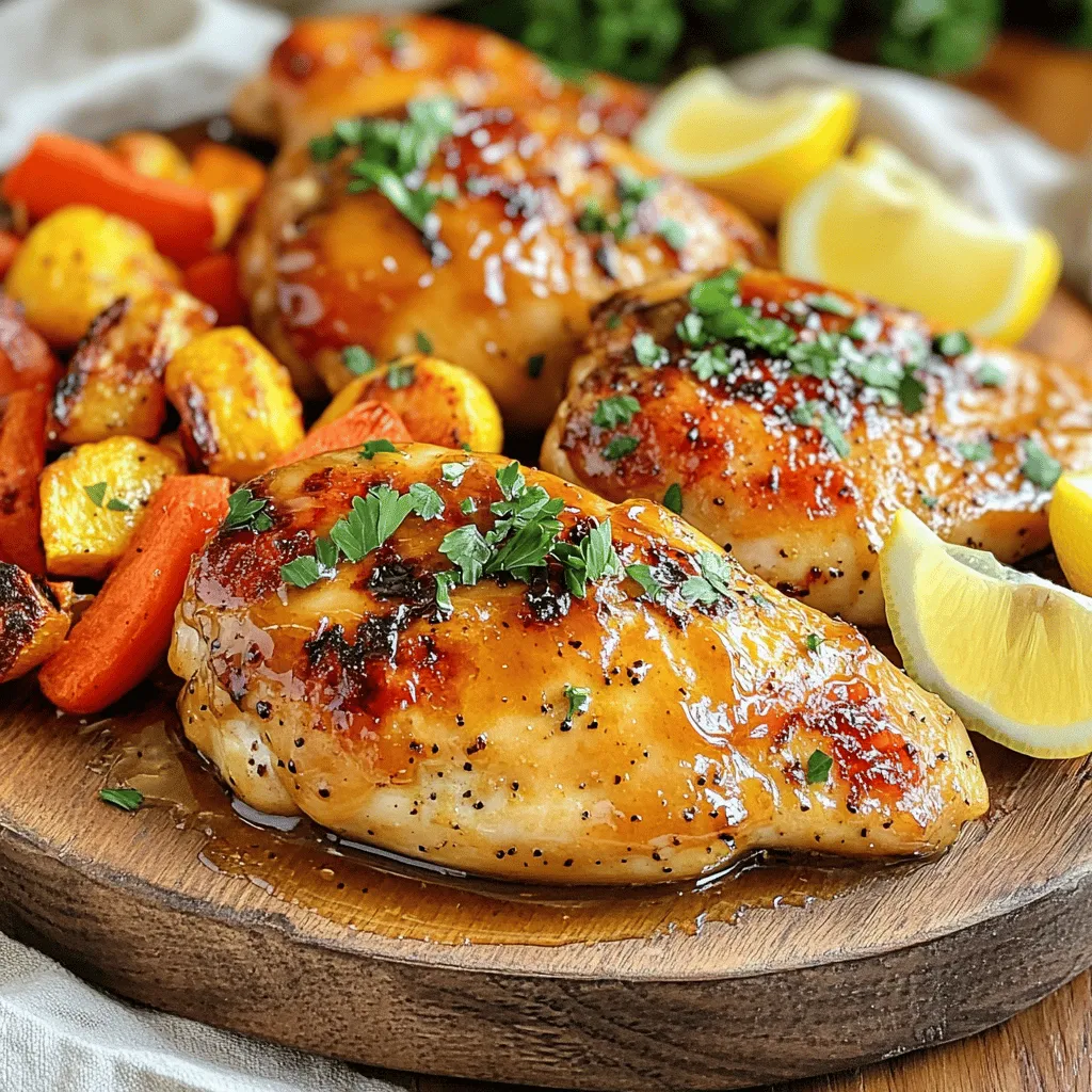 - 4 boneless, skinless chicken breasts - 1/4 cup honey - 1/4 cup Dijon mustard - 2 tablespoons olive oil - 2 cloves garlic, minced - 1 teaspoon dried thyme - 1 teaspoon smoked paprika - Salt and pepper to taste - Fresh parsley, chopped (for garnish) For this honey mustard glazed chicken, you need fresh and simple ingredients. The chicken breasts are the star. They are lean and cook well. Honey gives a sweet flavor, while Dijon mustard adds a nice tang. You also need olive oil, garlic, and herbs. Garlic adds depth, and thyme brings a warm note. Smoked paprika gives a hint of smoke. Salt and pepper are key for seasoning. Finally, fresh parsley brightens the dish. Using quality ingredients makes a big difference. It helps the flavors shine. You can find everything at your local grocery store. For the full recipe, follow the link to create this delightful dish! - Whisk together marinade ingredients In a small bowl, mix honey, Dijon mustard, olive oil, minced garlic, dried thyme, smoked paprika, salt, and pepper. Whisk until well combined. - Marinate chicken breasts Place the chicken breasts in a large resealable bag or a shallow dish. Pour the honey mustard mixture over the chicken. Make sure each piece gets coated well. Seal the bag or cover the dish. Marinate for at least 30 minutes or up to 2 hours in the fridge. This adds great flavor. - Grill chicken to perfection Preheat your grill over medium-high heat. Take the chicken out of the marinade, letting excess drip off. Grill the chicken for about 6-7 minutes on each side. Cook until the chicken reaches 165°F. It should look caramelized and golden brown. - Let chicken rest before slicing Remove the chicken from the grill. Let it sit for 5 minutes before slicing. This helps keep the juices inside. - Drizzle with extra glaze Once sliced, drizzle any leftover glaze over the chicken. This boosts flavor and makes it look appealing. - Garnish with fresh parsley Add chopped fresh parsley on top for color and freshness. This simple touch makes a big difference. For the full recipe, check out the [Full Recipe]. To get the best flavor from your honey mustard glazed chicken, marinate for at least 30 minutes. For even better taste, try marinating for up to 2 hours. Always keep the chicken in the fridge while it marinates. If you have leftover marinade, you can store it in an airtight container for later use. Just make sure to use it within 3 days. When grilling chicken, set the grill to medium-high heat. This helps the chicken cook evenly and get that nice caramelized look. To check if the chicken is done, use a meat thermometer. The internal temperature should be 165°F (75°C). Another good sign is when the juices run clear, not pink. For a great look, serve the honey mustard glazed chicken on a nice platter. Pair it with sides like roasted vegetables or a fresh green salad. You can also add lemon wedges for a splash of color and extra flavor. A sprinkle of fresh parsley on top adds a gorgeous touch. Try to make your meal look as good as it tastes! {{image_2}} You can mix up the taste of honey mustard glazed chicken. Try a honey mustard teriyaki glaze. This adds a sweet and savory twist. Just mix some soy sauce with the honey mustard. You will love how it enhances the flavor. Another way to spice things up is by adding hot mustard. It gives your dish a nice kick. This variation works well if you enjoy spicy food. If you want a different cooking method, you can bake the chicken. Preheat your oven to 375°F (190°C). Place the marinated chicken on a baking sheet. Bake for about 25-30 minutes or until it reaches 165°F (75°C). You can also use an air fryer for a crispy finish. Set it to 375°F (190°C) and cook for about 15-20 minutes. Check the chicken often to ensure it cooks evenly. For those who need gluten-free options, use gluten-free mustard. Also, check your honey for gluten-free labels. You can easily enjoy this dish without the gluten. If you're watching carbs, consider using less honey. You can also replace it with sugar-free alternatives. This way, you can enjoy the flavors without the carbs. For the best storage, let your honey mustard glazed chicken cool down. Place it in an airtight container. This helps keep it fresh. You can store it in the fridge for up to four days. If you want to save it longer, freezing is a great option. To freeze your chicken, wrap each piece in plastic wrap. Then, place them in a freezer bag. Make sure to remove as much air as possible. You can freeze it for up to three months. When you're ready to use it, move the chicken to the fridge to thaw overnight. The best way to reheat chicken is in the oven. Preheat your oven to 350°F (175°C). Place the chicken in a baking dish and cover it with foil. This keeps it moist. Heat for about 15-20 minutes or until warm. You can also use a microwave, but be careful not to dry it out. Heat in short bursts and check often. Yes, you can use chicken thighs. They are more juicy and flavorful. Cook thighs for about 7-8 minutes per side on the grill. Check the internal temperature to reach 165°F (75°C). Thighs may take a bit longer due to their size and fat content. To keep your chicken juicy, marinate it well. Use the honey mustard mixture for at least 30 minutes. Avoid overcooking by using a meat thermometer. Let the chicken rest after grilling. This keeps the juices inside and makes each bite tender. Many sides go great with this dish. You can try roasted vegetables like carrots and bell peppers. A fresh salad with greens adds crunch. Mashed potatoes or rice complement the glaze nicely. For a twist, serve with quinoa or couscous. You can also add lemon wedges for extra flavor. This blog post covers everything you need to prepare Honey Mustard Glazed Chicken. You learned the key ingredients, preparation steps, and cooking methods for juicy chicken. I shared tips for marinating, grilling, and serving to impress. Consider the variations to keep meals exciting and ensure storage methods keep leftovers fresh. By following these guidelines, you can create a delicious dish that fits different diets and cooking styles. Enjoy your cooking journey and savor every bite of your creation!