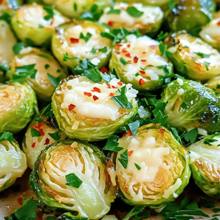 - 1 lb Brussels sprouts, trimmed and halved - 4 cloves garlic, minced - 1/4 cup grated Parmesan cheese - 3 tablespoons olive oil - 1 teaspoon salt - 1/2 teaspoon black pepper - 1/2 teaspoon red pepper flakes (optional) - Fresh parsley, chopped (for garnish) - Other cheese alternatives - Additional herbs and spices - Nutritional yeast for a vegan option Gathering the right ingredients is key to making Roasted Garlic Parmesan Brussels Sprouts. You need fresh Brussels sprouts for the best flavor. I love using about 1 pound, trimmed and halved, to ensure even cooking. Garlic is a must; four cloves, minced, will add a rich taste. Parmesan cheese takes these sprouts to another level. A quarter cup will do the trick. Olive oil helps them roast beautifully, so three tablespoons will be perfect. Don’t forget salt and black pepper for seasoning! A teaspoon of salt and half a teaspoon of black pepper will enhance the flavors. If you like a kick, add half a teaspoon of red pepper flakes; it's optional, but I think it adds great heat! For a pretty finish, I recommend fresh parsley, chopped, to garnish your dish. If you want to get creative, consider using different cheese or herbs. Nutritional yeast can work too if you're vegan. It's all about making this dish your own. Check out the Full Recipe for more cooking tips! - Preheat your oven to 400°F (200°C). - Prepare the Brussels sprouts by trimming and halving them. First, you want to make sure your oven is nice and hot. Preheating it to 400°F (200°C) helps the Brussels sprouts roast evenly. This step is key for achieving that perfect crispy outside while keeping the inside tender. Next, grab your Brussels sprouts. Trim off the ends and cut them in half. This makes them cook faster and ensures more flavor with each bite. - Combine ingredients in a large mixing bowl. - Toss to coat and spread on a baking sheet. - Roast in the oven and add Parmesan cheese at the end. In a large mixing bowl, combine the halved Brussels sprouts, minced garlic, olive oil, salt, black pepper, and red pepper flakes, if you want a kick. Toss everything together well, so the sprouts get coated. This is where the flavor magic begins! Spread the Brussels sprouts out on a baking sheet in a single layer. Roasting them this way ensures they cook evenly. Pop that baking sheet into your preheated oven and set a timer for 20-25 minutes. Flip them halfway through for even crispiness. When they are golden brown, take them out. Immediately sprinkle the grated Parmesan cheese over the hot Brussels sprouts. The heat will melt the cheese, adding a rich, savory flavor. - Remove from the oven, garnish with parsley, and serve. Once your Brussels sprouts are done roasting, take them out of the oven. They should look golden and delicious! Garnish with fresh parsley for a pop of color and freshness. Serve them warm, and watch them disappear! You can find the full recipe for Roasted Garlic Parmesan Brussels Sprouts to try this tasty dish at home. To roast Brussels sprouts well, start with the right size. Choose sprouts that are about the same size. This ensures even cooking. Trim the ends and cut them in half. This helps them cook faster. During roasting, flip the Brussels sprouts halfway through. This gives them a nice, even browning. Use a spatula to turn them gently. This prevents them from falling apart. Cooking time depends on the size of the Brussels sprouts. Smaller sprouts may need less time, around 20 minutes. Larger sprouts might need closer to 30 minutes. Keep an eye on them as they roast. For a crispy finish, roast until they are golden brown. If you want extra crunch, leave them in for a few more minutes. Just watch carefully so they don’t burn. A squeeze of lemon juice can brighten the dish. Just add it right before serving for a fresh taste. You can also try balsamic glaze. Drizzle it over the Brussels sprouts after roasting. It adds a sweet and tangy flavor that pairs well with the garlic and Parmesan. For the full recipe, check out the steps above to enjoy this delightful side. {{image_2}} You can change the taste of roasted Brussels sprouts by adding different cheeses. Try using feta or goat cheese for a tangy twist. Mixing in other vegetables also adds fun. Carrots, sweet potatoes, or bell peppers can all roast well. They give color and extra flavor. If you want a vegan option, use nutritional yeast instead of cheese. It gives a cheesy flavor without dairy. For gluten-free needs, check labels on spices and oils. Most ingredients are safe, but always double-check. Using seasonal herbs can enhance the dish. In spring, try fresh dill or parsley. In fall, add sage or thyme for a warm flavor. Adjusting spices also helps with the seasons. For winter, add more warmth with cinnamon or nutmeg. This keeps the dish fresh and exciting. You can find the full recipe for Roasted Garlic Parmesan Brussels Sprouts in another section. To keep your Roasted Garlic Parmesan Brussels sprouts fresh, use an airtight container. Glass or plastic containers both work well. Store them in the fridge for up to three days. If you want to enjoy them later, make sure they cool down before sealing. Reheat your Brussels sprouts in the oven for the best texture. Preheat the oven to 350°F (175°C) and bake for about 10 minutes. This keeps them crispy. You can use the microwave too, but they might get soggy. If you choose the microwave, heat them in short bursts, checking often. To freeze your roasted Brussels sprouts, let them cool completely. Spread them out on a baking sheet and freeze for about an hour. This stops them from sticking together. Once frozen, place them in a freezer bag. They can last up to three months. When you're ready to eat, thaw them in the fridge overnight. Reheat in the oven for the best results. Can I use frozen Brussels sprouts? Yes, you can use frozen Brussels sprouts. However, they may not get as crispy. Frozen sprouts often hold more water. This can lead to sogginess when cooked. If you choose frozen, thaw them first. Pat them dry with a towel to remove excess moisture. What can I serve with Roasted Garlic Parmesan Brussels Sprouts? These Brussels sprouts pair well with many dishes. Try serving them with roasted chicken or grilled steak. They also work nicely with pasta or quinoa. For a vegetarian option, serve them alongside a hearty grain salad. Why are my Brussels sprouts soggy? Soggy Brussels sprouts often come from cooking them too long or overcrowding the pan. Make sure to spread them out on the baking sheet. This allows for even cooking and crispiness. Also, be sure to dry them well before cooking. How do I get them crispy? To achieve crispy Brussels sprouts, use high heat and enough oil. I recommend roasting at 400°F (200°C). Flip them halfway through cooking to ensure even browning. Adding Parmesan at the end also helps create a wonderful crispy layer. What is the secret to the best flavor? The key to great flavor lies in the garlic and Parmesan. Fresh garlic brings a strong taste. Parmesan adds a rich, nutty flavor. Don't skip the red pepper flakes if you like a little heat. They elevate the dish beautifully. Can I make this recipe ahead of time? You can prepare Brussels sprouts ahead of time. Trim and halve them, then store in the fridge. Toss them with oil and seasonings just before roasting. This keeps them fresh and tasty. For a complete guide, check the Full Recipe. In this post, we explored how to make Roasted Garlic Parmesan Brussels Sprouts. We covered essential ingredients, step-by-step instructions, and useful tips. Remember to adjust cooking times based on sprout size for perfect crispiness. You can also try various cheese and seasoning options to enhance flavors. Proper storage and reheating methods help you enjoy leftovers too. Now you can impress friends and family with this tasty dish!
